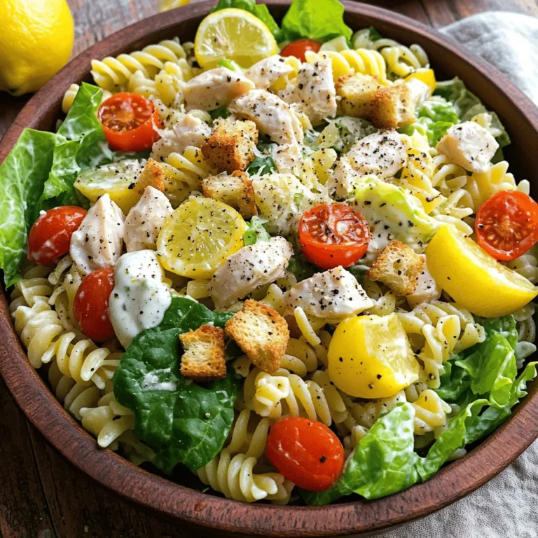 To make a tasty Chicken Caesar Pasta Salad, gather these ingredients: - 2 cups rotini or penne pasta - 1 cup cooked chicken breast, diced - 1 cup romaine lettuce, chopped - 1/2 cup cherry tomatoes, halved - 1/2 cup freshly grated Parmesan cheese - 1/4 cup Caesar dressing - 1/4 cup Greek yogurt (to enhance creaminess) - 1 tablespoon freshly squeezed lemon juice - Salt and freshly ground black pepper to taste - Croutons, for garnishing This salad is not just tasty; it also packs a nutritious punch. Each serving is rich in protein from the chicken and yogurt. The pasta provides healthy carbs, while the romaine adds fiber. Parmesan cheese gives calcium, and tomatoes add vitamins. Using Greek yogurt instead of all dressing lowers fat and boosts protein. To make your salad even better, try these toppings: - Extra Parmesan cheese - Fresh herbs like basil or parsley - Sliced olives for a briny kick - Avocado for creaminess - Toasted nuts for crunch Feel free to mix and match these toppings to suit your taste. For the full recipe, check the earlier section. Enjoy your salad! To start, fill a large pot with water and add salt. Bring the water to a rolling boil. Once boiling, add 2 cups of rotini or penne pasta. Cook it according to the package directions until it is al dente. This usually takes about 8 to 10 minutes. After cooking, drain the pasta in a colander. Rinse it under cold water to stop the cooking. This helps cool the pasta for the salad. Next, grab a small mixing bowl. In this bowl, combine 1/4 cup of Caesar dressing, 1/4 cup of Greek yogurt, and the juice from 1 tablespoon of freshly squeezed lemon. Use a whisk to mix these ingredients until they are smooth and blended well. Add a pinch of salt and some freshly ground black pepper to taste. This dressing will give your salad a creamy and zesty flavor. Now, take a large mixing bowl. Add the cooled pasta, 1 cup of diced cooked chicken breast, 1 cup of chopped romaine lettuce, and 1/2 cup of halved cherry tomatoes. Sprinkle in 1/2 cup of freshly grated Parmesan cheese. Gently toss these ingredients together. Make sure everything is evenly mixed. This step is important for the best taste. Finally, pour the creamy dressing over your pasta mixture. Use a spatula or wooden spoon to carefully toss it until all ingredients are coated. Taste the salad, and adjust the seasoning if needed. Cover the bowl and refrigerate the salad for at least 30 minutes. Chilling helps the flavors meld together. Before serving, sprinkle croutons on top for a nice crunch. Enjoy! You can find the complete recipe in the Full Recipe link. To make great pasta, use a large pot. Fill it with salted water. Bring the water to a strong boil. Add your rotini or penne pasta. Cook it until it's al dente, which means firm but not hard. This usually takes about 8 to 10 minutes. Once the pasta is done, drain it and rinse under cold water. This stops the cooking and cools it down fast. Mixing ingredients well is key for taste. Start with your cooled pasta in a big bowl. Add in the diced chicken, chopped romaine, and halved cherry tomatoes. Sprinkle the grated Parmesan cheese over the top. Use a spatula to gently toss all the ingredients together. Be careful not to break the pasta or veggies. You want even mixing without mush! Seasoning can make or break your dish. Use salt and freshly ground black pepper to boost flavors. When making the dressing, mix the Caesar dressing, Greek yogurt, and lemon juice well. Taste the dressing before adding it to the salad. Adjust the seasoning if needed. A little extra lemon juice can brighten the flavors. Don't forget to add croutons on top for a crunchy finish! For the full recipe, check out the details above. {{image_4}} You can boost your Chicken Caesar Pasta Salad by adding proteins like shrimp or bacon. Shrimp cooks quickly and adds a nice seafood flavor. Just sauté them in a pan for a few minutes. Bacon gives a crispy, salty kick. Cook it, crumble it, and mix it in. Both options make your salad heartier and more filling. For a vegetarian twist, swap out the chicken for grilled veggies or chickpeas. This keeps the protein but adds great texture. If you want a vegan option, use plant-based Caesar dressing and skip the cheese. You can also try nutritional yeast for a cheesy flavor. These changes make the salad tasty while meeting different diets. You can change the dressing to fit your taste. Try a yogurt-based ranch for a creamier flavor or a vinaigrette for a lighter touch. You can also mix in some pesto for a fresh twist. Each dressing brings its own flair to the salad, making it fun to try new things. For the full recipe, check out the details above. To keep your Chicken Caesar Pasta Salad fresh, place any leftovers in an airtight container. This helps preserve the taste and texture. It’s best to store the salad in the fridge. The cold temperature slows spoilage. Enjoy the leftovers within three days for the best flavor. I recommend using glass containers with tight-fitting lids. Glass is great for keeping food fresh. It also helps you see what’s inside. If you prefer plastic, choose BPA-free containers. Make sure they seal well to keep your salad crisp. Freezing Chicken Caesar Pasta Salad is not ideal. The lettuce and dressing may lose their texture. If you still want to freeze it, separate the dressing from the salad. You can freeze the pasta and chicken together. When ready to eat, thaw it in the fridge overnight. Mix in fresh lettuce and dressing just before serving. This keeps everything tasty and fresh. You can use ranch dressing or yogurt-based dressings. Both add a creamy touch. You can also blend olive oil, garlic, and lemon juice for a fresh sauce. These options keep the flavor nice and light. Yes, you can make this salad a day ahead. Just mix everything but the croutons. Add the croutons just before serving to keep them crunchy. This way, the flavors meld together nicely. This pasta salad lasts about three to four days in the fridge. Make sure to store it in an airtight container. Check for freshness before eating to ensure the best taste. You can serve it warm, but it is best chilled. The cold version highlights the flavors and textures. If you prefer warm, just toss the cooked pasta with the chicken and dressing right after cooking. Chicken Caesar pasta salad is a fun dish packed with flavor. We covered the key ingredients, cooking steps, and tips for the best results. You can add proteins or switch flavors for variety. Don’t forget how to store leftovers properly for later. This dish is easy and fits many tastes. You can make it quickly and share it with friends or family. Enjoy your tasty creation, and get ready to dig in!