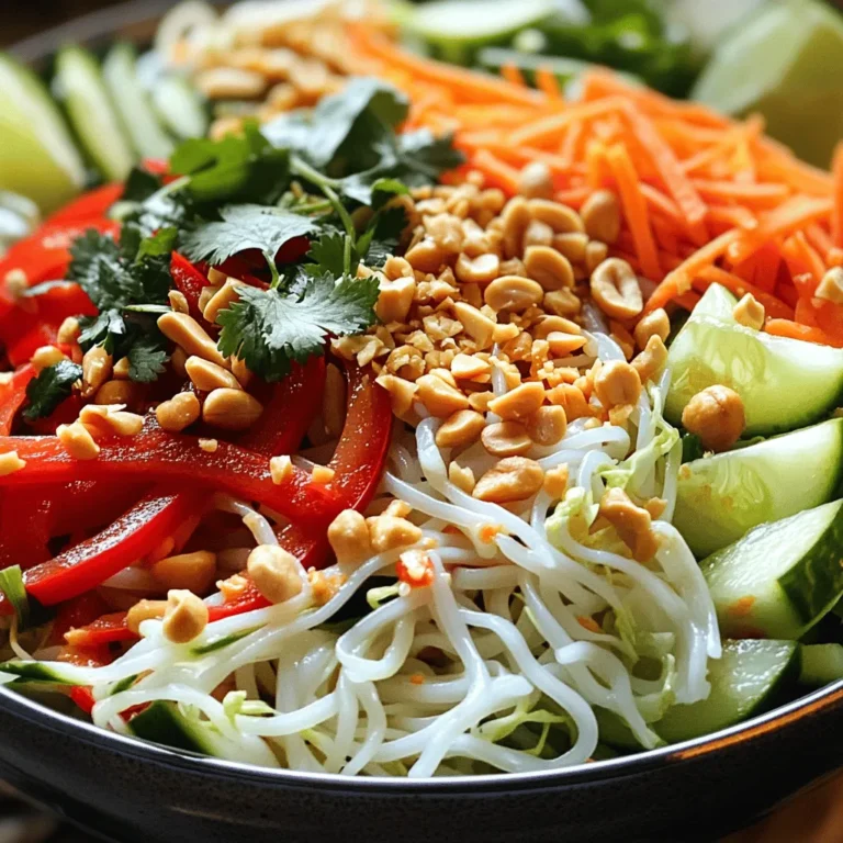 - 8 oz rice noodles - 1 red bell pepper, thinly sliced - 1 cup shredded carrots - 1 cucumber, julienned - 1 cup bean sprouts - 1/4 cup fresh cilantro, roughly chopped - 1/4 cup roasted peanuts, coarsely crushed - 2 green onions, sliced - 3 tablespoons fish sauce (or vegetarian alternative, soy sauce) - 2 tablespoons freshly squeezed lime juice - 1 tablespoon brown sugar - 1 tablespoon toasted sesame oil - 1–2 tablespoons sriracha (adjust based on heat preference) This salad is light yet filling. It has about 250 calories per serving. The rice noodles provide carbs for energy. Fresh veggies add fiber, vitamins, and minerals. Peanuts offer healthy fats and protein. The dressing gives a zing with fish sauce and lime. You can swap fish sauce for soy sauce if needed. Eating this salad supports good health due to its fresh ingredients. The mix of flavors and textures makes it a delight. Enjoy every bite! Check out the Full Recipe for full details. Start by boiling water in a pot. Add 8 oz of rice noodles to the water. Cook them as per the package instructions. Once the noodles soften, drain them. Rinsing with cold water is key. This stops cooking and keeps them from getting sticky. Set the noodles aside until you need them. Grab a sharp knife and a cutting board. Thinly slice the red bell pepper. Shred the carrots with a grater. Julienne the cucumber into thin strips. Add 1 cup of bean sprouts. In a large bowl, mix all the veggies. Toss them gently to combine. This makes sure each vegetable is evenly mixed. In a smaller bowl, mix the dressing. Whisk together 3 tablespoons of fish sauce, 2 tablespoons of lime juice, and 1 tablespoon of brown sugar. Add 1 tablespoon of toasted sesame oil. For spice, include 1–2 tablespoons of sriracha. Taste the dressing and adjust as needed. You can make it sweeter or spicier based on your choice. Now, add the cooled rice noodles to the big bowl of vegetables. Pour the dressing over the top. Use gentle tossing motions to mix everything. This ensures each noodle and veggie gets coated with the tasty dressing. Transfer the salad to a colorful serving platter. Top it off with crushed roasted peanuts for crunch. Sprinkle fresh cilantro on top for flavor and color. For a nice touch, add lime wedges on the side. This salad looks great and tastes even better! Check the Full Recipe for more details. To boost flavor, add fresh lime juice. Lime brings great brightness. You can also add more herbs. Fresh mint or basil works well. If you want it spicier, adjust the sriracha. Start with one tablespoon and taste. Add more if you like heat! If you need gluten-free, choose rice noodles. They are a great alternative. For sauces, use tamari instead of soy sauce. If you want to skip fish sauce, use soy sauce or coconut aminos. These options keep the taste fresh. To make this salad in advance, cook the noodles and chop the veggies. Store ingredients separately in the fridge. This keeps everything crisp. When ready, mix them with dressing just before serving. This way, the salad tastes fresh. {{image_4}} You can add shrimp, chicken, or tofu to your Spicy Thai Noodle Salad. Each protein brings its own flavor and texture. For shrimp, cook them in a hot pan for just a few minutes until they turn pink. Use about 8 oz for a nice boost of protein. If chicken is your choice, grill or sauté about 1 cup of diced chicken until cooked through. For a plant-based option, use firm tofu. Cube about 8 oz and pan-fry until golden. Each of these options enhances the salad and makes it more filling. To make a vegan version, simply eliminate fish sauce and any meat. Replace fish sauce with soy sauce or a mix of soy and lime juice. This keeps the flavor rich while staying plant-based. You can add more vegetables like snap peas or radishes for crunch. Avocado is also a great addition for creaminess. Feel free to mix and match veggies based on what you love or have at home. Change your salad with the seasons by using fresh, local veggies. In spring, consider adding asparagus or peas. Summer is perfect for ripe tomatoes or zucchini. Fall brings hearty options like shredded Brussels sprouts or roasted squash. In winter, you can add kale or root vegetables. Adapting your recipe with seasonal ingredients keeps it exciting and fresh all year round. Explore new flavors and textures with each season. You can check the [Full Recipe] for more ideas to elevate your dish! To store leftovers properly, place the salad in an airtight container. Make sure to keep the salad separate from the dressing if you plan to eat it later. This helps maintain the crunch of the veggies. When stored this way, the salad lasts about three days in the fridge. If you mix the dressing in, aim to eat it within two days for the best taste. You can freeze the Spicy Thai Noodle Salad, but it's not ideal. Freezing can change the texture of the vegetables. If you decide to freeze it, use a freezer-safe container. Thaw the salad in the fridge overnight for best results. To serve, let it sit at room temperature for about 15 minutes after thawing. This helps bring back some freshness. To reheat the salad, use a microwave at low power. Heat it in 30-second intervals, stirring in between. This method keeps the noodles and veggies from becoming mushy. If you prefer it cold, serve it straight from the fridge. A squeeze of fresh lime juice can brighten the flavors after refrigeration. Preparing Spicy Thai Noodle Salad takes about 15 minutes. Cooking the rice noodles adds another 10 minutes. In total, you spend around 25 minutes. This recipe yields 4 servings, perfect for sharing or meal prep. Yes, you can make this salad ahead of time. I suggest preparing the vegetables and dressing first. Store them in separate containers. When you're ready to serve, combine everything. This keeps the salad fresh and crisp. If you need a substitute for fish sauce, soy sauce works well. It’s great for vegetarians. You can also use coconut aminos for a milder flavor. These alternatives maintain the dish's salty taste. Absolutely! You can add protein like shrimp, chicken, or tofu. You can also swap out vegetables based on your taste. Try adding mango for sweetness or radishes for a crunch. The options are endless. To make this salad gluten-free, use rice noodles. For the dressing, ensure you pick gluten-free soy sauce. Check labels when buying ingredients to avoid hidden gluten. This way, everyone can enjoy the salad. The Spicy Thai Noodle Salad recipe combines vibrant ingredients for a tasty dish. You learned how to cook rice noodles, prepare fresh vegetables, and create a zesty dressing. The nutritional benefits of the main ingredients make this salad a healthy choice. Remember, you can adjust flavors and ingredients to suit your taste. Try adding proteins or seasonal veggies for new twists. Follow proper storage tips to enjoy leftovers or make it ahead of time. With these guidelines, you’re set for a flavorful, customizable meal.