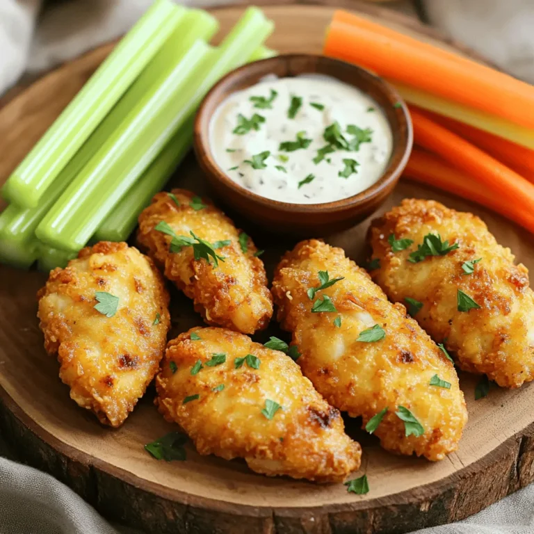 To make the best ranch chicken tenders, you need simple and fresh ingredients. Here’s what to gather: - 1 lb chicken tenders - 1 cup buttermilk - 1 cup all-purpose flour - 1/2 cup cornmeal - 1 packet ranch seasoning mix (approximately 1 oz) - 1 teaspoon garlic powder - 1 teaspoon paprika - Salt and pepper to taste - Oil for frying (canola or vegetable oil) - Fresh parsley, finely chopped (for garnish) These ingredients come together to create a crispy and flavorful dish. The buttermilk helps the chicken stay moist. The ranch seasoning and spices add great taste. Having the right tools makes cooking easier. Here’s what I recommend: - Large mixing bowl - Whisk - Skillet or frying pan - Tongs or slotted spoon - Paper towels - Serving platter These tools will help you mix, fry, and serve the chicken tenders perfectly. Want to kick up the flavor? Here are some fun add-ins: - Crushed red pepper for heat - Grated Parmesan cheese for a savory touch - Lemon zest for brightness - Chopped green onions for crunch You can mix these into your breading for a unique twist. Enjoy experimenting with flavors! Making ranch chicken tenders is easy and fun. First, gather all your ingredients. You want everything ready to go. Start by marinating the chicken tenders in buttermilk. This step is crucial as it helps the chicken stay moist and tender. You should let it sit in the fridge for at least 30 minutes. This allows the flavors to soak in and makes the chicken taste great. Take your chicken tenders and place them in a large mixing bowl. Pour in 1 cup of buttermilk. Make sure every piece is coated well. This buttermilk helps to break down the chicken's fibers, making it juicy. Cover the bowl tightly and refrigerate. You can marinate them for up to 2 hours if you have the time. The longer, the better for flavor! While the chicken marinates, it's time to make the breading. In a separate bowl, mix together 1 cup of all-purpose flour, 1/2 cup of cornmeal, and 1 packet of ranch seasoning. Add 1 teaspoon of garlic powder, 1 teaspoon of paprika, and some salt and pepper. Whisk it all together until it looks uniform. This mixture will give your chicken a crunchy and tasty crust. Once the chicken is marinated, take it out and let any extra liquid drip off. Now, coat each tender in the breading mixture. Press down firmly so the breading sticks well. This is key for that crispy texture we all love! You can find the full recipe at the end of this article. Enjoy making your ranch chicken tenders! To get your chicken tenders crispy, you need to focus on the breading. A good coating makes all the difference. First, allow the chicken to marinate in buttermilk. This adds moisture and flavor. After marinating, ensure you shake off any excess buttermilk. Dredge each tender in the breading mixture. Press down firmly to help the coating stick. The more you press, the crunchier your tenders will be. Fry them in hot oil to achieve that golden color. This high heat gives the perfect crispy finish. You can bake or fry your chicken tenders. Frying gives the best crispy texture. However, baking is a healthier option. To bake, preheat your oven to 425°F. Line a baking sheet with parchment paper. Place the breaded tenders on the sheet. Spray them lightly with cooking oil. Bake for about 20-25 minutes. Flip them halfway for even cooking. While they won’t be as crispy as frying, they will still be delicious. Avoid common mistakes to ensure great chicken tenders. First, don't rush the marinating time. It’s key to flavor and tenderness. Next, don’t overcrowd the skillet when frying. This lowers the oil temperature and leads to soggy tenders. Always check the oil temperature. If it’s too low, the chicken will absorb oil instead of frying. Lastly, remember to let the cooked tenders rest on paper towels. This helps remove excess oil and keeps them crispy. For the full recipe, check the section above. {{image_4}} To spice things up, add heat to your ranch chicken tenders. You can mix in cayenne pepper or hot sauce into the breading. This will give your tenders a nice kick. For an even bolder flavor, try using spicy ranch seasoning. It adds a layer of heat without losing the classic ranch taste. Serve these spicy tenders with a cooling dip, like sour cream or yogurt. If you're looking for a healthier option, try baking instead of frying. Coat the chicken tenders with a mix of whole wheat flour and crushed oats. This gives a crunchy texture with less fat. You can also use skinless chicken breasts for a leaner protein. Marinate the chicken in low-fat buttermilk and use less oil when cooking. Serve these tenders with a fresh salad for a lighter meal. Think about how you want to serve your ranch chicken tenders. For a casual lunch, pair them with fries and a dipping sauce. For a party, serve them on skewers with veggies. You can also arrange them on a platter with various dips like BBQ, honey mustard, or ranch. This way, guests can mix and match their flavors. These tenders fit well for game day, family dinners, or even movie night! After you enjoy your ranch chicken tenders, store leftovers in a sealed container. This keeps them fresh and tasty. Let them cool down first. If you place warm food in the fridge, it can create moisture. Moisture can make your tenders soggy. Keep the tenders in the fridge for up to three days. Use parchment paper to separate layers if stacking. To keep your ranch chicken tenders crispy when reheating, use an oven or an air fryer. Preheat the oven to 375°F. Place the tenders on a baking sheet lined with parchment paper. Heat for about 10-15 minutes or until hot. The air fryer is even faster. Set it to 350°F and heat for about 5-7 minutes. This method makes the coating nice and crunchy again. For long-term storage, you can freeze your chicken tenders. After cooking and cooling, place them in a freezer-safe bag. Remove as much air as possible to avoid freezer burn. They can last up to three months in the freezer. When ready to enjoy, thaw in the fridge overnight. Reheat using the oven or air fryer to restore their crispiness. This way, you can enjoy a quick meal anytime! For the full recipe, check the section below. You can make ranch seasoning with simple spices. Combine these: - 1 tablespoon dried parsley - 1 teaspoon dried dill - 1/2 teaspoon garlic powder - 1/2 teaspoon onion powder - 1/2 teaspoon salt - 1/4 teaspoon black pepper - 1/4 teaspoon paprika Mix these well and store in an airtight jar. This mix adds great flavor to your chicken tenders. Ranch chicken tenders pair well with many sides. Here are some tasty ideas: - Fresh carrot sticks - Celery sticks - Crispy fries - A simple green salad - A bowl of ranch dip for extra fun These sides balance the flavors and make a complete meal. Yes, chicken breasts work well too. Cut them into strips for even cooking. You may need to adjust cooking time. Ensure they reach an internal temperature of 165°F. This way, your chicken remains juicy and safe to eat. To make ranch chicken tenders, gather these simple ingredients: - 1 lb chicken tenders - 1 cup buttermilk - 1 cup all-purpose flour - 1/2 cup cornmeal - 1 packet ranch seasoning mix (approximately 1 oz) - 1 teaspoon garlic powder - 1 teaspoon paprika - Salt and pepper to taste - Oil for frying (canola or vegetable oil) - Fresh parsley, finely chopped (for garnish) Follow these steps to create crispy ranch chicken tenders: 1. Marinate the Chicken: In a bowl, mix chicken tenders with buttermilk. Cover and refrigerate for 30 minutes. 2. Prepare the Breading: In another bowl, whisk flour, cornmeal, ranch seasoning, garlic powder, paprika, salt, and pepper. 3. Heat the Oil: In a large skillet, heat oil over medium-high until it covers the bottom. 4. Coat the Chicken: Remove tenders from buttermilk. Dredge each in the breading mix. Press to ensure it sticks well. 5. Fry the Tenders: Place breaded tenders into the hot oil. Cook 4-5 minutes on each side until golden brown. Check the internal temperature is 165°F. 6. Drain and Garnish: Transfer tenders to a paper towel-lined plate. Sprinkle with parsley before serving. This recipe serves about four people. Each serving contains: - Calories: Approximately 350 - Protein: 25g - Carbohydrates: 30g - Fat: 15g These ranch chicken tenders are both tasty and filling! Enjoy them with a side of veggies or your favorite dip. For the full recipe, check out the cooking instructions above. In this article, we explored how to make ranch chicken tenders. You learned the essential ingredients, tools, and optional flavors. The step-by-step instructions guide you through marinating and breading. We shared tips for crispy results, alternative cooking methods, and common mistakes to avoid. You also discovered variations, storage tips, and answers to your questions. In conclusion, making ranch chicken tenders is fun and rewarding. You'll enjoy tasty meals that everyone loves. Keep experimenting, and you'll find your perfect version. Happy cooking!