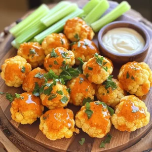 - Cauliflower - Flour and Alternatives - Seasonings and Sauces To make Buffalo Cauliflower Bites, you need a few key ingredients. The main star is cauliflower. Choose a medium head of cauliflower. Cut it into bite-sized florets. This gives you the right shape for baking. Next, you need flour. I recommend all-purpose flour. If you need a gluten-free option, use gluten-free flour instead. You will mix this flour with cold water. This creates a batter that will coat the cauliflower. Now, let’s talk about seasonings and sauces. You will need some garlic powder and onion powder. Both add a nice taste. Smoked paprika gives a little smokiness. Don’t forget salt to enhance all the flavors. Finally, you will use buffalo sauce. Pick your favorite brand for the right kick. A bit of olive oil will help blend the sauce. For garnish, fresh parsley adds a lovely touch. You can also serve the bites with celery sticks and ranch dressing. These add crunch and coolness to balance the heat. You can find the full recipe with step-by-step instructions to guide you. Enjoy making your tasty Buffalo Cauliflower Bites! 1. Preheat the oven: Start by setting your oven to 450°F (232°C). This high heat will help make your bites crispy. Line a baking sheet with parchment paper to keep the bites from sticking. 2. Prepare the batter: In a large bowl, mix 1/2 cup of flour, 1/2 cup of cold water, 1 teaspoon of garlic powder, 1 teaspoon of onion powder, 1/2 teaspoon of smoked paprika, and 1/2 teaspoon of salt. Whisk it all together until smooth. You want a nice, thick batter. 3. Coat the cauliflower: Take 1 medium head of cauliflower and cut it into small florets. Dip each piece into the batter. Make sure they are well-coated. Place the florets on the lined baking sheet, leaving space between them. 1. Initial baking time: Bake your cauliflower bites for about 20 minutes. They should look golden brown and crispy. Flip them halfway through the baking time to cook evenly. 2. Toss in buffalo sauce: While the cauliflower bakes, mix 1/2 cup of buffalo sauce with 2 tablespoons of olive oil in a bowl. When the 20 minutes are up, take the baking sheet out. Coat the hot cauliflower in the buffalo sauce mix, ensuring every piece is covered. 3. Final baking for crispiness: Put the coated cauliflower back in the oven. Bake for another 10 to 15 minutes. This step makes the bites even crispier and lets the sauce stick well. Enjoy these flavorful bites as a snack or a party treat! For the full recipe, check out the section above. To make your Buffalo Cauliflower Bites extra crispy, follow these steps: - Use cold water: Mixing the batter with cold water keeps it light and airy. This helps the coating fry up crispy. - Space them out: When you place the cauliflower on the baking sheet, give each piece some room. This allows hot air to move freely. To avoid soggy bites, consider these tips: - Don’t skip the baking time: Bake until golden brown. This ensures the moisture cooks out. - Flip halfway: Turning the bites helps them cook evenly. It also gives both sides a chance to crisp up. You can easily change some ingredients for your Buffalo Cauliflower Bites. Here are a few ideas: - Gluten-free flour options: Try almond flour or chickpea flour as a substitute. Both work well and add unique flavors. - Alternative sauces or seasonings: If you want a twist, use teriyaki sauce or a garlic herb mix. These can add exciting flavors to your bites. For the full recipe, check out the detailed instructions above. {{image_4}} You can change the flavor of your Buffalo Cauliflower Bites to suit your taste. If you love heat, try a spicy buffalo alternative. Add extra hot sauce or a pinch of cayenne pepper to the batter. This will give your bites an extra kick. You might also enjoy BBQ cauliflower bites. Just swap the buffalo sauce for your favorite BBQ sauce. This changes the whole vibe, making it sweet and smoky. Garnishing can elevate your bites. Fresh herbs and spices add color and flavor. Try using chopped cilantro or chives. They brighten the dish and give it a fresh twist. Unique dipping sauces also enhance your meal. Besides ranch dressing, consider blue cheese or a tangy yogurt sauce. These options can provide different taste experiences. You can even mix and match sauces for fun! To store leftover Buffalo Cauliflower Bites, let them cool first. Place them in an airtight container. This keeps them fresh and tasty. Make sure to eat them within three days for the best flavor. For reheating, preheat your oven to 350°F (175°C). Place the bites on a baking sheet lined with parchment paper. Heat for about 10-15 minutes until they get crispy again. You can also use an air fryer for a quick reheat. Just toss them in at 350°F for about 5 minutes. To freeze your Buffalo Cauliflower Bites, let them cool completely. Arrange them in a single layer on a baking sheet. Freeze for about an hour. Once they are firm, transfer them to a freezer bag. This method prevents them from sticking together. When you want to eat them, take out the bites and thaw them overnight in the fridge. You can also cook them straight from the freezer. Just add a few extra minutes to the baking time. Can I make buffalo cauliflower bites in an air fryer? Yes, you can! Air fryers work great for crispy bites. Set your air fryer to 400°F (200°C). Cook the coated florets for about 15-20 minutes. Shake the basket halfway through for even cooking. This method gives you a crunch without using much oil. How can I make these bites vegan? Making buffalo cauliflower bites vegan is easy. Simply replace the all-purpose flour with a gluten-free flour mix. Use a plant-based buffalo sauce, and ensure your ranch dressing is dairy-free. This keeps all the flavors while sticking to a vegan diet. What are the best dipping sauces to serve with buffalo cauliflower bites? Ranch dressing is a classic choice. You can also try blue cheese dressing for a tangy twist. For a lighter option, a yogurt-based dip works well. If you want something spicy, mix some hot sauce into your favorite dip. Each adds a nice touch to the bites! For the full recipe, check out the detailed instructions above. Enjoy your cooking! You now have a complete guide to making tasty buffalo cauliflower bites. We covered the ingredients you need, like cauliflower and flour, plus delicious seasonings. I provided clear steps for preparation and baking, ensuring that your bites will be crispy. You learned helpful tips for the best texture and variations to suit your taste. Remember to store your leftovers properly for future enjoyment. Experiment with different flavors and sauces to keep things exciting. Enjoy your buffalo cauliflower bites, and share them with family and friends. Happy cooking!