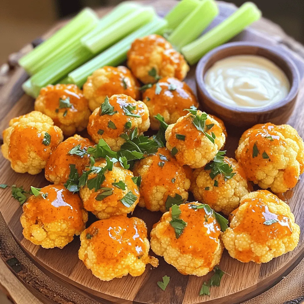 - Cauliflower - Flour and Alternatives - Seasonings and Sauces To make Buffalo Cauliflower Bites, you need a few key ingredients. The main star is cauliflower. Choose a medium head of cauliflower. Cut it into bite-sized florets. This gives you the right shape for baking. Next, you need flour. I recommend all-purpose flour. If you need a gluten-free option, use gluten-free flour instead. You will mix this flour with cold water. This creates a batter that will coat the cauliflower. Now, let’s talk about seasonings and sauces. You will need some garlic powder and onion powder. Both add a nice taste. Smoked paprika gives a little smokiness. Don’t forget salt to enhance all the flavors. Finally, you will use buffalo sauce. Pick your favorite brand for the right kick. A bit of olive oil will help blend the sauce. For garnish, fresh parsley adds a lovely touch. You can also serve the bites with celery sticks and ranch dressing. These add crunch and coolness to balance the heat. You can find the full recipe with step-by-step instructions to guide you. Enjoy making your tasty Buffalo Cauliflower Bites! 1. Preheat the oven: Start by setting your oven to 450°F (232°C). This high heat will help make your bites crispy. Line a baking sheet with parchment paper to keep the bites from sticking. 2. Prepare the batter: In a large bowl, mix 1/2 cup of flour, 1/2 cup of cold water, 1 teaspoon of garlic powder, 1 teaspoon of onion powder, 1/2 teaspoon of smoked paprika, and 1/2 teaspoon of salt. Whisk it all together until smooth. You want a nice, thick batter. 3. Coat the cauliflower: Take 1 medium head of cauliflower and cut it into small florets. Dip each piece into the batter. Make sure they are well-coated. Place the florets on the lined baking sheet, leaving space between them. 1. Initial baking time: Bake your cauliflower bites for about 20 minutes. They should look golden brown and crispy. Flip them halfway through the baking time to cook evenly. 2. Toss in buffalo sauce: While the cauliflower bakes, mix 1/2 cup of buffalo sauce with 2 tablespoons of olive oil in a bowl. When the 20 minutes are up, take the baking sheet out. Coat the hot cauliflower in the buffalo sauce mix, ensuring every piece is covered. 3. Final baking for crispiness: Put the coated cauliflower back in the oven. Bake for another 10 to 15 minutes. This step makes the bites even crispier and lets the sauce stick well. Enjoy these flavorful bites as a snack or a party treat! For the full recipe, check out the section above. To make your Buffalo Cauliflower Bites extra crispy, follow these steps: - Use cold water: Mixing the batter with cold water keeps it light and airy. This helps the coating fry up crispy. - Space them out: When you place the cauliflower on the baking sheet, give each piece some room. This allows hot air to move freely. To avoid soggy bites, consider these tips: - Don’t skip the baking time: Bake until golden brown. This ensures the moisture cooks out. - Flip halfway: Turning the bites helps them cook evenly. It also gives both sides a chance to crisp up. You can easily change some ingredients for your Buffalo Cauliflower Bites. Here are a few ideas: - Gluten-free flour options: Try almond flour or chickpea flour as a substitute. Both work well and add unique flavors. - Alternative sauces or seasonings: If you want a twist, use teriyaki sauce or a garlic herb mix. These can add exciting flavors to your bites. For the full recipe, check out the detailed instructions above. {{image_4}} You can change the flavor of your Buffalo Cauliflower Bites to suit your taste. If you love heat, try a spicy buffalo alternative. Add extra hot sauce or a pinch of cayenne pepper to the batter. This will give your bites an extra kick. You might also enjoy BBQ cauliflower bites. Just swap the buffalo sauce for your favorite BBQ sauce. This changes the whole vibe, making it sweet and smoky. Garnishing can elevate your bites. Fresh herbs and spices add color and flavor. Try using chopped cilantro or chives. They brighten the dish and give it a fresh twist. Unique dipping sauces also enhance your meal. Besides ranch dressing, consider blue cheese or a tangy yogurt sauce. These options can provide different taste experiences. You can even mix and match sauces for fun! To store leftover Buffalo Cauliflower Bites, let them cool first. Place them in an airtight container. This keeps them fresh and tasty. Make sure to eat them within three days for the best flavor. For reheating, preheat your oven to 350°F (175°C). Place the bites on a baking sheet lined with parchment paper. Heat for about 10-15 minutes until they get crispy again. You can also use an air fryer for a quick reheat. Just toss them in at 350°F for about 5 minutes. To freeze your Buffalo Cauliflower Bites, let them cool completely. Arrange them in a single layer on a baking sheet. Freeze for about an hour. Once they are firm, transfer them to a freezer bag. This method prevents them from sticking together. When you want to eat them, take out the bites and thaw them overnight in the fridge. You can also cook them straight from the freezer. Just add a few extra minutes to the baking time. Can I make buffalo cauliflower bites in an air fryer? Yes, you can! Air fryers work great for crispy bites. Set your air fryer to 400°F (200°C). Cook the coated florets for about 15-20 minutes. Shake the basket halfway through for even cooking. This method gives you a crunch without using much oil. How can I make these bites vegan? Making buffalo cauliflower bites vegan is easy. Simply replace the all-purpose flour with a gluten-free flour mix. Use a plant-based buffalo sauce, and ensure your ranch dressing is dairy-free. This keeps all the flavors while sticking to a vegan diet. What are the best dipping sauces to serve with buffalo cauliflower bites? Ranch dressing is a classic choice. You can also try blue cheese dressing for a tangy twist. For a lighter option, a yogurt-based dip works well. If you want something spicy, mix some hot sauce into your favorite dip. Each adds a nice touch to the bites! For the full recipe, check out the detailed instructions above. Enjoy your cooking! You now have a complete guide to making tasty buffalo cauliflower bites. We covered the ingredients you need, like cauliflower and flour, plus delicious seasonings. I provided clear steps for preparation and baking, ensuring that your bites will be crispy. You learned helpful tips for the best texture and variations to suit your taste. Remember to store your leftovers properly for future enjoyment. Experiment with different flavors and sauces to keep things exciting. Enjoy your buffalo cauliflower bites, and share them with family and friends. Happy cooking!