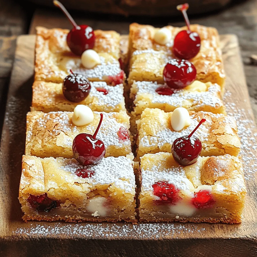 - 1 cup unsalted butter, melted - 1 cup tightly packed brown sugar - 2 large eggs, at room temperature - 1 teaspoon pure vanilla extract - 2 cups all-purpose flour - 1/2 teaspoon baking powder - 1/4 teaspoon fine sea salt - 1 cup white chocolate chips - 1 cup fresh cherries, pitted and finely chopped When you gather your ingredients, focus on freshness. Use the best cherries you can find. Fresh cherries give the blondies a juicy burst of flavor. - You can swap brown sugar for coconut sugar for a different taste. - If you need an egg substitute, use applesauce or flaxseed meal mixed with water. - For a gluten-free option, try almond flour or a gluten-free flour blend. These swaps can change the taste and texture, so feel free to experiment. Each choice can make your blondies unique, so have fun! For the full recipe, refer back to the earlier section. - Preheat your oven to 350°F (175°C). - Prepare a 9x9-inch baking pan by greasing it or lining it with parchment paper. - In a large bowl, pour in 1 cup of melted butter. - Add 1 cup of tightly packed brown sugar. - Whisk together until smooth and well mixed. - Add 2 large eggs, one at a time, to the butter-sugar mix. - Blend well after each egg. - Stir in 1 teaspoon of pure vanilla extract for flavor. - In a separate bowl, whisk together 2 cups of all-purpose flour, 1/2 teaspoon of baking powder, and 1/4 teaspoon of fine sea salt. - Gradually fold this dry mix into the wet ingredients. - Be gentle to avoid overmixing. - Carefully fold in 1 cup of white chocolate chips and 1 cup of chopped fresh cherries. - Pour the batter into your prepared pan. - Bake for 25 to 30 minutes. - Check for doneness by inserting a toothpick; it should come out with a few moist crumbs. - Allow the blondies to cool in the pan for 15 minutes. - Move them to a wire rack to cool completely before cutting into squares. You can find the Full Recipe for detailed steps and measurements. To make the best Cherry White Chocolate Blondies, avoid overmixing the batter. Overmixing can lead to tough blondies. Mix just until the dry and wet ingredients blend together. This keeps the texture soft and chewy. Also, ensure your oven has an even baking temperature. Place the pan in the center of the oven for consistent heat. Let your blondies cool completely before storing them. This step helps them stay fresh longer. Use airtight containers for the best storage. They keep the blondies moist and tasty. You can also wrap them in plastic wrap for extra protection. Cherry White Chocolate Blondies taste great with a scoop of ice cream or a dollop of whipped cream. This adds creaminess and extra flavor. These blondies are perfect for parties or casual gatherings. Serve them at birthdays, picnics, or family dinners. The bright colors and sweet taste make them a hit! {{image_4}} You can make your cherry white chocolate blondies even better! Adding nuts like pecans or walnuts gives them a nice crunch. The nutty flavor pairs well with the sweet cherries. If you want a twist, try almond extract instead of vanilla. It adds a delightful, nutty taste that makes each bite special. Changing the fruit is a fun way to mix it up. You can swap out cherries for raspberries or blueberries. These fruits bring their own unique flavor and color. For the holidays, think about adding warm spices like cinnamon or nutmeg. This gives your blondies a festive touch that everyone will love. You can also make vegan cherry white chocolate blondies. Replace the eggs with applesauce or flaxseed. Use plant-based butter to keep them dairy-free. If you're watching carbs, try keto-friendly options. Use almond flour instead of all-purpose flour and substitute sweeteners like erythritol. These swaps help you enjoy blondies while sticking to your diet. For the full recipe, check out the Cherry White Chocolate Blondies Delight . You can store your cherry white chocolate blondies at room temperature. Keep them in an airtight container. This way, they stay soft and fresh for two to three days. If you want them to last a bit longer, put them in the fridge. They can stay good for about a week when chilled. Just make sure to let them come back to room temp before eating. If you want to save your blondies for later, freezing is a great option. Cut them into squares first. Then, wrap each piece in plastic wrap. Place the wrapped blondies in a freezer-safe bag or container. They will stay fresh for up to three months in the freezer. When you’re ready to enjoy them, take them out and let them defrost in the fridge overnight. If you’re in a hurry, you can also let them sit at room temp for a couple of hours. This helps them regain their chewy texture. When stored properly, cherry white chocolate blondies can last three days at room temp or up to a week in the fridge. In the freezer, they can remain tasty for about three months. Always check for any signs of spoilage. If they look dry or hard, it’s best to toss them. Enjoy the deliciousness of your blondies while they are fresh! For the full recipe, check out the details above. Yes, you can use frozen cherries. Make sure to thaw and drain them first. This avoids adding extra moisture to your batter. Chopped frozen cherries work well too. They still bring that nice tart flavor to your blondies. Check the edges; they should be golden. Insert a toothpick into the center. If it comes out with a few moist crumbs, your blondies are ready. Bake too long, and they might dry out. Keep an eye on them towards the end of the baking time. Blondies are sweeter and lighter than brownies. They use brown sugar and no cocoa powder. This gives blondies a rich, buttery flavor. Brownies are denser and chocolatey, thanks to cocoa. Both are delicious in their own way! Absolutely! You can bake them a day in advance. Just store them in an airtight container. This helps the flavors blend even better. You can also freeze them for a longer time. Thaw them before serving for the best taste. To get that chewy texture, avoid overmixing the batter. Mix just until you see no dry flour. Use good quality butter and brown sugar for moisture. Baking them at the right time also helps. Chewy blondies are all about balance! For the full recipe, check out the earlier sections. Enjoy your baking! This blog post explored how to make delicious cherry white chocolate blondies. You learned about key ingredients, easy steps, and tips for success. I shared ways to swap ingredients based on your needs and options for storing and enjoying your blondies. Remember, blondies are flexible and fun to customize with flavors you love. Keep experimenting with variations, and enjoy this treat any time! Happy baking!