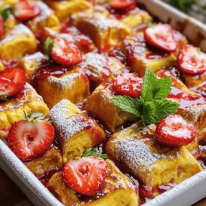 To make a tasty Strawberry Cheesecake French Toast Bake, you need a few key items: - 1 loaf of brioche bread, cut into 1-inch cubes - 8 oz cream cheese, softened to room temperature - 1/2 cup granulated sugar - 1 teaspoon pure vanilla extract - 6 large eggs - 1 cup whole milk - 1 teaspoon ground cinnamon - 1 cup fresh strawberries, hulled and sliced - 1/4 cup strawberry jam - Powdered sugar for finishing dusting - Fresh mint leaves for garnish, optional Using fresh strawberries makes a big difference. Their sweet and juicy flavor brightens the dish. Brioche bread is soft and rich, soaking up the egg mixture well. This gives you a creamy texture that feels like a dream in every bite. To make your bake even better, consider adding some fun toppings: - Whipped cream for a light and fluffy touch - Powdered sugar for a sweet finish - Extra fresh strawberries for color and flavor - A drizzle of maple syrup for added sweetness These toppings not only look nice but also add more flavor. You can mix and match to find your favorite combo! If you need to change things up, here are some swaps: - For cream cheese, use mascarpone or a dairy-free cream cheese. - Instead of brioche, try challah or sourdough bread for a different taste. - You can use almond milk or oat milk if you want a dairy-free option. These substitutions help you customize the dish to your liking. Feel free to get creative! If you want to explore the full recipe, check out the details above. To make this dish, start by gathering all your ingredients. You will need: - 1 loaf of brioche bread, cut into 1-inch cubes - 8 oz cream cheese, softened to room temperature - 1/2 cup granulated sugar - 1 teaspoon pure vanilla extract - 6 large eggs - 1 cup whole milk - 1 teaspoon ground cinnamon - 1 cup fresh strawberries, hulled and sliced - 1/4 cup strawberry jam - Powdered sugar for dusting - Fresh mint leaves for garnish, optional Next, preheat your oven to 350°F (175°C). Grease a 9x13-inch baking dish with cooking spray or butter. This step stops sticking. In a large bowl, mix the cream cheese, granulated sugar, and vanilla extract. Use a hand mixer to beat until it’s smooth and creamy. Make sure there are no lumps. In another bowl, whisk together the eggs, milk, and cinnamon. Mix until everything is combined and frothy. Now, fold the cream cheese mix into the egg mix gently with a spatula. Blend until it’s all smooth. Layer the dish by adding half of the brioche cubes in the bottom. Spoon half of the creamy mix over the bread. Then sprinkle half of the sliced strawberries evenly on top. Add the rest of the brioche cubes. Repeat the layers with the remaining cream cheese mix and strawberries. Drizzle the strawberry jam on top. This makes sweet pockets of flavor. Finally, pour the egg mixture evenly over the whole dish. Make sure all the bread cubes soak well. Cover the dish tightly with aluminum foil. Place it in the preheated oven and bake for 30 minutes. This helps the custard set. After 30 minutes, carefully remove the foil. Bake for another 15-20 minutes. You want the top to be golden brown. Check with a toothpick. If it comes out clean, the custard is set. Let the dish cool for a few minutes before cutting it into squares. Dust with powdered sugar for a sweet touch. You can also garnish with fresh mint leaves for color. Serve it warm on individual plates. For a special treat, add extra strawberry jam or whipped cream on top. Enjoy this delicious Strawberry Cheesecake French Toast Bake! To achieve a creamy custard texture, make sure to whisk the eggs and milk well. This mixing helps blend the flavors. When layering, be gentle with the bread. Press down lightly to soak all pieces. After covering with foil, bake for 30 minutes to set the custard. Removing the foil helps create a golden top. Bake for an extra 15-20 minutes. Check with a toothpick; it should come out clean. You can prepare this dish the night before. Simply layer the bread and creamy mixture in a baking dish. Cover it well with plastic wrap and chill it in the fridge. In the morning, add the egg mixture and bake it straight from the fridge. This saves time and gives you a quick breakfast treat. Pair your French toast bake with a refreshing drink. I love serving it with fresh orange juice or a berry smoothie. For sides, consider crispy bacon or fresh fruit. A dollop of whipped cream always makes it feel special. Drizzle extra strawberry jam on top for a sweet touch. This dish is a delight that everyone will love! {{image_4}} You can switch up the fruit in this dish. Try blueberries, raspberries, or peaches for a fresh twist. Each fruit brings its own taste and color. Mix and match to find your favorite combo. For a tropical kick, add diced pineapple or bananas. The choice is yours, and it makes the dish fun and exciting! If you're looking for lower-calorie options, use whole wheat bread instead of brioche. You can also swap the cream cheese for low-fat or vegan cream cheese. Unsweetened almond milk works well in place of whole milk. This way, you keep the taste but cut some calories. These changes help you enjoy this dish guilt-free. Want to elevate your bake? Consider adding dark chocolate chips or nuts. Walnuts or pecans add a crunchy texture and a nutty flavor. Chocolate chips melt into sweet pockets, making each bite rich and indulgent. You might also sprinkle some cinnamon or nutmeg on top before baking. These little touches will impress your guests and make your dish unforgettable. To store leftover Strawberry Cheesecake French Toast Bake, let it cool first. Once cooled, cover it tightly with plastic wrap or foil. This keeps it fresh and prevents it from drying out. Place the dish in the fridge for up to three days. When you're ready to enjoy it again, simply reheat it in the oven. If you want to save some for later, freezing works well. Cut the bake into squares, then wrap each piece in plastic wrap. Place the wrapped pieces in a freezer-safe bag or container. It can stay fresh in the freezer for up to three months. To reheat, thaw it in the fridge overnight. Then bake it at 350°F (175°C) for about 20-25 minutes, or until heated through. When stored properly, the Strawberry Cheesecake French Toast Bake lasts for about three days in the fridge. If you freeze it, you can enjoy it for up to three months. Always check for signs of spoilage, like off smells or mold, before eating. Keeping it well-covered helps maintain its taste and texture. Yes, you can prepare this dish ahead of time. Make it the night before and store it in the fridge. Just cover the baking dish with plastic wrap. In the morning, you can pop it in the oven. This saves time and makes breakfast easier. Absolutely! If you don’t have brioche, you can use challah, French bread, or even whole wheat bread. Each type gives a unique taste and texture. Just make sure the bread is sturdy enough to soak up the egg mixture. Yes, you can use dairy-free cream cheese or a nut-based spread. These will change the taste slightly, but it will still be tasty. Just pick a brand that you enjoy. This way, those who are lactose intolerant can still enjoy this dish. For the full recipe, check out the Strawberry Cheesecake French Toast Bake . This blog post covers how to make Strawberry Cheesecake French Toast Bake. We discussed the key ingredients, like fresh strawberries and brioche bread, for the best taste. You learned preparation steps and baking tips to achieve a creamy texture. I shared ways to customize with toppings and variations, ensuring there's something for everyone. In the end, this dish is simple, tasty, and fun to make. With a few tips and tricks, you can impress anyone at breakfast. Enjoy creating your perfect version of this delicious treat!