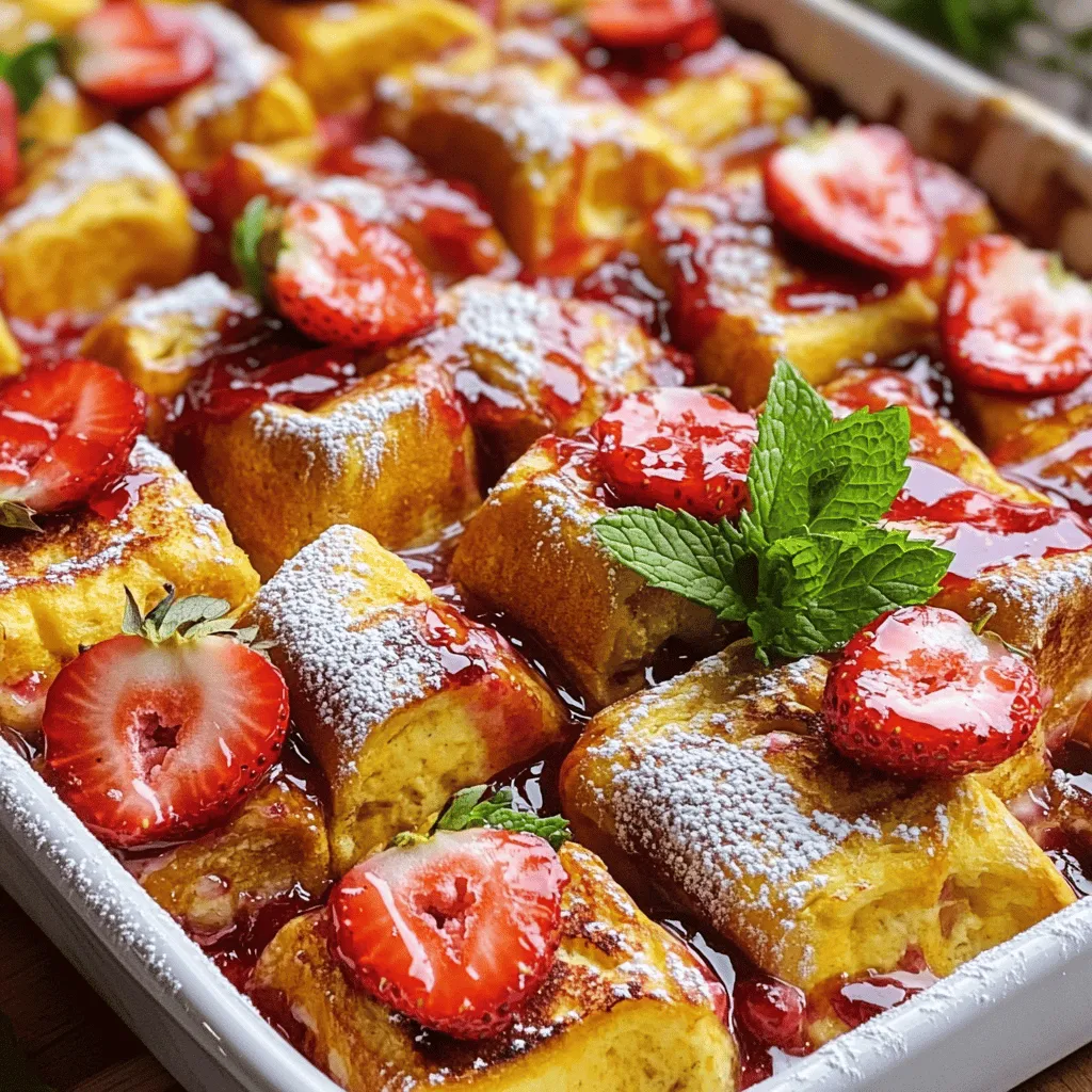 To make a tasty Strawberry Cheesecake French Toast Bake, you need a few key items: - 1 loaf of brioche bread, cut into 1-inch cubes - 8 oz cream cheese, softened to room temperature - 1/2 cup granulated sugar - 1 teaspoon pure vanilla extract - 6 large eggs - 1 cup whole milk - 1 teaspoon ground cinnamon - 1 cup fresh strawberries, hulled and sliced - 1/4 cup strawberry jam - Powdered sugar for finishing dusting - Fresh mint leaves for garnish, optional Using fresh strawberries makes a big difference. Their sweet and juicy flavor brightens the dish. Brioche bread is soft and rich, soaking up the egg mixture well. This gives you a creamy texture that feels like a dream in every bite. To make your bake even better, consider adding some fun toppings: - Whipped cream for a light and fluffy touch - Powdered sugar for a sweet finish - Extra fresh strawberries for color and flavor - A drizzle of maple syrup for added sweetness These toppings not only look nice but also add more flavor. You can mix and match to find your favorite combo! If you need to change things up, here are some swaps: - For cream cheese, use mascarpone or a dairy-free cream cheese. - Instead of brioche, try challah or sourdough bread for a different taste. - You can use almond milk or oat milk if you want a dairy-free option. These substitutions help you customize the dish to your liking. Feel free to get creative! If you want to explore the full recipe, check out the details above. To make this dish, start by gathering all your ingredients. You will need: - 1 loaf of brioche bread, cut into 1-inch cubes - 8 oz cream cheese, softened to room temperature - 1/2 cup granulated sugar - 1 teaspoon pure vanilla extract - 6 large eggs - 1 cup whole milk - 1 teaspoon ground cinnamon - 1 cup fresh strawberries, hulled and sliced - 1/4 cup strawberry jam - Powdered sugar for dusting - Fresh mint leaves for garnish, optional Next, preheat your oven to 350°F (175°C). Grease a 9x13-inch baking dish with cooking spray or butter. This step stops sticking. In a large bowl, mix the cream cheese, granulated sugar, and vanilla extract. Use a hand mixer to beat until it’s smooth and creamy. Make sure there are no lumps. In another bowl, whisk together the eggs, milk, and cinnamon. Mix until everything is combined and frothy. Now, fold the cream cheese mix into the egg mix gently with a spatula. Blend until it’s all smooth. Layer the dish by adding half of the brioche cubes in the bottom. Spoon half of the creamy mix over the bread. Then sprinkle half of the sliced strawberries evenly on top. Add the rest of the brioche cubes. Repeat the layers with the remaining cream cheese mix and strawberries. Drizzle the strawberry jam on top. This makes sweet pockets of flavor. Finally, pour the egg mixture evenly over the whole dish. Make sure all the bread cubes soak well. Cover the dish tightly with aluminum foil. Place it in the preheated oven and bake for 30 minutes. This helps the custard set. After 30 minutes, carefully remove the foil. Bake for another 15-20 minutes. You want the top to be golden brown. Check with a toothpick. If it comes out clean, the custard is set. Let the dish cool for a few minutes before cutting it into squares. Dust with powdered sugar for a sweet touch. You can also garnish with fresh mint leaves for color. Serve it warm on individual plates. For a special treat, add extra strawberry jam or whipped cream on top. Enjoy this delicious Strawberry Cheesecake French Toast Bake! To achieve a creamy custard texture, make sure to whisk the eggs and milk well. This mixing helps blend the flavors. When layering, be gentle with the bread. Press down lightly to soak all pieces. After covering with foil, bake for 30 minutes to set the custard. Removing the foil helps create a golden top. Bake for an extra 15-20 minutes. Check with a toothpick; it should come out clean. You can prepare this dish the night before. Simply layer the bread and creamy mixture in a baking dish. Cover it well with plastic wrap and chill it in the fridge. In the morning, add the egg mixture and bake it straight from the fridge. This saves time and gives you a quick breakfast treat. Pair your French toast bake with a refreshing drink. I love serving it with fresh orange juice or a berry smoothie. For sides, consider crispy bacon or fresh fruit. A dollop of whipped cream always makes it feel special. Drizzle extra strawberry jam on top for a sweet touch. This dish is a delight that everyone will love! {{image_4}} You can switch up the fruit in this dish. Try blueberries, raspberries, or peaches for a fresh twist. Each fruit brings its own taste and color. Mix and match to find your favorite combo. For a tropical kick, add diced pineapple or bananas. The choice is yours, and it makes the dish fun and exciting! If you're looking for lower-calorie options, use whole wheat bread instead of brioche. You can also swap the cream cheese for low-fat or vegan cream cheese. Unsweetened almond milk works well in place of whole milk. This way, you keep the taste but cut some calories. These changes help you enjoy this dish guilt-free. Want to elevate your bake? Consider adding dark chocolate chips or nuts. Walnuts or pecans add a crunchy texture and a nutty flavor. Chocolate chips melt into sweet pockets, making each bite rich and indulgent. You might also sprinkle some cinnamon or nutmeg on top before baking. These little touches will impress your guests and make your dish unforgettable. To store leftover Strawberry Cheesecake French Toast Bake, let it cool first. Once cooled, cover it tightly with plastic wrap or foil. This keeps it fresh and prevents it from drying out. Place the dish in the fridge for up to three days. When you're ready to enjoy it again, simply reheat it in the oven. If you want to save some for later, freezing works well. Cut the bake into squares, then wrap each piece in plastic wrap. Place the wrapped pieces in a freezer-safe bag or container. It can stay fresh in the freezer for up to three months. To reheat, thaw it in the fridge overnight. Then bake it at 350°F (175°C) for about 20-25 minutes, or until heated through. When stored properly, the Strawberry Cheesecake French Toast Bake lasts for about three days in the fridge. If you freeze it, you can enjoy it for up to three months. Always check for signs of spoilage, like off smells or mold, before eating. Keeping it well-covered helps maintain its taste and texture. Yes, you can prepare this dish ahead of time. Make it the night before and store it in the fridge. Just cover the baking dish with plastic wrap. In the morning, you can pop it in the oven. This saves time and makes breakfast easier. Absolutely! If you don’t have brioche, you can use challah, French bread, or even whole wheat bread. Each type gives a unique taste and texture. Just make sure the bread is sturdy enough to soak up the egg mixture. Yes, you can use dairy-free cream cheese or a nut-based spread. These will change the taste slightly, but it will still be tasty. Just pick a brand that you enjoy. This way, those who are lactose intolerant can still enjoy this dish. For the full recipe, check out the Strawberry Cheesecake French Toast Bake . This blog post covers how to make Strawberry Cheesecake French Toast Bake. We discussed the key ingredients, like fresh strawberries and brioche bread, for the best taste. You learned preparation steps and baking tips to achieve a creamy texture. I shared ways to customize with toppings and variations, ensuring there's something for everyone. In the end, this dish is simple, tasty, and fun to make. With a few tips and tricks, you can impress anyone at breakfast. Enjoy creating your perfect version of this delicious treat!