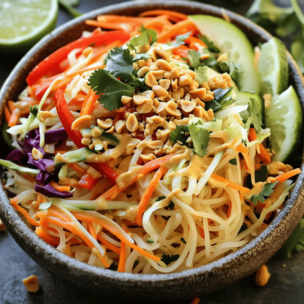 To make a great Spicy Thai Peanut Noodle Salad, you need: - 8 oz rice noodles - 1 cup shredded carrots - 1 red bell pepper, thinly sliced - 1 cup shredded red cabbage - 1 cup cucumber, julienned - 1/2 cup fresh cilantro, chopped - 1/4 cup scallions, sliced (green parts only) - 1/4 cup chopped roasted peanuts The rice noodles are the base. They soak up flavors well. Fresh vegetables add crunch and color, making the dish vibrant. This mix gives you a variety of textures and tastes in each bite. For the dressing, gather these components: - 1/4 cup creamy peanut butter - 2 tablespoons soy sauce - 2 tablespoons fresh lime juice - 1 tablespoon honey or maple syrup - 1-2 teaspoons sriracha (adjust based on spice preference) - 1 tablespoon sesame oil - Water (as needed for thinning) The peanut butter gives a rich base. Lime juice adds zest and brightness. Sriracha brings in the spice, which you can adjust to your liking. This dressing ties all ingredients together beautifully. You can enhance your salad with: - Additional garnishes like extra cilantro or lime wedges - Suggested protein additions such as grilled chicken, shrimp, or tofu Adding protein makes the salad more filling. You can mix and match toppings based on your taste. If you want to keep it light, stick with just the vegetables and dressing. For the full recipe, check out the complete guide to make this dish shine! To cook the rice noodles, start by boiling water in a large pot. Bring it to a rolling boil. Carefully add 8 oz of rice noodles to the pot. Cook them for about 4-6 minutes or until just al dente. To check for doneness, taste a noodle. It should be soft but still have a slight bite. Once cooked, drain the noodles and rinse them under cold water. This stops the cooking process and helps keep them firm. Set the noodles aside to cool completely. For the vegetables, I like to have a mix of colors and textures. Use a sharp knife to cut the red bell pepper into thin slices. Shred the carrots and red cabbage into small pieces. Julienne the cucumber for a nice crunch. In a large mixing bowl, combine 1 cup of shredded carrots, 1 red bell pepper, 1 cup of shredded red cabbage, and 1 cup of julienned cucumber. Add 1/2 cup of chopped cilantro and 1/4 cup of sliced scallions. Using tongs or your hands, toss the vegetables well. This ensures an even mix of flavors in each bite. Now it’s time for the dressing! In a separate bowl, combine 1/4 cup of creamy peanut butter, 2 tablespoons of soy sauce, and 2 tablespoons of fresh lime juice. Add 1 tablespoon of honey or maple syrup and 1-2 teaspoons of sriracha. This gives it a nice kick! Finally, pour in 1 tablespoon of sesame oil. Whisk everything together until smooth. If the dressing feels too thick, add water little by little until you reach a creamy consistency. Add the cooled noodles to the bowl with the mixed vegetables. Pour the dressing over the top. With gentle hands, toss everything together. Make sure the noodles and vegetables are evenly coated in the dressing. This way, every bite bursts with flavor. For serving, you can scoop the salad onto a large platter or divide it into individual bowls. Garnish the top with chopped roasted peanuts for a delightful crunch. To add a zesty touch, serve with lime wedges on the side. This will let everyone customize their flavor. Enjoy every flavorful bite of this Spicy Thai Peanut Noodle Salad! For the full recipe, check out the details above. To get the best noodles, avoid overcooking them. Follow the package time carefully. For rice noodles, this is usually about 4-6 minutes. Check them often. You want them soft but slightly firm to the bite. After cooking, rinse the noodles right away in cold water. This step stops them from cooking further. It also helps to wash off some starch. You want the noodles to stay separate and not stick together. You can really make the dressing pop. Start by adjusting the spice level to your taste. If you like it hot, add more sriracha. If you prefer it milder, use less. Using fresh ingredients makes a big difference. Fresh lime juice brightens the dressing. Fresh herbs, like cilantro, add a lovely flavor. Always choose the freshest vegetables for the best taste. Prep your ingredients in advance to save time. Chop your veggies the night before. Store them in the fridge until you’re ready to mix. This way, you can whip up your salad quickly. Use time-saving tools like a julienne peeler for your cucumbers and carrots. This makes cutting fast and easy. You’ll enjoy the extra crunch in your salad! For the full recipe, check the link provided. {{image_4}} You can easily make this salad vegetarian or vegan. Instead of honey, use maple syrup for sweetness. Swap out the creamy peanut butter for a nut-free option if needed. For added plant-based protein, consider adding tofu or chickpeas. These ingredients boost protein and keep the dish filling and satisfying. To make this salad gluten-free, use rice noodles or any gluten-free noodle type. Check your soy sauce and choose tamari, which is gluten-free. This way, you keep all the flavors without the gluten. To enhance the flavors, add fresh herbs like basil or mint. These herbs give the salad a bright taste. You can also mix in fruits like mango or pineapple for sweetness. Nuts, like cashews or almonds, add crunch and depth. These small tweaks can make your salad stand out. For the full recipe, check out the Spicy Thai Peanut Noodle Salad. To keep your Spicy Thai Peanut Noodle Salad fresh, store it in the fridge. It stays good for up to three days. Make sure to use an airtight container to keep it from drying out. The flavors will blend and get even better overnight! You can freeze the salad if needed, but it’s best to freeze only the noodles and dressing. Don’t freeze the fresh veggies, as they lose their crunch. Place the noodles and dressing in a freezer-safe bag. Squeeze out the air before sealing. When you’re ready to eat, thaw it in the fridge overnight. This salad is best served cold. If you prefer it at room temperature, let it sit out for about 30 minutes before serving. Avoid reheating it in the microwave, as it can affect the texture of the noodles and veggies. For a refreshing twist, add a splash of lime juice before serving. For the full recipe, check out the Spicy Thai Peanut Noodle Salad! Yes, you can make this salad ahead. Store it in an airtight container in the fridge. This will keep it fresh for up to three days. To prevent sogginess, keep the dressing separate until serving. Mix the salad right before you eat. If you want less heat, reduce the sriracha in the dressing. Start with one teaspoon and taste. You can always add more if needed. For extra spice lovers, try adding chili flakes or fresh sliced chili. This gives you control over the heat. Leftover salad can be enjoyed cold or at room temp. Try adding leftover protein for a new meal. Mix in some cooked chicken, shrimp, or tofu. This makes it more filling. You can also turn it into a wrap with lettuce leaves. Yes, you can add protein easily. For meat lovers, grilled chicken or shrimp works well. If you prefer plant-based options, try chickpeas or tofu. Both add texture and flavor. Mix in cooked proteins right before serving for best results. In this blog post, we explored how to make a delicious Spicy Thai Peanut Noodle Salad. We covered essential ingredients, from rice noodles to fresh veggies and tasty dressings. I shared step-by-step cooking methods and helpful tips for perfect texture and flavor. You can enhance this dish with proteins and unique toppings. Remember, preparation and storage matter for keeping your salad fresh. Enjoy making this salad your own by experimenting with flavors and ingredients. You'll find it easy and fun to create a meal everyone loves.