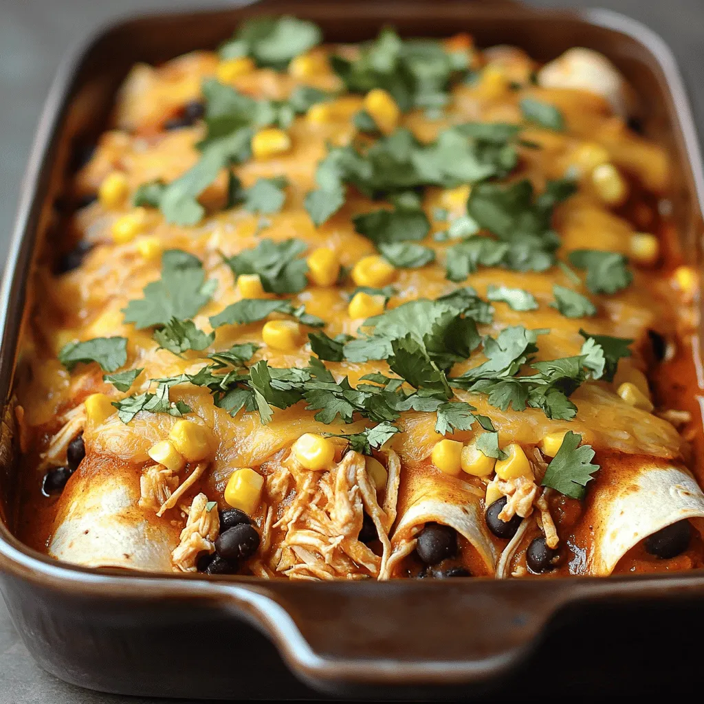 - 2 cups cooked chicken, shredded - 1 cup canned black beans, rinsed and drained - 1 cup fresh or frozen corn kernels The main ingredients create the heart of the chicken enchiladas. First, shredded chicken offers a tender and juicy base. I love using rotisserie chicken for ease. Black beans add protein and fiber, making the meal hearty. Corn brings sweetness and a pop of color. Each ingredient plays a role in making this dish satisfying. - 1 small red onion, finely chopped - 2 cloves garlic, minced - 1 teaspoon ground cumin - 1 teaspoon chili powder Aromatics and seasonings elevate the flavor. The red onion adds a sweet, savory taste. Garlic brings depth and aroma that fills your kitchen. Cumin provides a warm, earthy note. Chili powder adds a gentle kick. These elements create a rich base for the enchiladas. - 8 small corn tortillas - 2 cups shredded cheese (cheddar or Mexican blend) - ¼ cup fresh cilantro, chopped (for garnish) Tortillas hold everything together. I prefer corn tortillas for their authentic flavor. They warm up nicely, making them easy to roll. Cheese melts beautifully, creating a creamy topping. I recommend using a blend for extra flavor. Fresh cilantro adds brightness and a fresh touch. Together, these elements create a delightful finish to your enchiladas. For the full recipe, check out the Spicy Chicken Enchiladas. - Preheat your oven to 350°F (175°C). - Sauté red onion and garlic until fragrant. Start by heating a drizzle of oil in a large skillet over medium heat. Add the finely chopped red onion. Sauté for about 3-4 minutes until the onion turns soft and clear. Then, add the minced garlic and cook for another minute. This step makes your kitchen smell amazing and sets the stage for great flavor. - Combine chicken, black beans, corn, onion-garlic mixture, salsa, cumin, and chili powder. In a big mixing bowl, add the shredded chicken, rinsed black beans, and corn. Pour in the sautéed onion and garlic mixture, along with your choice of salsa. To spice it up, add cumin and chili powder. Mix everything well. This filling is packed with protein and flavor, making your enchiladas both tasty and hearty. - Warm tortillas and fill with chicken mixture. - Roll and arrange in baking dish. Now, warm the corn tortillas in a dry skillet or microwave. This makes them soft and easy to roll. Take about ¼ cup of the chicken mixture and place it in the center of each tortilla. Sprinkle a little cheese on top, then roll them up tightly. Place the rolled tortillas seam-side down in a greased 9x13 inch baking dish. This step is where the magic begins! - Cover with salsa and cheese, bake with foil, then uncovered. Pour any remaining salsa over the top of the enchiladas. Sprinkle the rest of the cheese evenly on top. Cover your baking dish with aluminum foil to keep the moisture in. Bake in the preheated oven for 20 minutes. After that, remove the foil and bake for another 10 minutes. You want the cheese to melt and bubble. Once done, let the enchiladas cool for a few minutes. Garnish with fresh cilantro before serving. This adds a fresh flavor and a lovely touch. Enjoy your homemade chicken enchiladas! For more detailed steps, check out the Full Recipe. - Ensure tortillas are pliable to prevent cracking. Warm them in a skillet or microwave. - Use a mix of cheeses for more flavor. Try combining cheddar and pepper jack. - Serve with sour cream and additional cilantro for extra zest. - Integrate sides like rice or refried beans to complete the meal. - Overfilling tortillas can make them hard to roll. Stick to ¼ cup of filling. - Not letting them cool before serving can lead to a messy plate. Give them a few minutes. {{image_4}} You can make your chicken enchiladas even better for you. - Swap out cheese for a low-fat version. This change cuts calories. - Use whole wheat tortillas for extra fiber. This option boosts nutrition. Want to spice things up? Add some fun flavors! - Add jalapeños for extra heat. This will make your dish lively! - Experiment with different salsas. Try mild, medium, or spicy. Each adds a unique taste. Need to adjust for dietary needs? No problem! - Make it vegetarian by using black beans only. This keeps it hearty and filling. - Use corn tortillas for gluten-free options. They work perfectly in this dish. Feel free to explore these variations and make the recipe your own! To keep your chicken enchiladas fresh, store them in an airtight container. This helps prevent moisture loss and keeps flavors intact. Place them in the fridge where they can stay good for about 3-4 days. Label the container with the date, so you remember when you made them. If you want to save some for later, freezing is a great option. Wrap each enchilada tightly in foil before placing them in a freezer bag. This protects them from freezer burn. They can last for up to 3 months in the freezer. When you're ready to eat, simply thaw them overnight in the fridge. For the best taste and texture, reheat your enchiladas in the oven. Preheat your oven to 350°F (175°C). Place the enchiladas in a baking dish, cover with foil, and heat for about 20-25 minutes. Remove the foil for the last 5 minutes to crisp up the cheese. Enjoy them warm! Chicken enchiladas last about 3-4 days when stored properly. Keep them in an airtight container to maintain freshness. Always check for any signs of spoilage before eating leftovers. Yes, you can assemble chicken enchiladas ahead of time. Just prepare them and place them in the fridge before baking. This is a great way to save time, especially on busy days. You can add many tasty toppings to your enchiladas. Some options include: - Avocado - Guacamole - Green onions - Olives Feel free to get creative with your toppings. They can add color and flavor. You can easily customize this recipe. Adjust the spices to fit your taste. Add your favorite vegetables to the filling, like bell peppers or spinach. This makes the dish more personal and fun. Yes, you can use a slow cooker for this dish. Cook the filling in the slow cooker first. Then, assemble the enchiladas and bake them as usual. This method adds rich flavors and makes cooking easier. For the full recipe, check [Full Recipe]. Chicken enchiladas are simple and fun to make. You need cooked chicken, black beans, corn, and cheese. Follow the steps to prepare, mix, and bake them to perfection. Use tips to avoid common mistakes and enjoy variations for your taste. Remember, leftovers are easy to store and reheat. You can customize this dish with your favorite toppings too. Enjoy this tasty meal with friends and family!