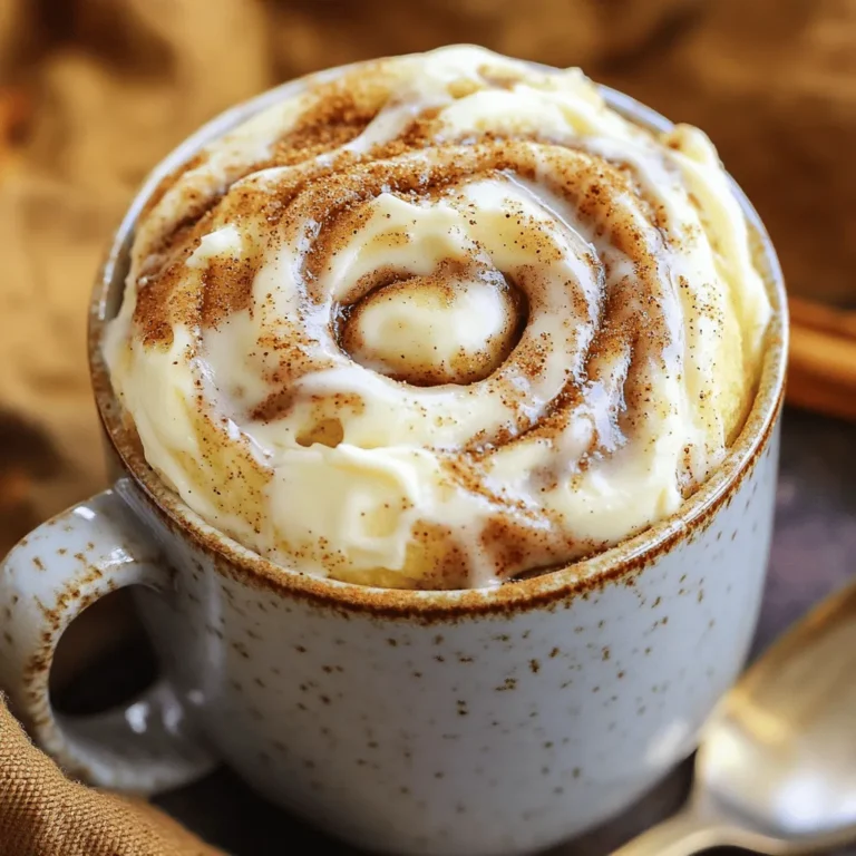 To make a delicious Cinnamon Roll Mug Cake, gather these items: - 4 tablespoons all-purpose flour - 2 tablespoons granulated sugar - 1/8 teaspoon baking powder - 1/8 teaspoon baking soda - 1/4 teaspoon ground cinnamon - 1/4 cup milk (or your favorite plant-based alternative) - 1 tablespoon vegetable oil - 1/2 teaspoon vanilla extract - 2 teaspoons brown sugar (for the swirl) - 1 teaspoon ground cinnamon (for the swirl) - Cream cheese frosting (optional, for topping) If you don’t have some ingredients, don’t worry! Here are some swaps: - Use whole wheat flour instead of all-purpose flour for added fiber. - Swap granulated sugar with coconut sugar for a lower glycemic option. - Almond milk or oat milk can replace regular milk for a dairy-free choice. - Olive oil can be used in place of vegetable oil. - For a nut-free version, skip the cream cheese frosting or use a nut-free option. Accurate measurements are key for a successful mug cake. Here are some tips: - Use a dry measuring cup for flour and sugar. Fill the cup and level off with a knife. - For liquids, use a clear liquid measuring cup. Check the measurement at eye level. - When measuring baking powder and baking soda, scoop and level off for precision. - Use a kitchen scale for the most accuracy, especially if you bake often. These simple tips ensure your Cinnamon Roll Mug Cake comes out perfect every time! Start by gathering your ingredients. In a microwave-safe mug, combine these dry items: - 4 tablespoons all-purpose flour - 2 tablespoons granulated sugar - 1/8 teaspoon baking powder - 1/8 teaspoon baking soda - 1/4 teaspoon ground cinnamon Use a fork or small whisk to mix them well. Break up any lumps to ensure a smooth blend. This first step is crucial for a lovely cake texture. Now, let’s mix the wet ingredients. In a separate small bowl, whisk together: - 1/4 cup milk (or your favorite plant-based alternative) - 1 tablespoon vegetable oil - 1/2 teaspoon vanilla extract Whisk until the mixture is uniform and silky. Next, pour this wet mixture into your dry blend in the mug. Stir gently until just combined. Be careful not to over-mix! This keeps your mug cake soft and fluffy. Prepare the cinnamon swirl by mixing these in another small bowl: - 2 teaspoons brown sugar (for the swirl) - 1 teaspoon ground cinnamon (for the swirl) Add half of the cake batter to the mug, smoothing it out. Sprinkle half of your cinnamon swirl mix over this layer. Use a knife or toothpick to swirl the mixture into the batter. This creates a marbled look. Pour the rest of the batter on top. Add the remaining cinnamon swirl mix and swirl again. Avoid over-mixing to keep those lovely layers. Now, your mug cake is ready for the microwave! When making a cinnamon roll mug cake, there are a few common errors. - Over-mixing: This can make your cake tough. Mix just until combined. - Wrong mug size: Use a large mug. A small one can overflow while cooking. - Not checking doneness: Every microwave is different. Check your cake a bit early to avoid overcooking. To make your mug cake even better, try these tips: - Spices: Add nutmeg or ginger for extra warmth. - Extracts: Use almond extract instead of vanilla for a twist. - Mix-ins: Toss in chopped nuts or chocolate chips for added texture. Microwaving can be tricky. Here are some helpful tips: - Use a low power setting: This helps the cake cook evenly. - Watch closely: Keep an eye on your mug cake as it cooks. - Cool before eating: Let it sit for a minute. This helps set the cake and makes it easier to eat. For more detailed steps, check out the Full Recipe. Enjoy your delicious cinnamon roll mug cake! {{image_4}} You can add a twist to your cinnamon roll mug cake by making it chocolatey! Just mix in 2 tablespoons of cocoa powder with your dry ingredients. This will give your cake a rich chocolate flavor. You can also add chocolate chips for extra sweetness. The gooey chocolate in every bite makes this cake a real treat. If you need a nut-free or dairy-free option, you can easily swap out some ingredients. Use a plant-based milk like almond or oat milk to replace dairy milk. For the oil, you can use melted coconut oil or canola oil. This way, you can enjoy the cake without any worries. Frosting can take your mug cake to a new level. Cream cheese frosting is a classic choice, but you can try other flavors too. A simple glaze made from powdered sugar and almond milk works great. You could also mix cocoa powder into your frosting for a chocolate version. Top your cake with nuts, sprinkles, or even fresh fruit for added fun and texture. These variations keep your cinnamon roll mug cake exciting and fun every time you make it! For the full recipe, check out the details above. To keep your cinnamon roll mug cake fresh, cover it with plastic wrap or a lid. This helps keep moisture in. You can also store it in an airtight container. If you have frosting, keep it in a separate container to avoid sogginess. Try to eat the leftovers within two days for the best taste. When you're ready to enjoy your leftover mug cake, you can simply pop it back in the microwave. Heat it for about 10 to 15 seconds. Check it to make sure it's warm all the way through. If you added cream cheese frosting, heat it separately to keep it creamy. Most ingredients in the cinnamon roll mug cake have a good shelf life. Flour and sugar can last for months if stored properly. Baking powder and baking soda usually stay fresh for six months to a year. Ground cinnamon can last for about a year when stored in a cool, dark place. Always check expiration dates to ensure freshness. It takes about 1 minute and 20 seconds to cook a Cinnamon Roll Mug Cake in the microwave. Cooking times can change based on your microwave's power. Always check if it rises and is set in the middle. If it is not done yet, cook it for a few more seconds. This quick cooking time makes it a fun treat for any time of day. Yes, you can make this recipe without a microwave! You can bake it in a small oven-safe dish. Preheat your oven to 350°F (175°C). Pour the batter into the dish and bake for about 15-18 minutes. Check for doneness with a toothpick. If it comes out clean, your mug cake is ready! You can add many fun toppings to your mug cake! Here are some ideas: - Cream cheese frosting - Whipped cream - Chopped nuts - Fresh fruit - A drizzle of caramel or chocolate sauce Choose your favorite toppings to make your mug cake even better! For the full recipe, check the section above. This blog post covered everything you need for a Cinnamon Roll Mug Cake. We discussed ingredient lists, substitutions, and how to measure correctly. You learned about preparing and combining ingredients with step-by-step instructions. I shared tips to avoid mistakes and enhance flavors. We explored variations like nut-free options and toppings. Lastly, I provided storage tips to keep your cake fresh. Enjoy making your delicious mug cake, and don’t be afraid to get creative!