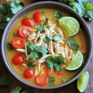 - Chicken and Dairy Components - 1 lb (450g) boneless, skinless chicken thighs - 1 can (14 oz) coconut milk - Vegetables and Aromatics - 4 cups chicken broth - 2 limes (zested and juiced) - 1 cup cherry tomatoes, halved - 1 red bell pepper, sliced - 1 cup mushrooms, sliced - 1 tablespoon fresh ginger, minced - 2 cloves garlic, minced - Seasonings and Garnishes - 1 tablespoon fish sauce (optional) - 1 tablespoon olive oil - 1 teaspoon red pepper flakes (adjust to taste) - Salt and pepper to taste - Fresh cilantro leaves for garnish In this recipe, the chicken thighs give a rich and tender bite. The coconut milk adds creaminess and a hint of sweetness. Fresh lime juice brightens the soup, making each spoonful refreshing. The mix of vegetables adds color and texture. You can customize the spice level with red pepper flakes. Feel free to use fish sauce for extra umami. Don’t skip the cilantro garnish; it elevates the flavor. For the full recipe, check out the details provided. Heating the Pot and Sautéing Aromatics Start by taking a large pot. Drizzle in olive oil and heat it over medium heat. Add the minced ginger and garlic. Stir gently for about one minute. You want them to smell nice and fragrant. This step builds the base for our soup and adds depth. Cooking and Shredding the Chicken Place the chicken thighs into the pot next. Season them well with salt, pepper, and red pepper flakes. Sear the chicken for about 4-5 minutes. You want them golden brown on both sides. Pour in the chicken broth now. Increase the heat to bring it to a gentle simmer. After that, lower the heat and let it cook for 10-15 minutes. Once the chicken is cooked and tender, take the thighs out. Use two forks to shred them into small pieces. Set the shredded chicken aside on a plate. Adding Vegetables and Combining Flavors In the same pot, add sliced red bell pepper, mushrooms, and halved cherry tomatoes. Sauté these veggies for about 5 minutes. You want them just tender and colorful. Now, pour in the coconut milk. Add lime juice and lime zest. Stir in the shredded chicken, and add fish sauce if you like. Let the soup simmer for an extra 5 minutes. This helps all the flavors mix well. Taste the soup and adjust salt, pepper, or lime juice as needed. Serve hot, garnished with fresh cilantro leaves. This adds a bright finish to each bowl. For the full recipe, check out the detailed instructions! - Ensuring Tender Chicken Use boneless, skinless chicken thighs for the best texture. They stay juicy and tender during cooking. Sear them in hot oil until golden brown. This adds flavor and keeps them moist. - Perfecting the Flavor Balance Balance the sweetness of coconut milk with fresh lime juice. The lime adds brightness that cuts through the richness. Taste your soup as you go. Adjust salt, pepper, and lime juice to match your preference. - Adjusting Spice Levels Red pepper flakes offer heat, but start small. You can always add more later. If you prefer less spice, skip the flakes or use a milder pepper. - Ideal Pairings with Coconut Lime Chicken Soup Serve with crusty bread or rice for a filling meal. A light salad with fresh greens can also complement the soup well. Consider a side of avocado slices for creaminess. - Presentation Techniques Ladle the soup into bowls and sprinkle fresh cilantro on top. Add a lime wedge on the rim for extra flair. This not only looks pretty but also invites guests to add more lime. - Leftover Utilization Ideas Store leftover soup in airtight containers. It tastes even better the next day. Use it as a sauce for grilled chicken or fish. You can also add it to cooked grains for a quick meal. For the full recipe, check the details above! {{image_4}} You can easily make Coconut Lime Chicken Soup fit your needs. For gluten-free options, skip any sauces that contain gluten. Most ingredients in this soup are naturally gluten-free. If you want to add more vegetables, consider using spinach or zucchini. These will add nutrients and color to your soup. You can also add proteins like shrimp or tofu for variety. For vegan or vegetarian substitutions, swap the chicken for chickpeas or lentils. Use vegetable broth instead of chicken broth. Replace coconut milk with a plant-based alternative like almond or cashew milk. You can change the flavor by using different ingredients. If you need an alternate for coconut milk, try using a mix of cashew cream and vegetable broth. This will still give you a creamy texture. Incorporating fresh herbs can elevate the dish. Basil or cilantro can add a fresh twist. You can also use spices like cumin or coriander for extra depth. For suggested sides, serve this soup with crusty bread or rice. These will add nice texture and soak up the soup's flavors. Enjoy exploring these variations to make this dish your own! To keep your Coconut Lime Chicken Soup fresh, let it cool first. Place it in airtight containers. Make sure to use containers that seal well to avoid spills. This soup can last for up to four days in the fridge. Always label your containers with the date you made it. This helps you track freshness. If you want to freeze the soup, it’s best to do so in individual portions. Use freezer-safe containers or bags. Remove as much air as possible before sealing. This helps prevent freezer burn. You can freeze it for up to three months. To thaw, move the soup to the fridge overnight. If you need it fast, place the sealed bag in cold water. For reheating, pour it into a pot over low heat. Stir often to ensure even warming. You can also use the microwave, but do it in short bursts. This way, you don’t overcook it. Enjoy your flavorful bowl even on busy days. For the full recipe, check the section above. What can I substitute for coconut milk? You can use almond milk or soy milk as a substitute. They won’t taste the same, but they add creaminess. If you want a closer flavor, try using cashew cream. How long can I store the soup? You can store this soup in the fridge for about three days. Make sure to keep it in an airtight container. For best flavor, eat it fresh. Can I add other proteins to this recipe? Yes, you can! Shrimp or firm tofu work well. Just adjust cooking times for shrimp, as they cook quickly. Tofu can be added with the vegetables for a hearty twist. How do I know when the chicken is fully cooked? Chicken is done when it reaches an internal temperature of 165°F. You can cut into a piece to check for pinkness. The juices should run clear. Can I use bone-in chicken instead of thighs? Yes, you can use bone-in chicken. Just adjust cooking time to ensure it cooks fully. Bone-in chicken takes longer, so simmer it longer than thighs. What do I do if the soup is too thick? If the soup is too thick, add more chicken broth or coconut milk. Stir well and let it heat through. This will bring back that nice, soup-like consistency. You learned how to make Coconut Lime Chicken Soup. We covered the ingredients, steps, and tips. I shared variations and storage tips, too. With this recipe, you can create a tasty dish for any occasion. Remember, cooking is about fun and flavors. Feel free to mix things up and make it your own. Enjoy your cooking journey and share this comforting soup with loved ones!