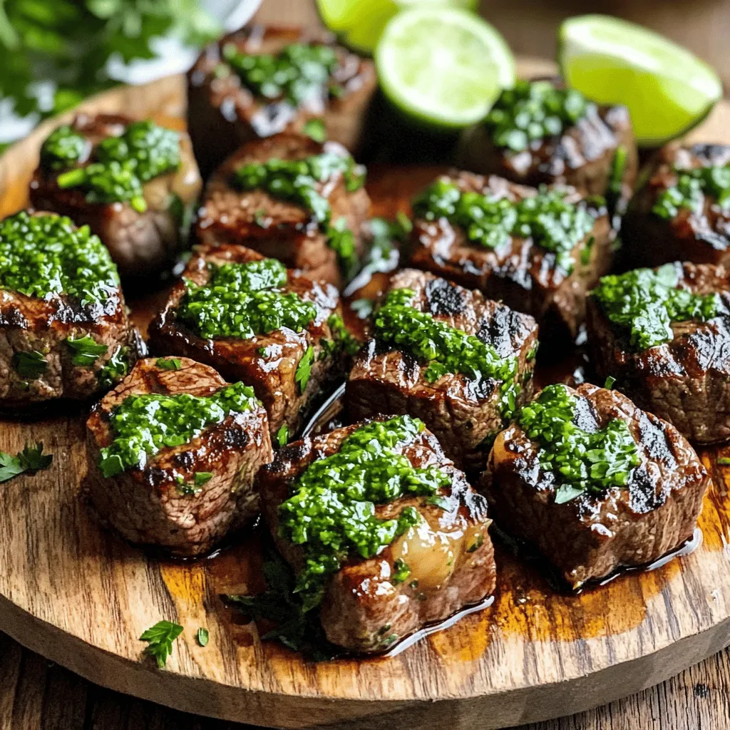 - 1 pound sirloin steak, cut into bite-sized cubes - 1 cup fresh parsley, finely chopped - 2 tablespoons extra virgin olive oil - 3 cloves garlic, minced - 1 teaspoon red pepper flakes (adjust to your heat preference) - 1 tablespoon red wine vinegar (or substitute with apple cider vinegar for a milder flavor) - Juice of 1 medium-sized lime - 1 teaspoon dried oregano - Salt and freshly ground black pepper, to taste - Skewers (infused with water if grilling) Gather these ingredients before you start. Each one plays a key role in the flavor and texture of your dish. The sirloin steak is tender and juicy, perfect for grilling. Fresh parsley adds a bright flavor to the chimichurri. The olive oil helps to bind the sauce and adds richness. Garlic gives a nice kick, while red pepper flakes add heat. You can adjust the amount based on your taste. The vinegar and lime juice provide acidity, balancing the richness of the steak and chimichurri. Dried oregano complements the herbs, while salt and pepper enhance all the flavors. Lastly, using skewers helps you cook the steak evenly and makes serving easy. If you want a fun twist, soak wooden skewers in water first. This will stop them from burning on the grill. These ingredients combine to create a delicious bite-sized treat. If you're ready to dive into making these Chimichurri Steak Bites, check out the full recipe for detailed steps. To make the chimichurri sauce, start by combining the fresh parsley, minced garlic, red pepper flakes, red wine vinegar, lime juice, dried oregano, and a pinch of salt in a medium bowl. Mix thoroughly to ensure everything is well-blended. Let it sit for a bit. This rest time helps the flavors meld and become richer. Next, take your bite-sized steak cubes and place them in a bowl. Drizzle the olive oil over them. Season generously with salt and freshly ground black pepper. Toss the cubes until they are evenly coated in oil and seasoning. This step is crucial for flavor. Now, it's time to skewer the steak. Carefully thread the cubes onto skewers, leaving a little space between each piece. This spacing helps them cook evenly. Preheat your grill or skillet to medium-high heat. Once hot, place the steak bites on the grill or skillet. Cook them for about 2-3 minutes on each side for medium-rare. If you like your steak more cooked, adjust the time as needed. After you take the steak bites off the heat, let them rest on a plate for a couple of minutes. This step is key. It allows the juices to redistribute, making the steak more tender. When ready to serve, drizzle the steak bites with chimichurri sauce. For an extra touch, you can add some freshly chopped herbs as a garnish. This makes the dish pop with color and flavor. Check out the Full Recipe for more details! To make the best chimichurri, start by adjusting the ingredients. You can add more garlic or extra red pepper flakes for a kick. This lets you create a sauce that suits your taste. Let the chimichurri sit for a while. This waiting time helps the flavors blend and grow stronger. Cook the steak to the right doneness. A meat thermometer is your best friend here. For medium-rare, aim for 130-135°F. You can grill the steak or use a skillet. Each method gives a unique flavor and texture. Try both and see which you prefer. Make your dish stand out by arranging the steak bites on a colorful platter. Use fresh herbs like parsley or cilantro for a bright touch. Adding lime wedges not only looks nice but gives a zesty flavor. These small changes make your dish more inviting and exciting. For the full recipe, check the section above. {{image_4}} You can change the steak cut for more flavor and texture. Flank steak is lean and has a nice chew. Ribeye is more marbled, giving it a juicy bite. Both cuts work well for these chimichurri steak bites. You get to choose what fits your taste best. Chimichurri is great on its own, but you can make it unique. Try adding fresh herbs like cilantro or basil. You could also toss in spices like cumin or smoked paprika for a twist. These additions give your chimichurri a new flavor profile. Play with it until you find a combination you love. If you want a vegetarian option, mushrooms work perfectly. Marinate them just like the steak. Grill them until they are tender and juicy. Serve with the same chimichurri sauce for a delicious plant-based meal. This way, everyone can enjoy the same great flavors. You can find the full recipe to make both the steak and the mushroom bites. Store any leftover steak bites and chimichurri sauce in separate airtight containers. This keeps the flavors fresh. Steak bites can stay good in the fridge for up to three days. The sauce can last about a week. When you're ready to enjoy them again, just take them out and get ready to reheat. You can freeze cooked steak bites. Place them in a single layer on a baking sheet first. Then, freeze until solid. Once frozen, transfer the bites to a freezer-safe bag. They will stay good for about three months. When you want to eat them, take them out and thaw in the fridge overnight. This keeps them tender and juicy. To reheat steak bites, use a skillet over low heat. This method warms them evenly without drying them out. Cook for a few minutes, turning often. You can also microwave them, but keep it short. Heat in 30-second bursts to avoid overcooking. When they are warm, drizzle some chimichurri sauce on top for more flavor. For the full recipe, check out the details above. To make chimichurri sauce, mix fresh parsley, minced garlic, and red pepper flakes. Add red wine vinegar, lime juice, and dried oregano. Stir well and season with salt. You can modify the sauce by using fresh cilantro instead of parsley or adding more garlic for a stronger taste. If you want some heat, try adding jalapeños or more red pepper flakes. Yes, you can use other meats for this recipe. Chicken, pork, or shrimp work well with chimichurri. Each protein will add its unique flavor. For instance, chicken absorbs the sauce nicely, while shrimp cooks quickly on the grill. Just adjust the cooking time for each meat to ensure it cooks through. Serve Chimichurri Steak Bites on a beautiful platter. Pair them with fresh grilled vegetables or a simple salad. You can also add crusty bread to soak up the chimichurri sauce. Lime wedges on the side add a burst of freshness. If you want to impress your guests, serve them with a glass of red wine. For the full recipe, check above. This blog covered how to make tasty Chimichurri Steak Bites. You learned about key ingredients, step-by-step cooking methods, and creative serving ideas. Remember, using good cuts of steak and fresh herbs gives the best flavor. Don't shy away from experimenting with ingredients or cooking styles. Enjoy your delicious bites, and share them with friends! The chimichurri sauce will wow them. Make your gatherings special with this easy, fun recipe.