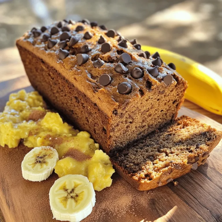 To make Chocolate Chip Banana Bread, gather these ingredients: - 3 ripe bananas, mashed - 1/3 cup melted coconut oil - 1/2 cup brown sugar - 1 egg, beaten - 1 teaspoon vanilla extract - 1 teaspoon baking soda - Pinch of salt - 1 teaspoon ground cinnamon - 1 1/2 cups all-purpose flour - 1 cup chocolate chips (dark or semi-sweet) - 1/2 cup walnuts, chopped (optional) You can customize this recipe by adding or swapping ingredients. For example, you can use applesauce instead of coconut oil for a lighter option. If you don’t have brown sugar, white sugar works in a pinch, but it may alter the flavor slightly. You can also choose different types of chocolate chips, like milk or white chocolate, to match your taste. Always use ripe bananas, as they are sweeter and easier to mash. 1. Preheat your oven to 350°F (175°C). This step is key to a good rise. 2. Prepare your loaf pan. Grease a 9x5 inch loaf pan or line it with parchment paper. This ensures easy removal later. 3. Mash the ripe bananas. Use a large mixing bowl and mash them until smooth. This adds moisture and sweetness to your bread. 4. Blend in the melted coconut oil. Mix until creamy. This helps keep the bread tender. 5. Add the brown sugar. Stir it into the banana mixture well. The sugar gives sweetness and flavor. 6. Incorporate the beaten egg. Mix until it is fully combined. This adds structure to the bread. 7. Pour in the vanilla extract. Mix it well to spread the flavor evenly. 8. Sprinkle the baking soda and a pinch of salt. Stir well to blend. This helps the bread rise. 9. Add ground cinnamon. Fold it in gently, then add the all-purpose flour. Mix until just combined. Avoid overmixing to keep the bread soft. 10. Fold in the chocolate chips. If desired, add chopped walnuts for extra crunch. This step adds rich flavor. 11. Pour the batter into the prepared loaf pan. Use a spatula to smooth the top for an even finish. 12. Bake in the preheated oven for 55 to 65 minutes. Check for doneness by inserting a toothpick in the center. If it comes out clean, your bread is ready. 13. Cool the bread in the pan for about 10 minutes. Then transfer it to a wire rack to cool completely before slicing. These steps ensure that your Chocolate Chip Banana Bread turns out moist and delicious every time. Enjoy the baking process and the wonderful smell that fills your kitchen! To make the best Chocolate Chip Banana Bread, start with ripe bananas. The riper they are, the sweeter your bread will be. Use fresh ingredients for the best flavor. Check your baking soda's freshness; it should be active. Be careful when mixing. Overmixing can lead to dense bread. Mix until just combined for a light texture. If you see lumps, that’s okay! They will bake out. A common pitfall is underbaking. Check your bread with a toothpick. If it comes out clean, it’s done. If it’s still wet, bake a bit longer. Serve your Chocolate Chip Banana Bread warm. It pairs well with butter or a sprinkle of powdered sugar. For a fun twist, try spreading cream cheese or nut butter on top. Beverages can enhance your experience. A hot cup of coffee or tea works great. For a cool option, enjoy it with cold milk or a smoothie. If you're feeling adventurous, add a scoop of ice cream on the side! It gives a nice contrast to the warm bread. For more ideas, check out the Full Recipe. {{image_4}} You can play with flavors in your chocolate chip banana bread. Start with the type of chocolate. Dark chocolate gives a rich taste. Milk chocolate adds sweetness. White chocolate adds a creamy touch. You can mix and match to find your favorite. Adding nuts can add crunch. Walnuts work well, but pecans are great too. Want something fruity? Toss in some blueberries or dried cranberries. Spices can elevate your bread's flavor. Try adding a bit of nutmeg or ginger for a warm twist. Making this recipe gluten-free is simple. Substitute all-purpose flour with almond flour or a gluten-free blend. Make sure to check your baking soda is gluten-free too. To make the recipe vegan, replace the egg with a flax egg. Mix one tablespoon of ground flaxseed with three tablespoons of water. Let it sit for a few minutes until it thickens. You can also use a plant-based milk instead of coconut oil. These small changes can make this delicious bread suitable for everyone. Check out the Full Recipe for more ideas. To keep your Chocolate Chip Banana Bread fresh, store it properly. You can keep it at room temperature for up to three days. Wrap it in plastic wrap or foil to keep moisture in. If you want to store it longer, put it in the fridge. It can last about a week this way. However, refrigeration may change the texture. For the best taste, I recommend room temperature. If your bread feels dry, add a slice of bread to the container. The slice helps keep the banana bread moist. Freezing your banana bread is simple. Here’s how to do it step-by-step: 1. Cool Completely: Let the banana bread cool down all the way before freezing. 2. Wrap It Up: Wrap the bread tightly in plastic wrap. Make sure there are no gaps. 3. Add a Layer: For extra protection, wrap it in aluminum foil or place it in a freezer bag. 4. Label It: Write the date on the bag or foil to remember when you froze it. You can freeze it for up to three months. When you want to eat it, take it out of the freezer. Leave it on the counter for a few hours to thaw. If you want it warm, you can reheat it in the oven at 350°F (175°C) for about 10-15 minutes. This will bring back its soft, fresh taste. For more details on making this delicious treat, check the Full Recipe! How ripe should bananas be for baking? For baking, bananas should be very ripe. Look for bananas with brown spots. These are sweet and perfect for banana bread. The more spots, the better the flavor! Can I use frozen bananas in this recipe? Yes, you can use frozen bananas! Just thaw them first. Once thawed, drain any extra liquid. Then, mash them as you would fresh bananas. How can I tell when the banana bread is done baking? Your banana bread is done when a toothpick comes out clean. Check it around 55 minutes but it can take up to 65 minutes. The top should also look golden brown. What are the best substitutes for eggs in this recipe? You can use applesauce or mashed avocado as an egg substitute. Use 1/4 cup for each egg. Flaxseed meal mixed with water is another great option! How long does Chocolate Chip Banana Bread last? Chocolate Chip Banana Bread lasts about 3 to 4 days at room temperature. Store it in an airtight container to keep it fresh. You can refrigerate it for up to a week. Can I make mini loaves with this recipe? Yes, mini loaves are great! Divide the batter into mini loaf pans. Bake for about 25 to 30 minutes. Just check with a toothpick to be sure they are done! For more details, check the Full Recipe. You learned how to make Chocolate Chip Banana Bread step by step. I shared tips for the best texture, storage, and variations. You can explore different flavors and adapt the recipe to fit your needs. With these methods, you can bake with confidence. Enjoy your delicious banana bread and share it with others! Happy baking!