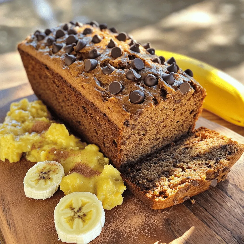 To make Chocolate Chip Banana Bread, gather these ingredients: - 3 ripe bananas, mashed - 1/3 cup melted coconut oil - 1/2 cup brown sugar - 1 egg, beaten - 1 teaspoon vanilla extract - 1 teaspoon baking soda - Pinch of salt - 1 teaspoon ground cinnamon - 1 1/2 cups all-purpose flour - 1 cup chocolate chips (dark or semi-sweet) - 1/2 cup walnuts, chopped (optional) You can customize this recipe by adding or swapping ingredients. For example, you can use applesauce instead of coconut oil for a lighter option. If you don’t have brown sugar, white sugar works in a pinch, but it may alter the flavor slightly. You can also choose different types of chocolate chips, like milk or white chocolate, to match your taste. Always use ripe bananas, as they are sweeter and easier to mash. 1. Preheat your oven to 350°F (175°C). This step is key to a good rise. 2. Prepare your loaf pan. Grease a 9x5 inch loaf pan or line it with parchment paper. This ensures easy removal later. 3. Mash the ripe bananas. Use a large mixing bowl and mash them until smooth. This adds moisture and sweetness to your bread. 4. Blend in the melted coconut oil. Mix until creamy. This helps keep the bread tender. 5. Add the brown sugar. Stir it into the banana mixture well. The sugar gives sweetness and flavor. 6. Incorporate the beaten egg. Mix until it is fully combined. This adds structure to the bread. 7. Pour in the vanilla extract. Mix it well to spread the flavor evenly. 8. Sprinkle the baking soda and a pinch of salt. Stir well to blend. This helps the bread rise. 9. Add ground cinnamon. Fold it in gently, then add the all-purpose flour. Mix until just combined. Avoid overmixing to keep the bread soft. 10. Fold in the chocolate chips. If desired, add chopped walnuts for extra crunch. This step adds rich flavor. 11. Pour the batter into the prepared loaf pan. Use a spatula to smooth the top for an even finish. 12. Bake in the preheated oven for 55 to 65 minutes. Check for doneness by inserting a toothpick in the center. If it comes out clean, your bread is ready. 13. Cool the bread in the pan for about 10 minutes. Then transfer it to a wire rack to cool completely before slicing. These steps ensure that your Chocolate Chip Banana Bread turns out moist and delicious every time. Enjoy the baking process and the wonderful smell that fills your kitchen! To make the best Chocolate Chip Banana Bread, start with ripe bananas. The riper they are, the sweeter your bread will be. Use fresh ingredients for the best flavor. Check your baking soda's freshness; it should be active. Be careful when mixing. Overmixing can lead to dense bread. Mix until just combined for a light texture. If you see lumps, that’s okay! They will bake out. A common pitfall is underbaking. Check your bread with a toothpick. If it comes out clean, it’s done. If it’s still wet, bake a bit longer. Serve your Chocolate Chip Banana Bread warm. It pairs well with butter or a sprinkle of powdered sugar. For a fun twist, try spreading cream cheese or nut butter on top. Beverages can enhance your experience. A hot cup of coffee or tea works great. For a cool option, enjoy it with cold milk or a smoothie. If you're feeling adventurous, add a scoop of ice cream on the side! It gives a nice contrast to the warm bread. For more ideas, check out the Full Recipe. {{image_4}} You can play with flavors in your chocolate chip banana bread. Start with the type of chocolate. Dark chocolate gives a rich taste. Milk chocolate adds sweetness. White chocolate adds a creamy touch. You can mix and match to find your favorite. Adding nuts can add crunch. Walnuts work well, but pecans are great too. Want something fruity? Toss in some blueberries or dried cranberries. Spices can elevate your bread's flavor. Try adding a bit of nutmeg or ginger for a warm twist. Making this recipe gluten-free is simple. Substitute all-purpose flour with almond flour or a gluten-free blend. Make sure to check your baking soda is gluten-free too. To make the recipe vegan, replace the egg with a flax egg. Mix one tablespoon of ground flaxseed with three tablespoons of water. Let it sit for a few minutes until it thickens. You can also use a plant-based milk instead of coconut oil. These small changes can make this delicious bread suitable for everyone. Check out the Full Recipe for more ideas. To keep your Chocolate Chip Banana Bread fresh, store it properly. You can keep it at room temperature for up to three days. Wrap it in plastic wrap or foil to keep moisture in. If you want to store it longer, put it in the fridge. It can last about a week this way. However, refrigeration may change the texture. For the best taste, I recommend room temperature. If your bread feels dry, add a slice of bread to the container. The slice helps keep the banana bread moist. Freezing your banana bread is simple. Here’s how to do it step-by-step: 1. Cool Completely: Let the banana bread cool down all the way before freezing. 2. Wrap It Up: Wrap the bread tightly in plastic wrap. Make sure there are no gaps. 3. Add a Layer: For extra protection, wrap it in aluminum foil or place it in a freezer bag. 4. Label It: Write the date on the bag or foil to remember when you froze it. You can freeze it for up to three months. When you want to eat it, take it out of the freezer. Leave it on the counter for a few hours to thaw. If you want it warm, you can reheat it in the oven at 350°F (175°C) for about 10-15 minutes. This will bring back its soft, fresh taste. For more details on making this delicious treat, check the Full Recipe! How ripe should bananas be for baking? For baking, bananas should be very ripe. Look for bananas with brown spots. These are sweet and perfect for banana bread. The more spots, the better the flavor! Can I use frozen bananas in this recipe? Yes, you can use frozen bananas! Just thaw them first. Once thawed, drain any extra liquid. Then, mash them as you would fresh bananas. How can I tell when the banana bread is done baking? Your banana bread is done when a toothpick comes out clean. Check it around 55 minutes but it can take up to 65 minutes. The top should also look golden brown. What are the best substitutes for eggs in this recipe? You can use applesauce or mashed avocado as an egg substitute. Use 1/4 cup for each egg. Flaxseed meal mixed with water is another great option! How long does Chocolate Chip Banana Bread last? Chocolate Chip Banana Bread lasts about 3 to 4 days at room temperature. Store it in an airtight container to keep it fresh. You can refrigerate it for up to a week. Can I make mini loaves with this recipe? Yes, mini loaves are great! Divide the batter into mini loaf pans. Bake for about 25 to 30 minutes. Just check with a toothpick to be sure they are done! For more details, check the Full Recipe. You learned how to make Chocolate Chip Banana Bread step by step. I shared tips for the best texture, storage, and variations. You can explore different flavors and adapt the recipe to fit your needs. With these methods, you can bake with confidence. Enjoy your delicious banana bread and share it with others! Happy baking!