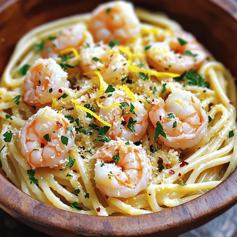 - 8 oz spaghetti or linguine - 1 lb large shrimp, peeled and deveined - 3 tablespoons olive oil - 4 cloves garlic, minced - Zest and juice of 1 lemon - 1 teaspoon red pepper flakes (adjust according to heat preference) - Salt and black pepper to taste - 1/4 cup fresh parsley, chopped - Grated Parmesan cheese for serving To make Garlic Lemon Shrimp Pasta, you need fresh ingredients. Choose large shrimp with a firm texture. The shrimp should smell like the ocean, not fishy. For lemons, pick ones that are bright and heavy for their size. This means they have more juice. For extra flavor, consider adding a splash of white wine. You can also toss in some baby spinach or cherry tomatoes for color and nutrition. These additions brighten the dish and make it more fun. I recommend using high-quality olive oil for better taste. Fresh garlic makes a big difference too. Trust me; it will elevate your dish. You can find the full recipe in the section above. Start by boiling a large pot of salted water. The salt adds flavor to the pasta. Add 8 ounces of spaghetti or linguine. Cook it for 8 to 10 minutes or until it is al dente. Al dente means the pasta is firm but not hard. To check, taste a piece before draining. When it’s ready, save half a cup of the pasta water. Drain the pasta and put it in a large mixing bowl. Next, heat a large skillet over medium heat. Pour in 3 tablespoons of olive oil. Wait until the oil is hot. Add 4 minced garlic cloves and 1 teaspoon of red pepper flakes. Stir for about 1 minute. Watch the garlic closely. It should smell great and turn slightly golden but not burnt. Now, add 1 pound of peeled and deveined shrimp to the skillet. Cook for 2 to 3 minutes on each side. The shrimp should turn pink and opaque. This means they are done. Season with salt and pepper while cooking. Once the shrimp is ready, take the drained pasta from the bowl. Add it to the skillet with the shrimp. Squeeze in the juice of 1 lemon and add the lemon zest. Remember that pasta water you saved? Pour in about 1/4 cup of it. Gently toss everything together. This helps the flavors mix well. Let it cook for another 1 to 2 minutes. This warms everything up and lets the flavors meld perfectly. - Overcooking the shrimp: Cook the shrimp just until they turn pink. If they cook too long, they can become tough. Aim for 2-3 minutes on each side. - Not reserving pasta water: Always save some pasta water before draining. This starchy water helps to bind the sauce and pasta, making it creamy and flavorful. - Suggestions for adding herbs and spices: Fresh herbs like basil or thyme can elevate the dish. You can also add a pinch of oregano for a nice twist. - Using cream or butter for a richer sauce: If you want a creamier sauce, add a splash of heavy cream or a pat of butter at the end. This gives a nice depth to the flavor. - Ideal side dishes to serve with Garlic Lemon Shrimp Pasta: A simple green salad or roasted vegetables pair well. They add freshness and balance to the meal. - Recommended wine pairings: A crisp white wine like Sauvignon Blanc works well with this dish. Its acidity complements the lemon and shrimp flavors beautifully. For more details on how to make this dish, check out the Full Recipe. {{image_4}} If you don't have shrimp, you can use chicken or tofu. Chicken thighs or breasts work well. Tofu gives a nice texture and flavor. For a gluten-free option, try using rice noodles or quinoa pasta. These alternatives can match the dish's taste and keep it light. For a new twist, add sun-dried tomatoes or fresh spinach. These ingredients give extra color and flavor. You can also try other citrus fruits, like lime or orange. Each fruit adds its own unique taste and freshness to the dish. Want to explore global flavors? Try adding olives and feta for a Mediterranean feel. This combination offers a salty, savory kick. For an Asian-inspired twist, use soy sauce and sesame oil. This change adds depth and a hint of umami to the pasta. Explore these variations to make the dish your own! For the original recipe, check out the Full Recipe. Store your Garlic Lemon Shrimp Pasta in an airtight container. This keeps it fresh. You can safely keep it in the fridge for up to three days. When you reheat it, add a splash of water or olive oil. This helps revive the flavors and keeps it moist. To freeze this dish, let it cool completely first. Then, place it in a freezer-safe container. You can freeze it for up to two months. When you are ready to eat, thaw it overnight in the fridge. Reheat it gently on the stove. The shrimp may lose some texture when thawed but will still taste great. Preparing ingredients ahead saves time. Chop garlic and parsley in advance. You can even clean and devein the shrimp the day before. Store these items in separate containers. Use glass or BPA-free plastic containers. This way, you can whip up your Garlic Lemon Shrimp Pasta in just 20 minutes! The best pasta for Garlic Lemon Shrimp Pasta is spaghetti or linguine. These noodles hold the sauce well and add to the dish's elegance. You can also try fettuccine for a thicker bite. Choose a good quality pasta for the best flavor and texture. Yes, you can make Garlic Lemon Shrimp Pasta in advance. Cook the pasta and shrimp separately. Store them in airtight containers in the fridge. When ready to eat, reheat the shrimp and pasta together. Add a splash of lemon juice for freshness. To make this dish spicier, increase the red pepper flakes. You can also add fresh chopped chili peppers. For a different heat, try a dash of hot sauce while cooking. Just be careful not to overdo it; heat builds up. Yes, you can use frozen shrimp for this recipe. Just remember to thaw them first. Place the shrimp in cold water for about 15-20 minutes. After thawing, pat them dry before cooking for the best texture. Garlic Lemon Shrimp Pasta is a balanced dish. It provides protein from shrimp, carbs from pasta, and healthy fats from olive oil. A serving has about 400-500 calories, depending on portion size. It's also rich in vitamins from lemon and parsley. Enjoy this dish as part of a balanced diet. For the full recipe, check the recipe section above. Garlic Lemon Shrimp Pasta is simple and delicious. We covered key ingredients, steps, and tips to make it perfect. Remember to select fresh shrimp and not overcook it. You can add your twist with herbs or spices, too. This dish is easy to store and reheat. Try different variations to keep it exciting. With these tips, you can create a meal that's both tasty and satisfying. Enjoy making this dish and share it with friends and family for a great time.