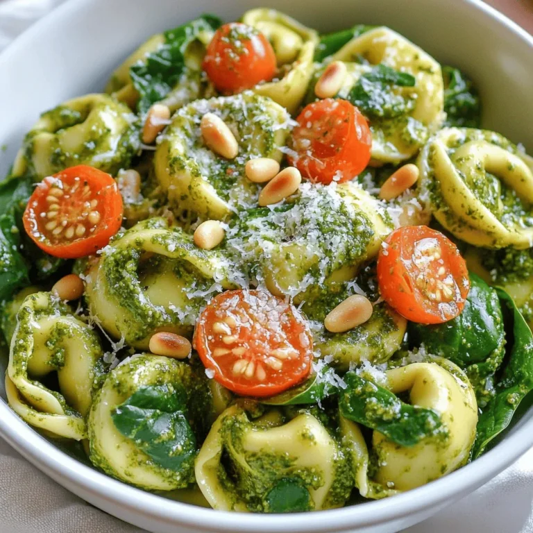 - 12 oz cheese tortellini (fresh or frozen) - 1 cup heavy cream - 1/2 cup prepared basil pesto - 1/4 cup finely grated Parmesan cheese, plus extra for garnish - 1 cup cherry tomatoes, halved - 2 cups fresh baby spinach - 2 cloves garlic, minced - 2 tablespoons extra virgin olive oil - Salt and black pepper to taste - Optional garnish: toasted pine nuts Gather these ingredients to make your creamy pesto tortellini. The heart of this dish is the cheese tortellini. It adds richness and texture. Heavy cream makes the sauce smooth and creamy. Basil pesto brings bright flavors that pop. The Parmesan cheese adds a salty kick. Next, you need some extra ingredients. Cherry tomatoes give a sweet burst. Fresh baby spinach adds color and nutrients. Garlic gives a warm, aromatic note. Extra virgin olive oil helps to sauté the garlic. Finally, don't forget your pantry staples. Salt and black pepper enhance all the flavors. If you want a crunchy finish, use toasted pine nuts as a garnish. For the full recipe, follow the steps to bring this delightful dish to life! Start by boiling a large pot of salted water. Once it reaches a rolling boil, add the cheese tortellini. Cook it according to the package instructions until it is al dente. This usually takes around 2 to 4 minutes. After cooking, drain the tortellini in a colander. Remember to save a little pasta water for later, just in case you need it. In a large skillet, heat olive oil over medium heat. Add minced garlic and sauté it for about one minute. You want the garlic to become fragrant but not brown. Next, pour in the heavy cream, stirring it into the oil and garlic. Then, add the basil pesto and mix until it is well combined. Let the sauce warm up on low heat. First, stir in the fresh spinach and half of the grated Parmesan cheese. Cook and stir until the spinach wilts and the cheese melts into the sauce. This creates a rich and creamy base. Now, add the drained tortellini into the skillet. Toss the pasta gently with the creamy pesto sauce, ensuring every piece is well coated. If the sauce feels too thick, add a splash of the reserved pasta water. Finally, mix in the halved cherry tomatoes. Season with salt and black pepper to taste. Allow the dish to warm for another 2 to 3 minutes. For the complete details, check out the Full Recipe. Using fresh tortellini gives you a soft and tender bite. Frozen tortellini works too, but it may be chewier. If you want to adjust the creaminess, add more cream. For a thicker sauce, let it simmer longer to reduce. You can also add a splash of pasta water to change the thickness. For a lovely look, garnish with extra Parmesan cheese and toasted pine nuts. The nuts add crunch and a nice flavor. When plating, scoop the tortellini into bowls. Drizzle some extra pesto over the top for color. This makes your dish pop and look inviting. When sautéing garlic, heat the oil on medium. Add minced garlic and stir for about one minute. Don’t let it brown, or it will taste bitter. To keep pasta texture, avoid overcooking. Cook the tortellini until al dente, so it stays firm when mixed with sauce. Try the full recipe to create this rich and flavorful dish at home! {{image_4}} You can easily add protein to your creamy pesto tortellini. - Grilled chicken or shrimp: These options offer a tasty boost. Cook them separately and mix them in. - Tofu for a vegetarian option: Tofu absorbs flavors well. Sauté it until golden for a nice texture. Adding veggies gives your dish a fresh touch. - Asparagus or bell peppers: These add color and crunch. Sauté them briefly before adding to the sauce. - Seasonal vegetables for freshness: Use what’s in season. Zucchini and peas work well in spring and summer. Experimenting with sauces keeps it interesting. - Alternative pesto options: Try sun-dried tomato or arugula pesto for a new taste. Each brings a unique flavor profile. - Creamy versus non-creamy sauce variations: You can skip the cream for a lighter dish. Just add more pesto and a splash of pasta water. These changes let you make creamy pesto tortellini your own. For the complete recipe, check the Full Recipe section. To keep your creamy pesto tortellini fresh, store it in an airtight container. This helps prevent the dish from drying out. It will stay good in the fridge for about 3 to 4 days. Make sure to label the container with the date you made it. If you want to save your creamy pasta for later, freezing is a great choice. To freeze, place the dish in a freezer-safe container. Leave some space for expansion. It can last up to 2 months in the freezer. When you're ready to eat it, take it out and thaw it in the fridge overnight. To reheat, you can use a microwave or a skillet. If using a skillet, add a splash of water to help it heat evenly. Stir gently until it's hot all the way through. Creamy pesto tortellini pairs well with a fresh salad or warm bread. A simple green salad with vinaigrette is a great match. For reheating, make sure you warm it gently. This keeps the flavors intact. Enjoy your creamy delight with your favorite sides! For the full recipe, check out the [Full Recipe]. You can make this dish vegan by swapping dairy ingredients. Here are some great substitutes: - Use vegan tortellini made from plant-based ingredients. - Replace heavy cream with coconut cream or cashew cream. - For Parmesan, try nutritional yeast or a store-bought vegan cheese. These swaps keep the flavor tasty and rich while removing all animal products. You will enjoy a creamy, satisfying meal without losing the essence of the dish. Yes, you can use store-bought pesto in this recipe. It saves time and still tastes great. However, homemade pesto has unique benefits: - You can control the ingredients for freshness. - You can adjust flavors to your liking. - Homemade pesto often tastes brighter and more vibrant. If you have the time, I recommend making your own for the best flavor. Pair this dish with side dishes and drinks that enhance its taste. Here are some ideas: - A simple arugula salad with lemon vinaigrette. - Garlic bread for a crunchy side. - A glass of chilled white wine like Pinot Grigio. These choices complement the creamy, rich flavor of the tortellini. They make for a delightful meal experience. For the full recipe, check out the instructions above! This blog post covered how to make a tasty creamy pesto tortellini. We discussed the key ingredients like cheese tortellini, heavy cream, and basil pesto, plus optional veggies and proteins. I shared simple steps and helpful tips for the best outcome. You can enjoy this dish any way you like, with fresh veggies or proteins. Remember, your choices make it your own. Whether you serve it to family or friends, it’s sure to please!