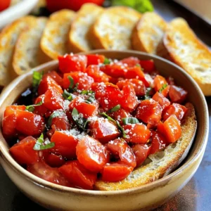 - Ripe tomatoes: Choose tomatoes that feel heavy for their size. The skin should be smooth and slightly shiny. Look for deep color, which shows good ripeness. Heirloom tomatoes have great flavor, but any ripe variety will work. - Fresh basil: Wash the basil leaves gently and pat them dry. For the best taste, chop them just before using. You can store leftover basil in a jar of water in the fridge, covered loosely with a bag. This keeps it fresh longer. - Garlic: Use fresh garlic cloves for the best taste. You can choose between white or purple garlic. To prepare, peel the cloves and mince them finely for even flavor distribution in your mix. - Balsamic vinegar: Use high-quality balsamic for a rich flavor. You can also try different vinegars like red wine or apple cider vinegar for a twist. Each adds a unique taste to your bruschetta. - Parmesan cheese: Look for aged Parmesan as it has a stronger flavor. Grate it finely for easy melting over the warm bread. Pecorino Romano is a tasty alternative if you want something sharper. - Honey: Adding honey can balance the acidity in the tomatoes. A small drizzle enhances the flavor without being too sweet. You can also use agave syrup if you prefer a vegan option. For the full recipe, please check the detailed instructions provided earlier in this article. To start, gather your ingredients for the tomato mixture. You will need ripe tomatoes, fresh basil, and minced garlic. - How to prepare the tomato mixture: 1. Dice the tomatoes finely. Remove seeds if you want less juice. 2. Chop the basil leaves roughly. This helps release their oils. 3. Mince the garlic well. You want it to blend into the mix. 4. In a bowl, mix these ingredients. Add balsamic vinegar and olive oil. 5. Season with salt and black pepper. If you like, add honey for sweetness. 6. Toss gently and let it rest for ten minutes. This lets the flavors blend. - Tips for perfecting the garlic and basil incorporation: - Use fresh garlic for the best taste. Dried garlic lacks flavor. - Tear the basil leaves instead of cutting them. This keeps the flavor strong. - Mix well but do not over-mix. You want to keep the tomatoes intact. Next, it’s time to toast the bread. You want it golden and crispy. - Best practices for achieving the perfect texture: 1. Preheat your oven to 400°F (200°C). 2. Lay out your bread slices on a baking sheet. 3. Brush each slice lightly with olive oil. This helps with crisping. 4. Bake for about 5-7 minutes. You want them golden brown. - How to flavor the bread before toasting: - Use garlic oil if you like a stronger flavor. - Sprinkle some salt on the bread for added taste. - You can also add herbs like oregano before toasting. Now, let’s put everything together. This is where the magic happens! - Techniques to layer the toppings effectively: - Start with the toasted bread. This is your base. - Spoon the tomato mixture generously onto each slice. - If you like, add grated Parmesan cheese on top. It adds a nice touch. - Serving instructions for optimal presentation: - Serve the bruschetta on a nice platter. - Garnish with whole basil leaves around the edges. - Drizzle balsamic reduction for a pretty finish. This simple recipe brings fresh flavors together. Enjoy the taste of summer with every bite! For the complete recipe, check out the Full Recipe. To amplify the taste of your bruschetta, focus on the seasonings. A sprinkle of sea salt brings out the natural sweetness of the tomatoes. Freshly cracked black pepper adds a bit of heat. You can also try adding a pinch of red pepper flakes for some zing. For vinegars, balsamic is a classic choice, but other options work well too. Try red wine vinegar for a sharper taste. Apple cider vinegar can add a nice fruity note. Each vinegar gives a unique twist to the dish. When storing leftover bruschetta, keep the tomato mixture and bread separate. Place the mixture in an airtight container in the fridge. It lasts about two days, but the flavor will fade. For the bread, wrap it in foil or a paper bag. This keeps it from getting too soft or stale. To keep your fresh ingredients longer, store tomatoes at room temperature. Avoid the fridge, as cold can ruin their taste. Basil should stay in a glass of water, like a flower bouquet. Cover it loosely with a plastic bag to keep it fresh. One common pitfall is using overripe tomatoes. They can make your bruschetta mushy. Choose firm, ripe tomatoes for the best texture. Another mistake is toasting the bread too long. It should be crisp but not burnt. To avoid soggy bread, add the tomato topping just before serving. This keeps the bread crunchy and delicious. For more ideas, check out the Full Recipe for a perfect mix of flavors. {{image_4}} You can change bruschetta based on the season. In summer, add fruits like peaches or strawberries. These juicy fruits mix well with tomatoes and basil, creating a fresh twist. You can also use colorful bell peppers for crunch. In winter, try roasted veggies. Roasted butternut squash or sweet potatoes give a warm feel. They add sweetness and depth. You can even use spiced apples for a fun touch. If you need gluten-free options, use gluten-free bread. Many stores sell tasty gluten-free baguettes or ciabatta. This way, everyone can enjoy bruschetta. For vegan modifications, skip the cheese or use a plant-based cheese. You can also add more veggies for extra flavor. Consider using avocado for creaminess. Bruschetta is not just about the classic tomato mix. Try different toppings like artichokes or olives for a twist. You can also add roasted garlic for a rich flavor. Pair bruschetta with various cheeses like goat cheese or feta. These cheeses add creaminess and tang. For meat lovers, prosciutto or salami works great too. The salty flavors enhance the dish. You can find the full recipe [here](#). To store unused tomato mixture, place it in an airtight container. This keeps the mix fresh for up to two days. If you have leftover bruschetta, avoid adding toppings until you're ready to serve. This prevents the bread from getting soggy. For the bread, store it in a paper bag. This helps maintain its crispness. Avoid plastic bags, as they trap moisture and make the bread soft. If you want to keep the bread fresh longer, freeze it. Just slice the bread before freezing for easy use later. You can freeze the tomato mixture and the bread separately. This helps keep each part fresh. To freeze the tomato mix, pour it into a freezer-safe bag. Remove excess air before sealing. When you're ready to eat, thaw the mixture overnight in the fridge. For the bread, place it in the oven at 350°F (175°C) for about 10 minutes to restore its crunch. Enjoy your bruschetta within three days for the best taste. Over time, the tomatoes may lose their fresh flavor. Look for signs of spoilage like discoloration or an off smell. If the bread feels soft or stale, it’s time to toss it. By following these simple storage tips, you can extend the life of your delicious bruschetta. Enjoy it fresh and vibrant every time! The best breads for bruschetta are Italian baguette or ciabatta. Both have a nice crust that crisps up well. You can also use sourdough for a tangy flavor. Choose a bread that is sturdy enough to hold the toppings. Yes! You can prepare the tomato mix a few hours ahead. Just store it in the fridge. This lets the flavors blend. Toast the bread right before serving for the best crunch. Keep the bread and topping separate until you serve. To serve more people, double the recipe. Use multiple loaves of bread. You can also make several batches of the tomato mix. It’s easy to scale up. Just remember to toast the bread in batches to keep it crisp. Bruschetta is best served fresh. The toasted bread should be warm. The tomato mix can be at room temperature. This combo gives a nice contrast. Serve it right after you assemble it for the best taste. Bruschetta pairs well with simple sides. Think of a light salad or soup. A fresh arugula salad works great. You can also serve it with olives or cheese. These add nice flavors and textures to your meal. In this post, we explored making bruschetta from fresh ingredients like ripe tomatoes, basil, and garlic. You learned how to prepare these components and create the perfect toast. We also covered tips for storage and common mistakes to avoid. Finally, I shared variations for different seasons and diets. Bruschetta is simple, fun, and a delightful treat. Enjoy experimenting and finding your favorite flavors!
