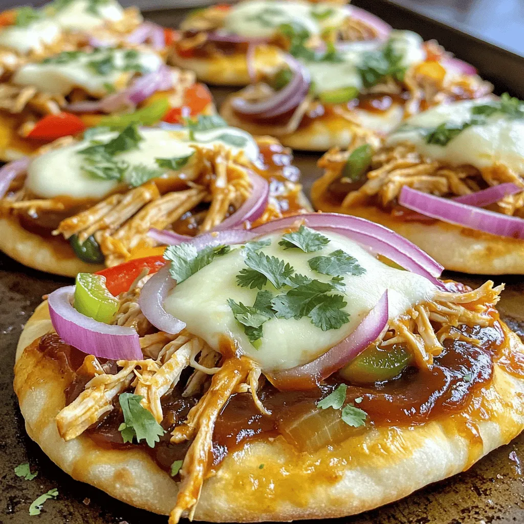 - 2 large flatbreads - 1 cup cooked chicken, shredded - 1/2 cup BBQ sauce - 1 cup shredded mozzarella cheese To make BBQ chicken flatbread, you need just a few main ingredients. Start with two large flatbreads. These will serve as your base. Next, use one cup of cooked chicken, shredded finely. I like to use leftovers for ease. Then, grab half a cup of your favorite BBQ sauce. This adds that sweet and smoky flavor. Finally, you'll need one cup of shredded mozzarella cheese. This cheese melts beautifully and makes the dish gooey and delicious. - 1/2 cup red onion, thinly sliced - 1/2 cup bell peppers, thinly sliced - 1/4 cup fresh cilantro, chopped - 1 tablespoon olive oil For extra flavor, add some fun toppings. Use half a cup of red onion, sliced thinly. This brings a nice crunch and kick. You also want half a cup of bell peppers. They can be any color you like. Add a quarter cup of fresh cilantro, chopped finely for a fresh taste. Lastly, use one tablespoon of olive oil. This helps brown the flatbreads and adds rich flavor. - Salt and pepper to taste Don’t forget the salt and pepper! These are key to bringing out the flavors of your ingredients. Season to your liking. Remember, a little goes a long way. For the full recipe, check out the details provided above. Enjoy making this BBQ Chicken Flatbread! - Preheat oven to 400°F (200°C). - In a bowl, mix shredded chicken and BBQ sauce. Start by warming your oven. Cooking at the right temperature helps the flatbreads get crispy and tasty. Then, take your cooked chicken and add the BBQ sauce. Stir it until every piece is covered. This mix is full of flavor and will make your flatbread really special. - Prepare baking sheet with parchment paper. - Brush flatbreads with olive oil. - Spread BBQ chicken mixture and add cheese. Next, get a baking sheet and line it with parchment paper. This will stop the flatbreads from sticking. Take your flatbreads and brush them with olive oil. This small step gives them a nice crunch. After that, use a spatula to spread the BBQ chicken mix evenly on each flatbread. Don’t forget to sprinkle shredded mozzarella cheese on top. This cheese will melt and create a delicious layer. - Layer with red onion and bell peppers. - Bake for 10-12 minutes. - Finish with cilantro and slice to serve. Now it’s time to add some color! Place thin slices of red onion and bell peppers over the cheese. These add extra flavor and make the dish look great. Put your baking sheet in the oven and bake for about 10-12 minutes. Keep an eye on them! You want the cheese to bubble and the edges to turn golden brown. Once done, take them out and sprinkle fresh cilantro on top. This adds a fresh taste to each bite. Use a sharp knife to slice your flatbreads into wedges. They are now ready to serve! Enjoy these yummy BBQ chicken flatbreads for dinner or a fun snack. For more details, check out the Full Recipe. To make your BBQ chicken flatbread even tastier, try mixing flavors. You can add ranch sauce or hot sauce. This gives a nice kick to the dish. Using fresh ingredients is key. Fresh cilantro and ripe bell peppers bring bright flavors. They also add color to your meal. Always pick the freshest produce you can find. This makes a big difference in taste. For crispy flatbreads, follow a few simple steps. First, brush them with olive oil before baking. This helps them crisp up nicely. Use a preheated oven to cook them evenly. To ensure cheese melts perfectly, spread it evenly. Avoid clumps of cheese. This way, every bite is cheesy and delicious. Pair your flatbread with simple sides. A fresh salad or crunchy veggies works well. For drinks, try iced tea or lemonade to balance the flavors. When hosting, serve flatbreads on wooden boards. Slice them into wedges for easy sharing. You can also offer extra BBQ sauce on the side. This lets guests add more flavor as they like. For the full recipe, check out the detailed instructions above. {{image_4}} For those wanting a lighter meal, consider low-calorie or low-carb options. Use whole wheat flatbreads or cauliflower flatbreads. You can also swap the chicken for grilled vegetables like zucchini or mushrooms. For cheese, try a low-fat mozzarella or nutritional yeast for a cheesy flavor without dairy. You can even use hummus as a spread for added protein. If you prefer a vegan option, replace the chicken with jackfruit or chickpeas. Use vegan cheese made from nuts or soy. These swaps keep the taste while making the dish plant-based and healthy. Want to kick up the heat? Make spicy BBQ chicken flatbreads by adding jalapeños or a spicy BBQ sauce. You can also mix in chipotle peppers for a smoky twist. Looking for international flair? Try a Mexican version with black beans, corn, and a zesty salsa. For a Mediterranean vibe, use feta cheese, olives, and a drizzle of tzatziki sauce. These options turn your flatbread into a world tour of flavors! Get creative with toppings! Try adding sliced avocado, arugula, or even pineapple for a sweet twist. You can also layer on roasted garlic for a bold flavor boost. Mix different cheeses for a unique taste. Consider cheddar, gouda, or goat cheese. Each adds a different richness and depth to your BBQ chicken flatbread. These variations keep your meals exciting and full of flavor. For the full recipe, check out the BBQ Chicken Flatbread Delight. To store leftover BBQ chicken flatbread, place it in an airtight container. This keeps it fresh and safe. You can also wrap it tightly in plastic wrap. Make sure to cool it to room temperature first. This way, moisture does not form inside the container. Enjoy your flatbread within three days for the best taste. For reheating, I recommend using an oven over a microwave. The oven helps keep the flatbread crispy. Preheat your oven to 350°F (175°C). Place the flatbread on a baking sheet. Heat for about 10 minutes. This allows the cheese to melt and the edges to crisp up again. If you use a microwave, heat it for 30 seconds at a time. The flatbread may become soggy, so be careful. Yes, you can freeze BBQ chicken flatbread. To freeze, wrap each piece tightly in foil or plastic wrap. Make sure to place them in a freezer-safe bag or container. This prevents freezer burn. When you're ready to eat, remove the flatbread from the freezer and thaw it in the fridge overnight. Then, reheat it in the oven for the best texture. Enjoy this tasty dish anytime! Yes, you can use store-bought BBQ sauce. Some great brands include Sweet Baby Ray's and Stubb's. They have a nice balance of sweet and tangy. You can also try a spicy version if you like heat. Look for sauces that have natural ingredients for better flavor. It takes about 10 minutes to prepare and around 12 minutes to cook. So, you can have this meal ready in just 22 minutes. This is perfect for busy weeknights when you want something tasty but quick. Absolutely! You can change the toppings to suit your taste. Try using different cheeses like cheddar or pepper jack. You can also add other veggies, such as mushrooms or spinach. If you prefer, swap chicken for shredded pork or even a plant-based option. This recipe is flexible and fun! You can find the full recipe to explore more ideas. You now know how to make delicious BBQ chicken flatbread. We covered the key ingredients, steps, and tips. This dish is simple and fun to prepare. You can even customize flavors and toppings to suit your taste. Remember, fresh ingredients make a big difference. Enjoy it at gatherings or for a quick meal. Don’t forget the storage tips to keep leftovers fresh! Dive into this tasty flatbread, and make it your own. Happy cooking!
