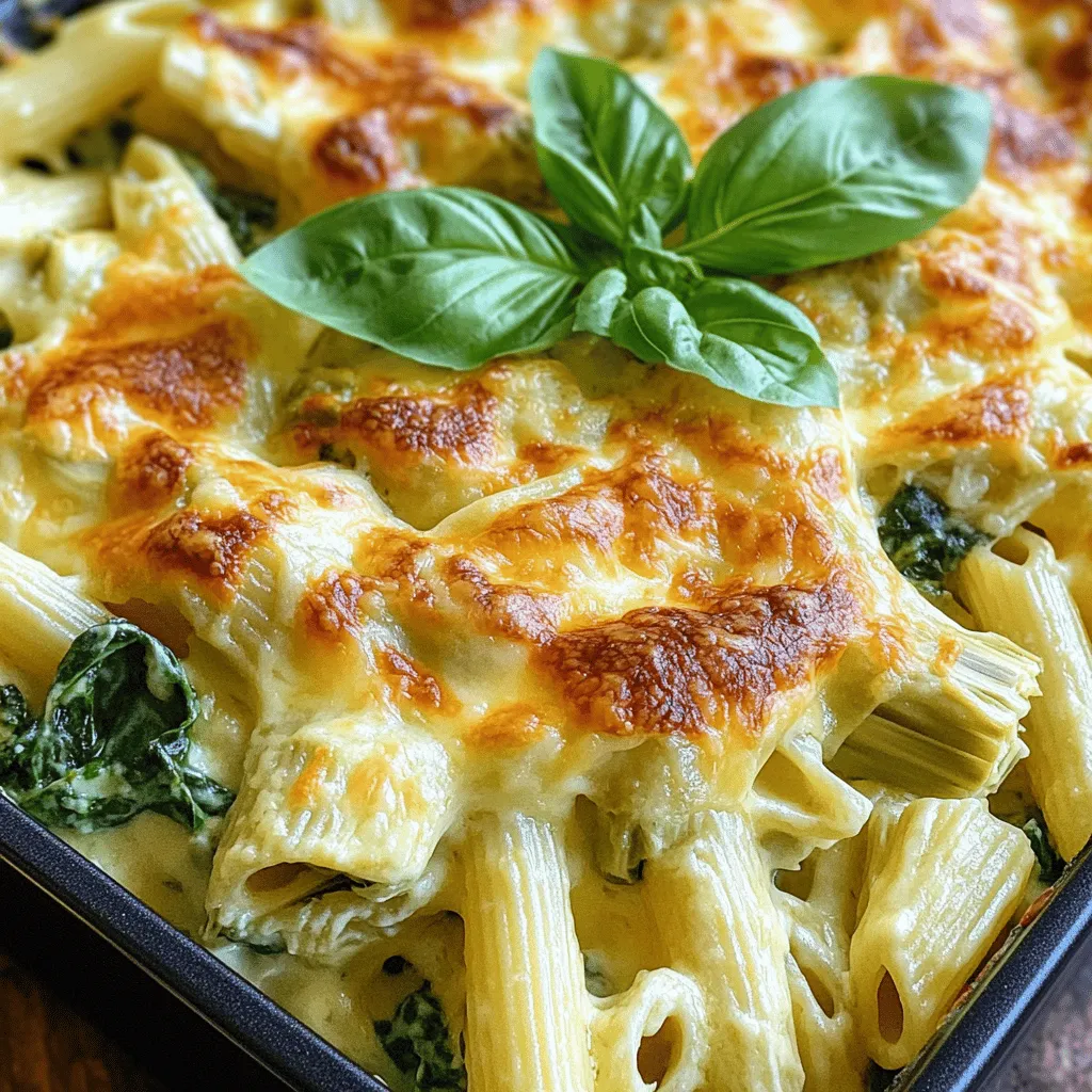 To make the Spinach Artichoke Pasta Bake, gather these ingredients: - 8 oz (about 2 cups) uncooked penne pasta - 1 can (14 oz) artichoke hearts, drained and finely chopped - 2 cups fresh spinach, roughly chopped - 1 cup cream cheese, brought to room temperature - 1 cup sour cream - 1 cup mozzarella cheese, shredded (plus more for topping) - ½ cup grated Parmesan cheese (plus more for topping) - 2 cloves garlic, minced - ½ teaspoon onion powder - ½ teaspoon garlic powder - Salt and black pepper, to taste - 1 tablespoon olive oil, for greasing - Fresh basil leaves, for garnish (optional) You might want to swap some ingredients. Here are a few ideas: - Use rotini or fusilli pasta for a different shape. - Greek yogurt can replace sour cream for a tangy touch. - For a lighter option, use low-fat cream cheese. - Add more veggies like bell peppers or mushrooms for extra flavor. - If you love spice, toss in crushed red pepper flakes. Make sure you have these tools ready: - A large pot for boiling pasta - A mixing bowl for the creamy base - A spatula for mixing - A 9x13 inch baking dish for baking - An oven for cooking With these ingredients and tools, you're all set to create a delicious Spinach Artichoke Pasta Bake! For the full recipe, check out the detailed steps in the recipe section. First, set your oven to 375°F (190°C). This step helps the pasta bake cook evenly. Next, fill a large pot with water and add salt. Bring the water to a rolling boil. Once boiling, add 8 oz of uncooked penne pasta. Cook it until it is just right, or al dente, following the package guide. After that, drain the pasta and put it aside for later. In a big mixing bowl, add 1 cup of cream cheese and 1 cup of sour cream. Make sure the cream cheese is soft. This helps in mixing. Next, toss in 2 cloves of minced garlic, ½ teaspoon onion powder, and ½ teaspoon garlic powder. Don’t forget a good pinch of salt and black pepper. Use a spatula or whisk to blend until it looks smooth and creamy. Now, it’s time to add some color and flavor! Fold in 1 can of drained and finely chopped artichoke hearts and 2 cups of roughly chopped fresh spinach. Add half of the shredded mozzarella and half of the grated Parmesan cheese, too. Mix gently until everything is combined. Then, add the cooked penne pasta to the creamy mix. Stir with a spatula until every piece of pasta is coated well. Once mixed, lightly grease a 9x13 inch baking dish with 1 tablespoon of olive oil. Pour the pasta mixture into the dish and spread it out evenly. Sprinkle the rest of the mozzarella and Parmesan cheese on top for a cheesy finish. Now, place it in the oven and bake for 25-30 minutes. You’ll know it’s done when the top is golden and bubbly. After baking, let it cool for about 5 minutes. You can then garnish with fresh basil leaves, if you want. Enjoy this creamy delight! For the full recipe, check out the details above. To get the best texture, cook your pasta until it is al dente. This means it should be firm and slightly chewy. Overcooked pasta can become mushy in the bake. Once you drain the pasta, do not rinse it. This keeps the starch, helping the sauce stick. Mix the creamy base and pasta gently. You want to coat each piece without breaking it. One common mistake is not using enough seasoning. Salt brings out the flavors. Use a generous pinch when mixing the creamy base. Another big mistake is skipping the resting time. Letting the bake sit for five minutes after cooking allows the flavors to blend. This makes each bite taste better. Lastly, don't skimp on cheese. More cheese means more flavor and a delightful crust. Add a squeeze of lemon juice for a bright flavor boost. You can also mix in some red pepper flakes for heat. Want a smoky taste? Try adding smoked paprika. Fresh herbs like thyme or parsley can add freshness. For a twist, consider adding sun-dried tomatoes. These small changes can make your dish unique. For the full recipe, check out the recipe section. {{image_4}} You can make this dish even more veggie-friendly. Try adding different vegetables like bell peppers, mushrooms, or zucchini. These will add color and flavor. You can also use different greens like kale or Swiss chard instead of spinach. This keeps the dish fresh and fun! If you want to add protein, cooked chicken or shrimp work great. You can also use beans or lentils for a plant-based option. Just mix them in with the creamy base. This makes the dish more filling and adds a nice texture. To make this recipe gluten-free, use gluten-free pasta. There are many options available now that taste great. Just follow the same cooking instructions as you would for regular pasta. With these changes, everyone can enjoy this delicious meal. If you want the full recipe, check out the Spinach Artichoke Pasta Bake! To store your leftover Spinach Artichoke Pasta Bake, let it cool first. Once it’s cool, cover it tightly with plastic wrap or aluminum foil. You can also use an airtight container. Store it in the fridge. It stays fresh for about 3 to 5 days. When you're ready to enjoy the leftovers, preheat the oven to 350°F (175°C). Place the pasta bake in an oven-safe dish. Cover it with foil to keep it moist. Bake for about 20 minutes, or until heated through. If you want a crispy top, remove the foil for the last 5 minutes. You can also reheat it in the microwave. Use a microwave-safe dish and heat in 1-minute intervals, stirring in between. If you wish to freeze the pasta bake, do it before baking for the best results. Assemble the dish and cover it tightly with plastic wrap, then aluminum foil. Label it with the date. It can stay in the freezer for up to 2 months. To bake from frozen, preheat the oven to 375°F (190°C) and bake for about 45-60 minutes. Check for a bubbly top to know it’s ready! For a quicker option, thaw it in the fridge overnight before baking. You can refer to the Full Recipe for guidance on preparation. Yes, you can make this dish ahead of time. Prepare the entire recipe up to the baking step. Cover it tightly and store it in the fridge. You can bake it later, right before serving. Just allow extra time for cooking if it starts cold. This pasta bake pairs well with many sides. Here are some ideas: - A fresh green salad with vinaigrette. - Garlic bread for a crunchy side. - Roasted veggies for more flavors. - A simple fruit salad for a sweet touch. These sides help balance the creamy pasta bake. To adjust servings, you can change the amount of pasta. For smaller servings, cut the ingredients in half. For larger servings, double the recipe. Keep in mind that baking time may change. Always check for that golden top! For exact measurements, refer to the Full Recipe. This blog post covered the key ingredients for a tasty Spinach Artichoke Pasta Bake. We looked at options for substitutions and the equipment you need. I shared step-by-step instructions on prepping, creating the creamy base, and combining it all together. You learned tips for great texture and common mistakes to avoid. There are also variations for dietary needs, plus storage and reheating instructions. Now, you have all the tools you need to make this dish a hit. Enjoy your cooking!