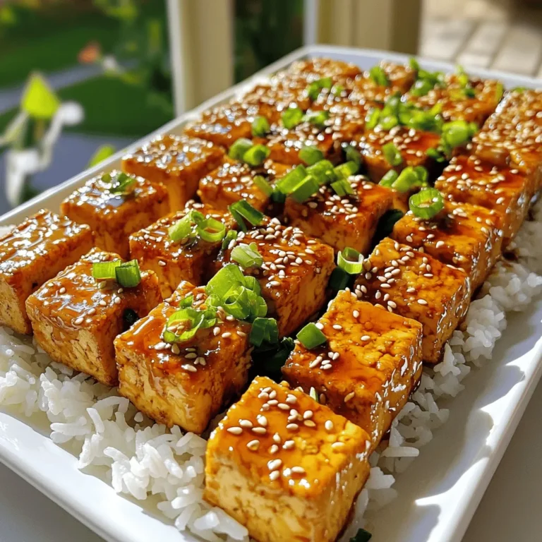 - 400g firm tofu, pressed and cut into bite-sized cubes - 1/4 cup soy sauce - 1/4 cup pure maple syrup - 1 tablespoon rice vinegar - 1 tablespoon sesame oil - 2 cloves garlic, finely minced - 1 teaspoon fresh ginger, finely grated - 2 tablespoons cornstarch - 1 tablespoon sesame seeds (for topping) - 3 green onions, finely chopped (for garnish) - Cooked rice or quinoa (for serving) - Cooked rice - Quinoa - Additional garnishes The main stars of this dish are the firm tofu and the savory marinade. Firm tofu holds its shape well during cooking. Pressing it helps remove excess water, making it firmer and better at soaking up flavors. The marinade brings a lovely balance of sweet and savory. Soy sauce adds umami. Maple syrup gives it sweetness, while rice vinegar adds a bit of tang. Sesame oil brings a nutty flavor, and garlic and ginger boost the taste with freshness. For the coating, cornstarch is key. It helps the tofu become crispy in the oven. Topping it with sesame seeds and green onions adds crunch and brightness. Serve your baked teriyaki tofu over a bed of rice or quinoa. Both options soak up the flavors well. Add extra garnishes like more green onions or sesame seeds for a beautiful touch. You can find the full recipe linked above. - Preheat the oven to 200°C (400°F). - Line a baking tray with parchment paper. Starting with the right temperature is key. Preheating ensures even cooking. Lining the tray makes cleanup easy and prevents sticking. - Combine soy sauce, maple syrup, rice vinegar, sesame oil, minced garlic, and grated ginger. - Whisk until fully blended. Mixing these ingredients creates a tasty marinade. Each flavor adds depth to the tofu. The sweet maple syrup balances the salty soy sauce. Ginger and garlic bring warmth and spice. - Add diced tofu to marinade and toss gently. - Let marinate for at least 20 minutes. Marinating is crucial. It allows the tofu to soak up all those great flavors. Toss the tofu carefully to coat each piece. If you have more time, let it marinate longer for even more flavor. - Coat tofu with cornstarch and arrange on a baking tray. - Bake for 25 to 30 minutes, flipping halfway. Cornstarch is essential for crispy tofu. It gives the outside a nice crunch. Arrange the tofu in a single layer to cook evenly. Flipping helps achieve golden-brown edges on both sides. Enjoy your Baked Teriyaki Tofu with rice or quinoa. Take a look at the Full Recipe for more details! To get that perfect crunch, cornstarch is key. It helps the tofu form a crispy outer layer when baked. After marinating the tofu, sprinkle cornstarch over it. Toss gently to coat each piece. This simple step makes a big difference in texture. When baking, flipping the tofu halfway is vital. This ensures both sides get golden and crispy. Use a spatula to turn the pieces carefully. This way, you avoid breaking them apart. To boost flavor, add sesame seeds as a garnish. They give a nice crunch and a nutty taste. Just sprinkle them on top right after baking. You can also use fresh herbs like cilantro or basil. They add a pop of color and fresh flavor to your dish. For a beautiful presentation, arrange the tofu neatly on a serving platter. You can put it in rows or clusters. Drizzle any leftover marinade from the tray over the tofu. This adds extra flavor and looks great. Finally, scatter some sesame seeds and chopped green onions on top. This makes your dish eye-catching and delicious. For the complete recipe, check out the Full Recipe. {{image_4}} You can change up the flavor of your baked teriyaki tofu with different sauces. Here are some ideas: - Homemade spicy teriyaki sauce: Mix soy sauce, honey, and chili paste for heat. - Sweet pineapple teriyaki sauce: Blend soy sauce with pineapple juice for a fruity twist. - Garlic ginger sauce: Use fresh ginger and garlic with soy sauce for a zesty flavor. These sauces give you options based on your mood. Get creative and find your favorite! Adding veggies makes the meal more colorful and healthy. Try these options: - Bell peppers: Sweet and crunchy, they roast nicely with the tofu. - Broccoli: It adds a nice texture and pairs well with teriyaki. - Carrots: They bring a sweet flavor and vibrant color. To make it a full meal, add greens like spinach or kale. Just toss them on the tray during the last 10 minutes of baking. They will cook down perfectly! If you want to switch things up, you can use different proteins. Here are two great options: - Tempeh: This soy product has a nutty taste and absorbs flavors well. - Seitan: A wheat-based protein, it has a chewy texture and is filling. Both options fit well into a vegan diet. You can adapt the recipe to use them just like tofu. Enjoy the same great flavor! For the full recipe, check the initial section. To keep your baked teriyaki tofu fresh, store it in the fridge. Place it in an airtight container. This helps prevent any odors from other foods. Make sure it cools completely before sealing. If you have extra sauce, keep it in a separate container. This keeps the tofu from getting soggy. When you want to enjoy your leftovers, there are a few good ways to reheat baked tofu. You can use a microwave, but it may get soft. For best results, use an oven or a skillet. Preheat your oven to about 180°C (350°F). Place the tofu on a baking sheet and heat for about 10 minutes. If using a skillet, add a little oil and heat over medium heat. This keeps the tofu crispy. Can you freeze baked teriyaki tofu? Yes, you can freeze it! But, it’s best to freeze it before reheating. First, let it cool completely. Then, place it in a freezer-safe container. Use parchment paper between layers to avoid sticking. Baked tofu can last up to three months in the freezer. To thaw, move it to the fridge overnight. Reheat it in the oven for a crisp finish. Using soft tofu will change the texture of the dish. Soft tofu is delicate and may break apart during cooking. Firm tofu holds its shape better and crisps up nicely. If you prefer soft tofu, try baking it in a smaller dish. This method helps keep it intact while cooking. If you need a soy sauce substitute, try tamari for a gluten-free option. Coconut aminos also work well and have a mild flavor. Both alternatives will give a nice taste without the soy. Keep in mind that these may affect the final flavor in your baked teriyaki tofu. You can keep the marinade in the fridge for up to one week. Store it in a clean, airtight container. Always check for any odd smells before using it again. If you notice any changes, it’s better to make a fresh batch. Absolutely! Baked teriyaki tofu is perfect for meal prep. It holds well in the fridge for about four days. You can easily reheat it for quick lunches or dinners. Pair it with rice or quinoa for a complete meal. Yes, you can make baked teriyaki tofu in an air fryer. Set it to 200°C (400°F) and cook for about 15-20 minutes. Shake the basket halfway through cooking for even crispiness. Adjust the time based on your air fryer model. This blog covered everything you need to make baked teriyaki tofu. We explored the key ingredients and step-by-step instructions to ensure perfect texture and flavor. I shared tips for crispy tofu and suggested fun variations, like adding veggies or trying different sauces. Finally, we discussed storage and reheating to keep your tofu delicious. Enjoy making this meal, and let your creativity shine in the kitchen!