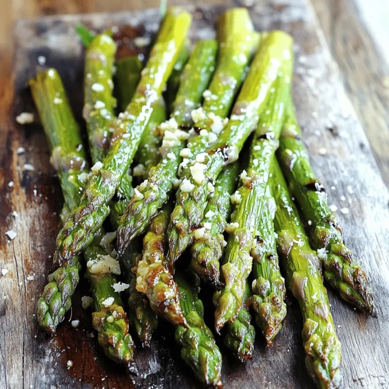 To make garlic roasted asparagus, you'll need a few fresh items: - 1 lb fresh asparagus, trimmed to remove tough ends - 4 cloves garlic, finely minced - 3 tablespoons extra virgin olive oil - Zest of 1 lemon (about 1 teaspoon) - Sea salt and freshly cracked black pepper, to taste - 1 teaspoon balsamic vinegar (optional, for a finishing drizzle) - Grated Parmesan cheese (optional, for garnish) These ingredients come together to create a simple yet tasty dish. The asparagus gives a great crunch, while the garlic adds a rich flavor. You can enhance your garlic roasted asparagus with a few extras. Consider adding: - Lemon juice for brightness - Red pepper flakes for a spicy kick - Chopped fresh herbs like parsley or thyme These options will allow you to personalize the dish to your taste. When choosing asparagus, look for these signs: - Bright green color with no yellowing - Firm and straight spears - Closed tips that are not wilted Fresh asparagus will cook better and taste more vibrant. Keep an eye out for these details next time you shop! Start by washing the asparagus. Look for fresh spears that are bright green and firm. Trim off the tough ends, about one inch. This helps to keep the dish tender. In a large bowl, mix the asparagus with minced garlic, olive oil, lemon zest, sea salt, and black pepper. Toss gently until each spear is coated. This step makes a big difference in flavor. Preheat your oven to 425°F (220°C). Line a baking sheet with parchment paper for easy cleanup. Spread the asparagus in a single layer on the sheet. Avoid crowding the spears. This helps them roast evenly. Roast the asparagus for 15-20 minutes. Halfway through, take it out, and toss the spears gently. This ensures they brown nicely. Look for crispy tips, which means they are ready. When the asparagus is done, take it out of the oven. If you like, drizzle some balsamic vinegar over the top. This adds a nice hint of sweetness. For an extra treat, sprinkle grated Parmesan cheese on the hot asparagus. It melts just right and adds a rich flavor. Serve right away for the best taste. Enjoy this fresh and flavorful dish, perfect as a side or a light main. For the full recipe, check out the details provided earlier. To get crispy asparagus, start with fresh spears. Thin ones crisp up better than thick ones. Preheat your oven to 425°F (220°C). This high heat helps the edges brown nicely. Spread the asparagus in a single layer on the baking sheet. Avoid crowding them. If they touch, they will steam instead of roast. Toss them halfway through cooking for even crispiness. While garlic is key, you can mix in other flavors too. Try adding red pepper flakes for a spicy kick. You can also use herbs like thyme or rosemary for a fresh taste. A squeeze of lemon juice before serving adds brightness. For a tangy twist, drizzle balsamic vinegar over the top. If you enjoy cheese, sprinkle grated Parmesan for extra richness. Do not skip trimming the tough ends of asparagus. This step ensures a tender bite. Be careful with the oven temperature; too low won’t give you that crispy finish. Also, watch the time. Over-roasting can lead to mushy asparagus. Finally, don’t forget the seasoning. Salt and pepper are essential for bringing out the flavor. For the full recipe, check out Garlic Roasted Asparagus Delight. {{image_4}} You can change the taste of garlic roasted asparagus easily. Add lemon zest for a bright twist. It gives a fresh flavor that pairs well with garlic. You can also use other herbs. Try thyme, rosemary, or even dill. Each herb adds a unique touch to the dish. Mix and match to find your favorite flavor blend. Garlic roasted asparagus is great for everyone, including vegetarians and vegans. The basic recipe is already plant-based. For a vegan twist, skip the Parmesan cheese. Instead, try nutritional yeast. It gives a cheesy taste without dairy. You can also add nuts for crunch. Toasted almonds or pine nuts work well here. Asparagus is in season in spring, but you can adapt it year-round. In fall, try adding roasted squash for warmth. In winter, mix in Brussels sprouts for a heartier dish. You can also pair asparagus with seasonal spices. Think cinnamon in the fall or nutmeg in winter. These variations keep your meals exciting and fresh. For the full recipe, check out the Garlic Roasted Asparagus Delight. After enjoying your garlic roasted asparagus, store leftovers in an airtight container. Place them in the fridge. They stay fresh for up to three days. To keep them crisp, do not cover them tightly. Use a paper towel to absorb excess moisture. To reheat asparagus, use the oven or a skillet. Set your oven to 350°F (175°C) and place the asparagus on a baking sheet. Heat for about 10 minutes. If using a skillet, add a small amount of olive oil. Heat over medium until warm. This keeps them crispy and flavorful. For longer storage, you can freeze garlic roasted asparagus. First, let the asparagus cool completely. Then, spread them on a baking sheet in a single layer. Freeze for about 1-2 hours. Once frozen, transfer them to a freezer bag. They can last up to three months in the freezer. For best results, cook them straight from frozen. Enjoy your delicious dish later with ease! You can find the full recipe for garlic roasted asparagus in the earlier sections. Roast asparagus for 15-20 minutes at 425°F (220°C). This time allows the spears to become tender and slightly crispy. You can check for doneness by piercing a spear with a fork. If it feels tender, it's ready! Yes, you can use frozen asparagus, but the texture may differ. Frozen asparagus often has more water, which can lead to softer spears. If you use frozen, roast it a bit longer. Ensure you spread it out on the pan to help it roast evenly. Garlic roasted asparagus pairs well with many dishes. Here are some ideas: - Grilled chicken or fish - Pasta with lemon or olive oil - Quinoa salad - A creamy risotto These options complement the fresh and bold flavor of the asparagus. For a full meal, try serving it alongside a protein and a starch. Enjoy your cooking adventure! Garlic roasted asparagus is easy and delicious. You learned the best ingredients to use and how to choose fresh asparagus. I shared clear steps for prepping and roasting it to perfection. We covered tips for crispiness and some common mistakes to avoid. You can also explore many tasty variations and storage tips to keep your leftovers fresh. Enjoy this tasty side dish often! You can mix it up and create your own flavors too. Enjoy the process and the great taste!