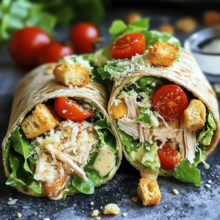 To make Classic Chicken Caesar Wraps, you need: - 2 cups cooked chicken breast, shredded - 1 cup fresh romaine lettuce, chopped - ½ cup creamy Caesar dressing - ¼ cup freshly grated Parmesan cheese - ¼ cup crunchy croutons, crushed - 4 large whole wheat tortillas - Freshly ground black pepper, to taste - Optional: 1 cup cherry tomatoes, halved for garnish You can swap some ingredients if you like. Use grilled chicken or rotisserie chicken for ease. For a lighter wrap, try Greek yogurt instead of Caesar dressing. You can also add avocado for creaminess or bell peppers for crunch. If you want to make it more filling, add quinoa or black beans. Fresh herbs like parsley or basil can add a burst of flavor, too. This meal is balanced and tasty. Each wrap offers protein from chicken and fiber from the whole wheat tortilla. A wrap contains about 350 calories, depending on the dressing and toppings. It also provides vitamins from the romaine lettuce and healthy fats from optional ingredients. Enjoying these wraps can fit into a healthy diet while satisfying your taste buds. For the full recipe, check out the details above! To make your Classic Chicken Caesar Wraps, first gather your ingredients. You need cooked chicken, romaine lettuce, Caesar dressing, Parmesan cheese, croutons, and tortillas. 1. Start by mixing the shredded chicken, chopped lettuce, Caesar dressing, grated cheese, and crushed croutons in a large bowl. This mix is key for flavor. 2. Make sure to toss the ingredients well. Each piece should be coated in dressing for the best taste. Now, let’s wrap it all up! 1. Take a whole wheat tortilla and lay it flat on a clean surface. 2. Spoon one-quarter of the chicken Caesar mix into the center of the tortilla. 3. Add a sprinkle of black pepper for extra taste. 4. Fold the sides of the tortilla in, and then roll it up tightly from the bottom. This helps keep all the ingredients inside. Repeat these steps until you have used all the tortillas and filling. For a great look, chill the wraps in the fridge for about 10-15 minutes. This makes them easier to slice. 1. Cut each wrap in half diagonally. 2. Arrange them nicely on a platter. 3. Garnish with halved cherry tomatoes and a sprinkle of Parmesan cheese. Serve these wraps fresh for a tasty meal! You can find the Full Recipe for more detailed steps. To make Classic Chicken Caesar Wraps, gather a few key tools. You need: - A large mixing bowl - A cutting board - A sharp knife - Measuring cups - A spatula or tongs - Plastic wrap or foil for storage These tools will help you mix, chop, and wrap your ingredients easily. You can change the flavor of your wraps to suit your taste. Here are some ideas: - Swap chicken for grilled shrimp or turkey. - Use kale or spinach instead of romaine. - Add avocado slices for creaminess. - Toss in some chopped bell peppers for crunch. - Try different dressings like ranch or balsamic vinaigrette. With these options, you can make each wrap unique. To get the best taste from your wraps, follow these tips: - Use freshly cooked chicken for a moist texture. - Chill the wraps for a short time before serving. - Add freshly ground black pepper just before wrapping. - Use high-quality Parmesan for rich flavor. - Do not overload your wraps; less is more. These steps will elevate your Chicken Caesar Wraps to a whole new level. For the complete recipe, check the Full Recipe section. {{image_4}} You can switch up the protein for your Chicken Caesar Wrap. Try grilled shrimp for a light, fresh taste. Alternatively, use turkey for a leaner option. If you like beef, grilled steak adds a nice twist. Each protein brings its own flavor, making your wrap unique. For a vegetarian wrap, skip the chicken. Instead, use roasted chickpeas or marinated tofu. These options pack protein while keeping the wrap hearty. Add extra veggies like bell peppers or cucumbers for crunch. You’ll still enjoy the creamy Caesar dressing with a tasty twist. To make this wrap gluten-free, choose gluten-free tortillas. Many brands offer great options that taste delicious. You can also wrap your filling in lettuce leaves. This gives you a fresh and crunchy bite. With these adjustments, everyone can enjoy this meal! For the full recipe, check out the Chicken Caesar Wrap Delight 🥗. To store leftover wraps, wrap them tightly in plastic wrap or foil. This keeps them fresh. Place them in an airtight container. Store them in the fridge for up to three days. You can freeze these wraps for later. Wrap each one in plastic wrap. Then, place them in a freezer bag. They will last for about one month. When ready, thaw in the fridge overnight before eating. To keep your wraps fresh, avoid adding dressing until you eat them. This prevents sogginess. You can also store the chicken and lettuce separately. Assemble the wraps just before serving. Enjoy your meal with the best taste! Yes, you can make Classic Chicken Caesar Wraps ahead of time. Prepare the filling and store it in the fridge. I suggest making the wraps no more than a few hours in advance. This keeps the tortillas fresh. If you pack the wraps tightly, they stay crisp. Just wrap them in plastic wrap or foil. You can pair Chicken Caesar Wraps with many sides. Here are some ideas: - Fresh fruit salad - Crunchy veggie sticks - Homemade potato chips - A light soup, like tomato - A simple green salad These options add color and flavor to your meal. Yes, there are many tasty alternatives to Caesar dressing. You can try: - Greek yogurt dressing for a creamy, tangy touch - Ranch dressing for a classic flavor - Balsamic vinaigrette for a sweet twist - Hummus for a healthy, plant-based choice Each option gives the wrap a new taste. This blog post covered all you need to know about Chicken Caesar Wraps. We discussed ingredients, preparation, and creative variations. You learned tips for storing wraps and answers to common questions. Chicken Caesar Wraps are simple to make and taste great. You can customize them with your favorite proteins and dressings. With the right tools and techniques, you can enjoy these wraps anytime. Enjoy your cooking journey!