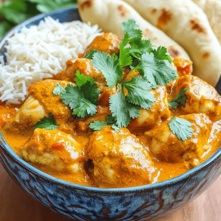 To make Easy Chicken Tikka Masala, gather these key ingredients: - 500g boneless chicken thighs, cut into bite-sized pieces - 1 cup plain yogurt - 2 tablespoons garam masala - 1 tablespoon ground cumin - 1 teaspoon ground coriander - 1 teaspoon paprika - 1 teaspoon turmeric - 1 tablespoon ginger, minced - 3 cloves garlic, minced - 1 onion, finely chopped - 1 can (400g) crushed tomatoes - 1 cup coconut milk - 2 tablespoons vegetable oil - Salt to taste - Fresh cilantro for garnish These ingredients create a rich, creamy sauce that brings the dish to life. The yogurt is key for tender chicken. The spices add depth and warmth, making every bite flavorful. You can customize your Chicken Tikka Masala with these optional ingredients: - Lemon juice for brightness - Green chili for heat - Bell peppers for crunch - Peas for color Adding these extras can change the flavor profile and make it your own. Feel free to mix and match based on your taste. If you have allergies, there are simple swaps you can use: - Use almond or soy yogurt instead of dairy yogurt. - Swap coconut milk for almond milk for a nut-free option. - Replace chicken with tofu or chickpeas for a vegan dish. These substitutions keep the dish delicious while catering to your dietary needs. Enjoy your cooking adventure! For the complete recipe, check out the Full Recipe link. First, grab a large bowl. Mix 1 cup of plain yogurt, 2 tablespoons of garam masala, 1 tablespoon of ground cumin, 1 teaspoon of ground coriander, 1 teaspoon of paprika, 1 teaspoon of turmeric, 1 tablespoon of minced ginger, 3 cloves of minced garlic, and a pinch of salt. Stir well until it’s smooth. Now, add 500g of bite-sized chicken thighs. Make sure each piece is coated well with the marinade. Cover the bowl with plastic wrap. Pop it in the fridge for at least 30 minutes. For the best taste, let it sit overnight. Next, heat 2 tablespoons of vegetable oil in a large skillet over medium-high heat. Once hot, add 1 finely chopped onion. Cook the onion for 5-7 minutes. You want it to turn golden brown and soft. This step adds a sweet flavor. After the onion is ready, add the marinated chicken. Cook it for about 8-10 minutes. Stir it occasionally to brown all sides evenly. Once the chicken is browned, it’s time to add more flavor. Pour in 1 can of crushed tomatoes. Stir gently to mix everything. Bring the mixture to a gentle simmer. Let it simmer for about 10 minutes. Stir it now and then to stop it from sticking. After that, slowly pour in 1 cup of coconut milk. Stir again to combine. Simmer for another 10 minutes. This makes the sauce thick and creamy. Taste and add more salt if needed. Finish by garnishing with fresh cilantro for a pop of color and taste. To get the best flavor in your Chicken Tikka Masala, start with fresh spices. Fresh spices give a robust taste that dried spices lack. Use whole spices when possible, and grind them yourself. This step unleashes their natural oils and aromas. Another key is the yogurt marinade. It adds tenderness and tang. Marinate your chicken for at least 30 minutes, but overnight is best. This waiting time allows the spices to soak in fully. For perfect chicken, cook it in batches. Overcrowding the pan steams the meat instead of browning it. Use medium-high heat to get a nice sear on the chicken. This creates a deep flavor that you want. Once you add the crushed tomatoes and coconut milk, let it simmer gently. This step helps the flavors meld together beautifully. You can make Chicken Tikka Masala ahead of time. Cook it fully, then let it cool. Store it in an airtight container in the fridge for up to three days. Reheat it on low heat, adding a splash of water if needed. This dish also freezes well. Portion it out and freeze it for up to three months. When you're ready, thaw it overnight in the fridge and reheat. For more details, check the Full Recipe. {{image_4}} You can easily make a vegetarian version of Chicken Tikka Masala. Replace the chicken with firm tofu or vegetables like bell peppers and zucchini. Tofu soaks up flavors well. Marinate it the same way as chicken. Cook it in the same sauce for that rich taste. This way, you keep the essence of the dish while making it meat-free. If you enjoy spicy food, add some heat to your Chicken Tikka Masala. You can include chopped green chilies or a pinch of cayenne pepper in the marinade. Adjust the spice level to your liking. Just remember, a little heat goes a long way! You can also serve it with a side of spicy chutney for an extra kick. You can swap chicken for other proteins too. Paneer, a fresh cheese, works great in this dish. Cut the paneer into cubes and marinate it just like the chicken. Cook it in the same way for a rich and creamy meal. Tofu and paneer both add their own unique texture and flavor to the dish. This makes it more exciting and diverse for your taste buds. For the complete recipe, check out the [Full Recipe]. To keep your Chicken Tikka Masala fresh, let it cool down first. Use an airtight container for storage. Place it in the fridge. It will stay good for about three to four days. For best results, store it without the rice or naan. To enjoy your Chicken Tikka Masala again, use the stove or microwave. If using the stove, heat it over low heat. Stir often to prevent sticking. If using the microwave, cover the dish and heat in short bursts. This way, it warms evenly. Always check the temperature to ensure it is hot throughout. You can freeze Chicken Tikka Masala if you want to save some for later. Place it in a freezer-safe container or bag. Make sure to leave some space for expansion. It can stay good for up to three months. When you’re ready to eat, thaw it in the fridge overnight. Reheat it on the stove or microwave, and enjoy this rich flavor again! For the full recipe, check the section above. You should marinate chicken for at least 30 minutes. For the best taste, let it sit overnight. This allows the spices to soak in deeply. The yogurt keeps the chicken tender while adding flavor. Yes, you can use bone-in chicken. It will add more flavor to your dish. Just be aware that it may take longer to cook. Adjust your cooking time to ensure the chicken is fully cooked. Serve Chicken Tikka Masala with fluffy basmati rice or warm naan. Both options soak up the rich sauce well. You can also add a side of cucumber salad for a fresh crunch. For the complete recipe, check out the Full Recipe section. You’ll find all the steps to make this rich, flavorful dish in no time! In this post, we covered the key ingredients for easy Chicken Tikka Masala, from marinade to sauce. I shared tips for perfect flavor and cooking techniques. You can even explore vegetarian options or different proteins like tofu. Storing leftovers properly ensures you enjoy this dish later. Remember, marinating the chicken is key, and you can customize it to your taste. With these steps, you’ll cook a delicious meal that’s sure to impress!