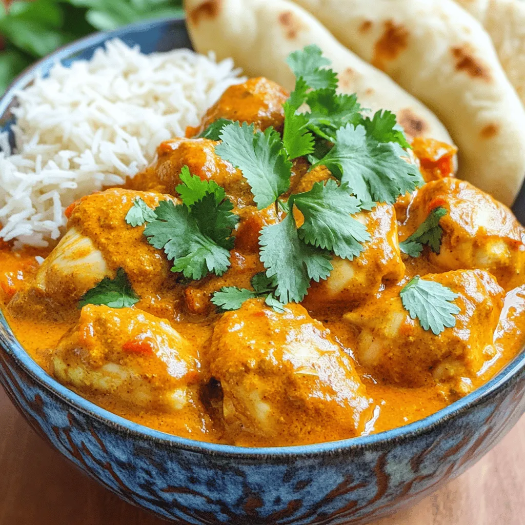 To make Easy Chicken Tikka Masala, gather these key ingredients: - 500g boneless chicken thighs, cut into bite-sized pieces - 1 cup plain yogurt - 2 tablespoons garam masala - 1 tablespoon ground cumin - 1 teaspoon ground coriander - 1 teaspoon paprika - 1 teaspoon turmeric - 1 tablespoon ginger, minced - 3 cloves garlic, minced - 1 onion, finely chopped - 1 can (400g) crushed tomatoes - 1 cup coconut milk - 2 tablespoons vegetable oil - Salt to taste - Fresh cilantro for garnish These ingredients create a rich, creamy sauce that brings the dish to life. The yogurt is key for tender chicken. The spices add depth and warmth, making every bite flavorful. You can customize your Chicken Tikka Masala with these optional ingredients: - Lemon juice for brightness - Green chili for heat - Bell peppers for crunch - Peas for color Adding these extras can change the flavor profile and make it your own. Feel free to mix and match based on your taste. If you have allergies, there are simple swaps you can use: - Use almond or soy yogurt instead of dairy yogurt. - Swap coconut milk for almond milk for a nut-free option. - Replace chicken with tofu or chickpeas for a vegan dish. These substitutions keep the dish delicious while catering to your dietary needs. Enjoy your cooking adventure! For the complete recipe, check out the Full Recipe link. First, grab a large bowl. Mix 1 cup of plain yogurt, 2 tablespoons of garam masala, 1 tablespoon of ground cumin, 1 teaspoon of ground coriander, 1 teaspoon of paprika, 1 teaspoon of turmeric, 1 tablespoon of minced ginger, 3 cloves of minced garlic, and a pinch of salt. Stir well until it’s smooth. Now, add 500g of bite-sized chicken thighs. Make sure each piece is coated well with the marinade. Cover the bowl with plastic wrap. Pop it in the fridge for at least 30 minutes. For the best taste, let it sit overnight. Next, heat 2 tablespoons of vegetable oil in a large skillet over medium-high heat. Once hot, add 1 finely chopped onion. Cook the onion for 5-7 minutes. You want it to turn golden brown and soft. This step adds a sweet flavor. After the onion is ready, add the marinated chicken. Cook it for about 8-10 minutes. Stir it occasionally to brown all sides evenly. Once the chicken is browned, it’s time to add more flavor. Pour in 1 can of crushed tomatoes. Stir gently to mix everything. Bring the mixture to a gentle simmer. Let it simmer for about 10 minutes. Stir it now and then to stop it from sticking. After that, slowly pour in 1 cup of coconut milk. Stir again to combine. Simmer for another 10 minutes. This makes the sauce thick and creamy. Taste and add more salt if needed. Finish by garnishing with fresh cilantro for a pop of color and taste. To get the best flavor in your Chicken Tikka Masala, start with fresh spices. Fresh spices give a robust taste that dried spices lack. Use whole spices when possible, and grind them yourself. This step unleashes their natural oils and aromas. Another key is the yogurt marinade. It adds tenderness and tang. Marinate your chicken for at least 30 minutes, but overnight is best. This waiting time allows the spices to soak in fully. For perfect chicken, cook it in batches. Overcrowding the pan steams the meat instead of browning it. Use medium-high heat to get a nice sear on the chicken. This creates a deep flavor that you want. Once you add the crushed tomatoes and coconut milk, let it simmer gently. This step helps the flavors meld together beautifully. You can make Chicken Tikka Masala ahead of time. Cook it fully, then let it cool. Store it in an airtight container in the fridge for up to three days. Reheat it on low heat, adding a splash of water if needed. This dish also freezes well. Portion it out and freeze it for up to three months. When you're ready, thaw it overnight in the fridge and reheat. For more details, check the Full Recipe. {{image_4}} You can easily make a vegetarian version of Chicken Tikka Masala. Replace the chicken with firm tofu or vegetables like bell peppers and zucchini. Tofu soaks up flavors well. Marinate it the same way as chicken. Cook it in the same sauce for that rich taste. This way, you keep the essence of the dish while making it meat-free. If you enjoy spicy food, add some heat to your Chicken Tikka Masala. You can include chopped green chilies or a pinch of cayenne pepper in the marinade. Adjust the spice level to your liking. Just remember, a little heat goes a long way! You can also serve it with a side of spicy chutney for an extra kick. You can swap chicken for other proteins too. Paneer, a fresh cheese, works great in this dish. Cut the paneer into cubes and marinate it just like the chicken. Cook it in the same way for a rich and creamy meal. Tofu and paneer both add their own unique texture and flavor to the dish. This makes it more exciting and diverse for your taste buds. For the complete recipe, check out the [Full Recipe]. To keep your Chicken Tikka Masala fresh, let it cool down first. Use an airtight container for storage. Place it in the fridge. It will stay good for about three to four days. For best results, store it without the rice or naan. To enjoy your Chicken Tikka Masala again, use the stove or microwave. If using the stove, heat it over low heat. Stir often to prevent sticking. If using the microwave, cover the dish and heat in short bursts. This way, it warms evenly. Always check the temperature to ensure it is hot throughout. You can freeze Chicken Tikka Masala if you want to save some for later. Place it in a freezer-safe container or bag. Make sure to leave some space for expansion. It can stay good for up to three months. When you’re ready to eat, thaw it in the fridge overnight. Reheat it on the stove or microwave, and enjoy this rich flavor again! For the full recipe, check the section above. You should marinate chicken for at least 30 minutes. For the best taste, let it sit overnight. This allows the spices to soak in deeply. The yogurt keeps the chicken tender while adding flavor. Yes, you can use bone-in chicken. It will add more flavor to your dish. Just be aware that it may take longer to cook. Adjust your cooking time to ensure the chicken is fully cooked. Serve Chicken Tikka Masala with fluffy basmati rice or warm naan. Both options soak up the rich sauce well. You can also add a side of cucumber salad for a fresh crunch. For the complete recipe, check out the Full Recipe section. You’ll find all the steps to make this rich, flavorful dish in no time! In this post, we covered the key ingredients for easy Chicken Tikka Masala, from marinade to sauce. I shared tips for perfect flavor and cooking techniques. You can even explore vegetarian options or different proteins like tofu. Storing leftovers properly ensures you enjoy this dish later. Remember, marinating the chicken is key, and you can customize it to your taste. With these steps, you’ll cook a delicious meal that’s sure to impress!