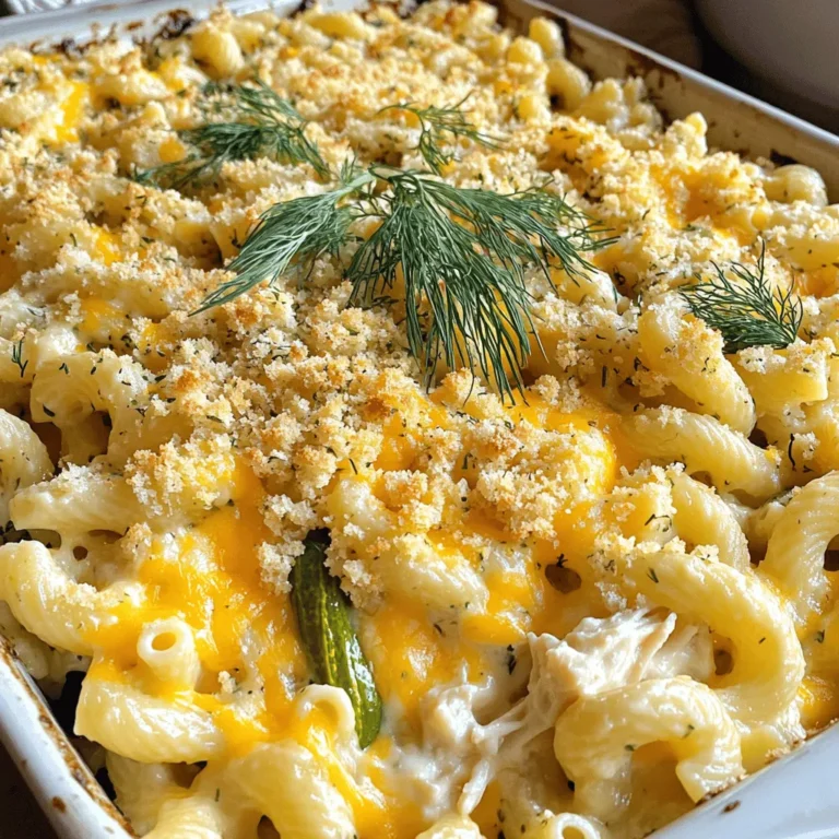 To make the Pickle Ranch Pasta Bake, you need the following ingredients: - 8 ounces elbow macaroni - 1 cup dill pickles, chopped - 1 cup cooked chicken, shredded (optional for added protein) - 1 cup ranch dressing - 1 cup cheddar cheese, shredded - 1/2 cup cream cheese, softened - 1/2 teaspoon garlic powder - 1/2 teaspoon onion powder - 1/2 teaspoon black pepper - 1/2 cup breadcrumbs - Fresh dill for garnish (optional) These ingredients create a rich and fun dish. The elbow macaroni serves as the base, providing a nice bite. Dill pickles add a tangy crunch that surprises the taste buds. If you want more protein, shredded chicken works great. Ranch dressing brings a creamy flavor that ties it all together. Cream cheese makes it rich, while garlic and onion powders add depth. Shredded cheddar gives a gooey finish, and breadcrumbs add a crispy top. For garnish, fresh dill is a lovely touch. You can find the complete recipe in the Full Recipe section. - Preheat the oven to 350°F (175°C). - Cook the elbow macaroni until it is al dente. This means it should be firm but not hard. Follow the package directions for timing. After cooking, drain the pasta well and let it cool slightly. - In a mixing bowl, combine the softened cream cheese and ranch dressing. - Add garlic powder, onion powder, and black pepper. - Mix everything well until the sauce is smooth and creamy without any lumps. - In the bowl with the sauce, add the chopped dill pickles. If you want more protein, add shredded chicken too. - Gently fold in the cooked macaroni, ensuring all pieces are covered in sauce. - Grease a 9x13 inch baking dish with cooking spray or a bit of olive oil. - Pour the pasta mixture into the dish, spreading it out evenly. - Top it all with shredded cheddar cheese to create a nice, cheesy layer. - In a small bowl, mix the breadcrumbs with a tablespoon of olive oil until they are coated. - Sprinkle this breadcrumb mix over the cheese layer for a crunchy top. - Place the baking dish in your preheated oven and bake for 25-30 minutes. - Look for the cheese to be bubbly and the breadcrumbs to turn golden brown. Now you have a warm, hearty dish ready to serve. For more details, check the Full Recipe. To make your Pickle Ranch Pasta Bake shine, try different types of pickles. You can use sweet pickles for a fun twist or spicy ones for a kick. Each variety adds its unique taste. Always taste your dish as you cook. Adjust the seasoning to suit your preferences. More garlic powder? Add it! Need more zest? A touch of lemon juice can work wonders. For a creamier sauce, mix in a bit more cream cheese. This change makes the sauce rich and smooth. If you prefer a crunchy topping, add more breadcrumbs or even crushed potato chips. They will give the bake an exciting crunch that contrasts nicely with the soft pasta. Presentation matters! Serve the pasta bake right from the dish for a cozy look. For a pop of color, sprinkle fresh dill on top before serving. This not only looks good but also adds fresh flavor. Consider adding extra dill pickles on the side. They make a fun garnish and give guests a chance to customize their plates. For the full recipe, check out the [Full Recipe]. {{image_4}} You can switch out pasta types in this dish. Gluten-free pasta works well if you need it. You can also try whole wheat or penne for a twist. The dressing is flexible too. Use a ranch with herbs for more flavor. Different cheeses can change the taste. Try pepper jack or mozzarella for a new experience. This dish is fun because you can add more veggies or proteins. Bell peppers, spinach, or even corn can boost the flavor. You can add cooked bacon or sausage for extra heartiness. If you want a vegan option, use plant-based cream cheese and cheese. You can skip the chicken and still have a tasty meal. This pasta bake can fit many diets and tastes. To keep your Pickle Ranch Pasta Bake fresh, store leftovers in an airtight container. Place it in the fridge right after it cools. This helps keep it moist and tasty. Consume leftovers within three to four days for the best flavor. If you want to save some for later, freezing works great. First, let the pasta bake cool completely. Then, cut it into portions. Wrap each piece in plastic wrap, then place them in a freezer-safe bag. Label the bag with the date. It can last up to three months in the freezer. When it's time to enjoy your pasta bake again, you want it to taste just as good. The best way to reheat it is in the oven. Preheat your oven to 350°F (175°C). Place the portioned bake in a baking dish and cover it with foil. This keeps it from drying out. Heat for about 20 minutes or until it's warm throughout. If you're in a hurry, you can use a microwave. Place a piece on a microwave-safe plate. Cover it with a damp paper towel to keep moisture in. Heat on medium power for about two minutes. Check and stir if needed. Enjoy your delicious dish just like the first time! Yes, you can make this dish ahead of time. To do this, prepare the pasta and sauce as usual. Then, combine everything in the baking dish. Cover it tightly with foil or plastic wrap. You can store it in the fridge for up to 24 hours before baking. When you are ready to bake, remove the cover and heat your oven to 350°F (175°C). Bake for about 30 to 35 minutes. Check for bubbly cheese and a golden crust. This tip saves time during busy weeknights. Absolutely! The Pickle Ranch Pasta Bake is very kid-friendly. Kids often love the creamy texture and cheesy flavor. To make it even better for picky eaters, you can leave out the dill pickles. You might also want to reduce the ranch dressing. If your kids like it, you can try adding some cooked broccoli or peas. This adds color and nutrition without changing the taste too much. To add some heat, consider mixing in some diced jalapeños or crushed red pepper flakes. You can also use a spicy ranch dressing instead of the regular one. If you enjoy hot sauce, drizzle some over the top before baking. Just remember to taste as you go. This way, you can adjust the heat to your liking. Enjoy experimenting with flavors! This dish blends macaroni, ranch dressing, and pickles into a tasty bake. You can customize it with various ingredients and adjust flavors. For a creamy dish, mix the sauce well; for crunch, use more breadcrumbs. Store leftovers properly to enjoy later. You can make it ahead or cater to picky eaters with simple swaps. Overall, this recipe provides versatility and fun for your cooking adventures. Get creative and enjoy your delicious meal!
