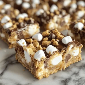 Here is everything you need to make S'mores Cookie Bars. Each ingredient plays a key role in the final treat. - 1 cup unsalted butter, softened to room temperature - 1 cup packed brown sugar - 1/2 cup granulated sugar - 2 large eggs, at room temperature - 1 teaspoon pure vanilla extract - 2 1/2 cups all-purpose flour - 1 teaspoon baking soda - 1/2 teaspoon fine sea salt - 1 cup graham cracker crumbs - 1 cup semi-sweet chocolate chips - 1 cup mini marshmallows Optional ingredients for customization include: - Use white chocolate chips for a sweeter twist. - Add chopped nuts for extra crunch. - Swap in dark chocolate for a richer flavor. These options let you make this treat your own. Enjoy the fun of mixing and matching flavors! For the full recipe, check out the detailed instructions provided. First, you need to prepare your oven and pan. Preheat your oven to 350°F (175°C). This step is key for even baking. Next, take a 9x13 inch baking pan. You can grease it with butter or cooking spray. If you prefer, line it with parchment paper. This makes it easy to lift out the bars later. Now it’s time to mix the wet ingredients. In a big bowl, add 1 cup of softened unsalted butter. Then, add 1 cup of packed brown sugar and 1/2 cup of granulated sugar. Use an electric mixer to blend these. Mix on medium speed until the mixture is light and fluffy. This should take about 3 to 4 minutes. Next, add 2 large eggs one at a time, mixing well after each. Finally, stir in 1 teaspoon of pure vanilla extract until it is all combined. In a separate bowl, combine the dry ingredients. Whisk together 2 1/2 cups of all-purpose flour, 1 teaspoon of baking soda, and 1/2 teaspoon of fine sea salt. Once mixed, gradually add this to the wet ingredients. Mix gently until just combined. Be careful not to overmix. This keeps your cookie bars soft. Now, fold in 1 cup of graham cracker crumbs and 1 cup of semi-sweet chocolate chips. Make sure they are evenly spread throughout the dough. To assemble, take about two-thirds of the cookie dough. Press it firmly into the bottom of the prepared baking pan. This creates a solid base. Next, sprinkle 1 cup of mini marshmallows evenly over this base. Crumble the remaining cookie dough on top, covering the marshmallows as much as you can. This gives you that classic S'mores feel. Now, place the pan in the oven and bake for 25 to 30 minutes. Look for golden brown edges. To check if they are done, insert a toothpick in the center. If it comes out clean or with melted chocolate bits, they are ready! After baking, remove the pan from the oven. Let it cool for at least 15 minutes. This helps the cookie bars set, making them easier to slice. For the full recipe, you can check the details provided earlier. To bake the best S'mores cookie bars, follow these tips: - Measure accurately: Use proper measuring cups for dry and wet ingredients. This ensures the right texture. - Room temperature ingredients: Make sure your butter and eggs are at room temp. This helps them mix better. - Don’t overmix: When combining dry and wet ingredients, mix gently. Overmixing can make the bars tough. - Check for doneness: Look for golden edges. A toothpick should come out clean or with a few chocolate bits. Avoid these common mistakes to ensure success: - Skipping the cooling time: Let the cookie bars cool for at least 15 minutes. This helps them set and makes slicing easier. - Not greasing the pan: Always grease or line your pan. This prevents sticking and makes cleanup a breeze. - Using cold ingredients: Cold butter or eggs can lead to uneven mixing. Always use room temperature for the best results. Here are some fun ways to serve these treats: - Warm and gooey: Enjoy them right out of the oven while the chocolate is melty. - Drizzle with chocolate: Melt some chocolate and drizzle it on top for extra sweetness. - Add graham cracker crumbs: Sprinkle more crumbs on top for a crunchy finish. - Pair with ice cream: Serve with a scoop of vanilla ice cream for a delicious dessert combo. For the full recipe, check the detailed steps in the recipe section. {{image_4}} You can make S'mores Cookie Bars fit different diets with a few swaps. If you need gluten-free bars, use a gluten-free flour blend. For dairy-free options, try coconut oil instead of butter and use dairy-free chocolate chips. If someone is allergic to eggs, replace them with flaxseed meal or applesauce. This makes the bars tasty for everyone. You can add fun flavors to your S'mores Cookie Bars. Try mixing in nuts like walnuts or pecans for a crunchy texture. Different chocolates can also change the taste. Use dark chocolate for a rich flavor or white chocolate for a sweet twist. You can even add a pinch of sea salt to enhance the sweetness! Serving S'mores Cookie Bars can be fun. For a cool treat, turn them into ice cream sandwiches. Just sandwich a scoop of your favorite ice cream between two bars. You can also serve them warm with whipped cream on the side. Drizzling caramel or chocolate sauce on top adds a special touch. Enjoy these bars in new and exciting ways! To keep your S'mores Cookie Bars fresh, store them in an airtight container. This will prevent them from drying out. You can also place parchment paper between layers to avoid sticking. If you plan to eat them within a few days, keep them at room temperature. For longer storage, refrigeration is best. Just remember, cold bars may lose some of their chewy texture. I recommend using glass or plastic containers with tight lids. These work well to keep your bars fresh. If you want to stack the bars, a container with a bit of height is ideal. This will save space and protect your treats. You can also wrap individual bars in plastic wrap for easy grab-and-go snacks. If you want to save S'mores Cookie Bars for later, freezing is a great option. Start by letting them cool completely. Then, cut them into squares. Wrap each square tightly in plastic wrap. Place the wrapped bars in a freezer-safe bag or container. They will stay fresh for up to three months. When you want to enjoy a bar, just thaw it at room temperature or pop it in the microwave for a few seconds. For the full recipe, check out the earlier section! S'mores cookie bars can last up to a week. Store them in an airtight container. Keep them at room temperature for the best taste. If you add too many toppings, they may not last as long. Yes, you can use gluten-free flour. Just make sure it is a 1:1 blend. This will help keep the texture just right. I recommend using a brand that you trust for the best results. To reheat cookie bars, place them in the microwave. Heat for about 10-15 seconds. You can also warm them in the oven at 350°F for about 5 minutes. This keeps the chocolate gooey and the bars soft. For the full recipe, check out the details above. Enjoy making these tasty treats! You learned about making S'mores Cookie Bars, step by step. We covered ingredients, mixing, and baking tips to help you succeed. You also saw ways to customize your bars with fun flavors and tips for serving and storage. Remember, the key to great cookie bars is to follow the steps closely and avoid common mistakes. With this guide, you can create tasty treats that everyone will love. Enjoy making your own delicious S'mores Cookie Bars!