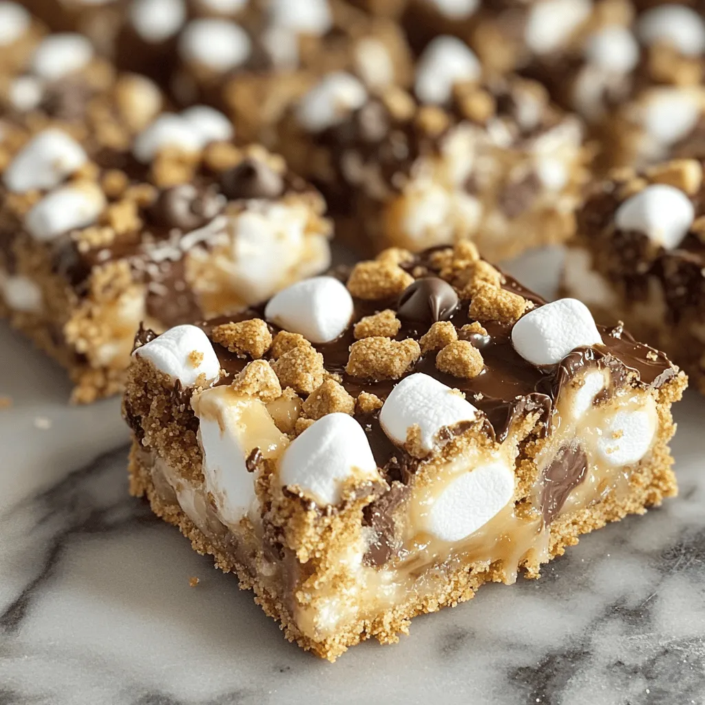 Here is everything you need to make S'mores Cookie Bars. Each ingredient plays a key role in the final treat. - 1 cup unsalted butter, softened to room temperature - 1 cup packed brown sugar - 1/2 cup granulated sugar - 2 large eggs, at room temperature - 1 teaspoon pure vanilla extract - 2 1/2 cups all-purpose flour - 1 teaspoon baking soda - 1/2 teaspoon fine sea salt - 1 cup graham cracker crumbs - 1 cup semi-sweet chocolate chips - 1 cup mini marshmallows Optional ingredients for customization include: - Use white chocolate chips for a sweeter twist. - Add chopped nuts for extra crunch. - Swap in dark chocolate for a richer flavor. These options let you make this treat your own. Enjoy the fun of mixing and matching flavors! For the full recipe, check out the detailed instructions provided. First, you need to prepare your oven and pan. Preheat your oven to 350°F (175°C). This step is key for even baking. Next, take a 9x13 inch baking pan. You can grease it with butter or cooking spray. If you prefer, line it with parchment paper. This makes it easy to lift out the bars later. Now it’s time to mix the wet ingredients. In a big bowl, add 1 cup of softened unsalted butter. Then, add 1 cup of packed brown sugar and 1/2 cup of granulated sugar. Use an electric mixer to blend these. Mix on medium speed until the mixture is light and fluffy. This should take about 3 to 4 minutes. Next, add 2 large eggs one at a time, mixing well after each. Finally, stir in 1 teaspoon of pure vanilla extract until it is all combined. In a separate bowl, combine the dry ingredients. Whisk together 2 1/2 cups of all-purpose flour, 1 teaspoon of baking soda, and 1/2 teaspoon of fine sea salt. Once mixed, gradually add this to the wet ingredients. Mix gently until just combined. Be careful not to overmix. This keeps your cookie bars soft. Now, fold in 1 cup of graham cracker crumbs and 1 cup of semi-sweet chocolate chips. Make sure they are evenly spread throughout the dough. To assemble, take about two-thirds of the cookie dough. Press it firmly into the bottom of the prepared baking pan. This creates a solid base. Next, sprinkle 1 cup of mini marshmallows evenly over this base. Crumble the remaining cookie dough on top, covering the marshmallows as much as you can. This gives you that classic S'mores feel. Now, place the pan in the oven and bake for 25 to 30 minutes. Look for golden brown edges. To check if they are done, insert a toothpick in the center. If it comes out clean or with melted chocolate bits, they are ready! After baking, remove the pan from the oven. Let it cool for at least 15 minutes. This helps the cookie bars set, making them easier to slice. For the full recipe, you can check the details provided earlier. To bake the best S'mores cookie bars, follow these tips: - Measure accurately: Use proper measuring cups for dry and wet ingredients. This ensures the right texture. - Room temperature ingredients: Make sure your butter and eggs are at room temp. This helps them mix better. - Don’t overmix: When combining dry and wet ingredients, mix gently. Overmixing can make the bars tough. - Check for doneness: Look for golden edges. A toothpick should come out clean or with a few chocolate bits. Avoid these common mistakes to ensure success: - Skipping the cooling time: Let the cookie bars cool for at least 15 minutes. This helps them set and makes slicing easier. - Not greasing the pan: Always grease or line your pan. This prevents sticking and makes cleanup a breeze. - Using cold ingredients: Cold butter or eggs can lead to uneven mixing. Always use room temperature for the best results. Here are some fun ways to serve these treats: - Warm and gooey: Enjoy them right out of the oven while the chocolate is melty. - Drizzle with chocolate: Melt some chocolate and drizzle it on top for extra sweetness. - Add graham cracker crumbs: Sprinkle more crumbs on top for a crunchy finish. - Pair with ice cream: Serve with a scoop of vanilla ice cream for a delicious dessert combo. For the full recipe, check the detailed steps in the recipe section. {{image_4}} You can make S'mores Cookie Bars fit different diets with a few swaps. If you need gluten-free bars, use a gluten-free flour blend. For dairy-free options, try coconut oil instead of butter and use dairy-free chocolate chips. If someone is allergic to eggs, replace them with flaxseed meal or applesauce. This makes the bars tasty for everyone. You can add fun flavors to your S'mores Cookie Bars. Try mixing in nuts like walnuts or pecans for a crunchy texture. Different chocolates can also change the taste. Use dark chocolate for a rich flavor or white chocolate for a sweet twist. You can even add a pinch of sea salt to enhance the sweetness! Serving S'mores Cookie Bars can be fun. For a cool treat, turn them into ice cream sandwiches. Just sandwich a scoop of your favorite ice cream between two bars. You can also serve them warm with whipped cream on the side. Drizzling caramel or chocolate sauce on top adds a special touch. Enjoy these bars in new and exciting ways! To keep your S'mores Cookie Bars fresh, store them in an airtight container. This will prevent them from drying out. You can also place parchment paper between layers to avoid sticking. If you plan to eat them within a few days, keep them at room temperature. For longer storage, refrigeration is best. Just remember, cold bars may lose some of their chewy texture. I recommend using glass or plastic containers with tight lids. These work well to keep your bars fresh. If you want to stack the bars, a container with a bit of height is ideal. This will save space and protect your treats. You can also wrap individual bars in plastic wrap for easy grab-and-go snacks. If you want to save S'mores Cookie Bars for later, freezing is a great option. Start by letting them cool completely. Then, cut them into squares. Wrap each square tightly in plastic wrap. Place the wrapped bars in a freezer-safe bag or container. They will stay fresh for up to three months. When you want to enjoy a bar, just thaw it at room temperature or pop it in the microwave for a few seconds. For the full recipe, check out the earlier section! S'mores cookie bars can last up to a week. Store them in an airtight container. Keep them at room temperature for the best taste. If you add too many toppings, they may not last as long. Yes, you can use gluten-free flour. Just make sure it is a 1:1 blend. This will help keep the texture just right. I recommend using a brand that you trust for the best results. To reheat cookie bars, place them in the microwave. Heat for about 10-15 seconds. You can also warm them in the oven at 350°F for about 5 minutes. This keeps the chocolate gooey and the bars soft. For the full recipe, check out the details above. Enjoy making these tasty treats! You learned about making S'mores Cookie Bars, step by step. We covered ingredients, mixing, and baking tips to help you succeed. You also saw ways to customize your bars with fun flavors and tips for serving and storage. Remember, the key to great cookie bars is to follow the steps closely and avoid common mistakes. With this guide, you can create tasty treats that everyone will love. Enjoy making your own delicious S'mores Cookie Bars!