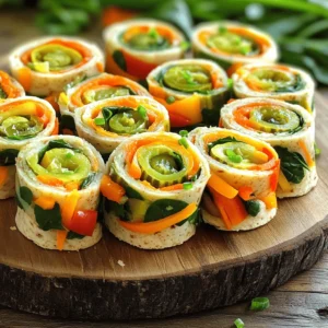 - 4 large whole wheat tortillas - 8 ounces cream cheese, softened - 2 tablespoons ranch seasoning mix - 1 cup mixed bell peppers, finely chopped - 1 cup shredded carrots - 1 cup dill pickles, finely chopped - 1/2 cup fresh spinach, finely chopped - 1/4 cup chopped green onions - Additional herbs for garnish - Different types of cheese The key to making delicious Pickle Veggie Pinwheels lies in selecting fresh ingredients. I love using whole wheat tortillas for a healthy base. They add a nutty flavor and a great texture. Cream cheese brings a creamy richness that pairs perfectly with the crunch of the vegetables. Mixing in ranch seasoning elevates the filling. The tangy flavor contrasts well with the sweetness of bell peppers and carrots. Don't forget to finely chop your dill pickles; they provide a nice zing. Adding fresh spinach gives a pop of color and nutrients. For a fun twist, you can play with optional ingredients. Try different herbs or cheeses to suit your taste. You can even switch up the types of tortillas. This simple ingredient list makes it easy to customize your pinwheels. If you want to explore more about preparing these tasty bites, check out the Full Recipe. This way, you can make these pinwheels in no time! - Combine 8 ounces of softened cream cheese and 2 tablespoons of ranch seasoning. - Mix until smooth and fully incorporated. This step is key for a tasty base. - Spread the cream cheese mixture evenly on 4 large whole wheat tortillas. - Layer with 1 cup of finely chopped mixed bell peppers, 1 cup of shredded carrots, 1 cup of finely chopped dill pickles, 1/2 cup of finely chopped fresh spinach, and 1/4 cup of chopped green onions. Ensure all veggies cover the cream cheese for a full flavor in every bite. - Roll the tortillas tightly into pinwheels. Start at one edge and press gently as you go. - Wrap each rolled tortilla in plastic wrap and refrigerate for 30 minutes. This helps them firm up for slicing later. - After chilling, unwrap the tortillas and slice them into 1-inch thick pinwheels. - Arrange them on a serving platter for a colorful display. For a delightful experience, consider serving your pinwheels with ranch dressing for dipping. You can find the full recipe for these delicious snacks above! To roll your pinwheels tightly, start at one edge and gently press as you go. This helps keep the filling in place. If the tortilla tears, try warming it in the microwave for a few seconds. This makes it more flexible. Always spread the cream cheese evenly across the tortilla. This way, you get good flavor in every bite. You can boost the taste of your pinwheels by adding spices. Try garlic powder, chili powder, or even a bit of lemon juice. Want more crunch? Add some sliced radishes or celery. They add texture and a fresh taste that pairs well with the cream cheese. Make your pinwheels look great on a platter. You can garnish with fresh herbs like parsley or dill. This adds a pop of color. For serving, arrange the pinwheels in a circle or fan shape. Pair them with ranch dressing for dipping to make it even more fun. Check the Full Recipe for more details on preparation. {{image_4}} You can mix and match your veggies to change flavors. Think about using cucumbers, zucchini, or even radishes. Each veggie adds a unique taste and crunch. For seasonal fun, use fresh veggies that are in season. In spring, try asparagus or snap peas. In winter, consider roasted vegetables like sweet potatoes. Want a kick? Add jalapeños or a splash of hot sauce. These spicy options create a zesty twist in every bite. If you prefer a sweeter flavor, try adding fruits like apples or grapes. These fruits balance the tangy pickles and make each pinwheel delightful. If you need a gluten-free option, use rice or corn tortillas. These wraps taste great and are easy to find. For a low-carb choice, consider lettuce wraps. They keep the pinwheels light and fresh. You can also try flavored tortillas, like spinach or sun-dried tomato, for a tasty change. For the full recipe, check out the complete instructions and make your own tasty snack! To keep your pickle veggie pinwheels fresh, wrap them tightly in plastic wrap. This helps prevent air from drying them out. You can also place them in an airtight container. Make sure the container is large enough to avoid squishing the pinwheels. Store them in the fridge for up to three days. You can freeze pinwheels for longer storage. First, wrap each pinwheel in plastic wrap. Then, place them in a freezer-safe bag or container. They will stay fresh for about one month. To thaw, move the pinwheels to the fridge for several hours or overnight. This keeps them from getting soggy. If you want to enjoy warm pinwheels, you can reheat them. Place them in a microwave-safe dish and cover with a damp paper towel. Heat them in short bursts of 15 seconds until warm. For a crispy texture, try placing them in an oven at 350°F for about 5-7 minutes. Serve them with a side of ranch dressing for extra flavor. You can store Pickle Veggie Pinwheels in the fridge for about 3 days. Make sure to wrap them tightly in plastic wrap or keep them in an airtight container. This helps maintain their freshness and flavor. After three days, they may lose crunchiness and taste. Yes, you can prepare these pinwheels a day in advance. Just follow the full recipe and chill them in the fridge. This makes them easy to grab for a quick snack or party food. If you want to save more time, you can also slice them ahead. Just be sure to cover the slices to keep them fresh. Pinwheels pair well with many sides. Here are some tasty options: - Fresh veggies and hummus - A side of ranch dressing for dipping - Potato chips or pretzels for crunch - A light salad for a refreshing contrast These accompaniments enhance the flavors of the pinwheels while adding variety to your snack spread. Pickle Veggie Pinwheels are easy to make and great for snacks or parties. We discussed the ingredients needed, including tortillas, cream cheese, and fresh veggies. I shared simple steps for preparation, assembly, and presentation. You can customize flavors and choose different vegetables. Keep them stored well for freshness, or freeze for later. Whether for a gathering or a quick bite at home, these pinwheels are sure to please. Enjoy preparing and sharing them with friends and family.