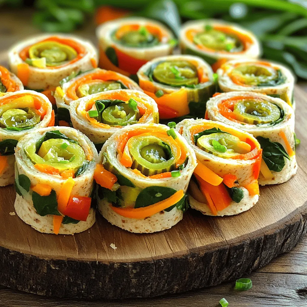 - 4 large whole wheat tortillas - 8 ounces cream cheese, softened - 2 tablespoons ranch seasoning mix - 1 cup mixed bell peppers, finely chopped - 1 cup shredded carrots - 1 cup dill pickles, finely chopped - 1/2 cup fresh spinach, finely chopped - 1/4 cup chopped green onions - Additional herbs for garnish - Different types of cheese The key to making delicious Pickle Veggie Pinwheels lies in selecting fresh ingredients. I love using whole wheat tortillas for a healthy base. They add a nutty flavor and a great texture. Cream cheese brings a creamy richness that pairs perfectly with the crunch of the vegetables. Mixing in ranch seasoning elevates the filling. The tangy flavor contrasts well with the sweetness of bell peppers and carrots. Don't forget to finely chop your dill pickles; they provide a nice zing. Adding fresh spinach gives a pop of color and nutrients. For a fun twist, you can play with optional ingredients. Try different herbs or cheeses to suit your taste. You can even switch up the types of tortillas. This simple ingredient list makes it easy to customize your pinwheels. If you want to explore more about preparing these tasty bites, check out the Full Recipe. This way, you can make these pinwheels in no time! - Combine 8 ounces of softened cream cheese and 2 tablespoons of ranch seasoning. - Mix until smooth and fully incorporated. This step is key for a tasty base. - Spread the cream cheese mixture evenly on 4 large whole wheat tortillas. - Layer with 1 cup of finely chopped mixed bell peppers, 1 cup of shredded carrots, 1 cup of finely chopped dill pickles, 1/2 cup of finely chopped fresh spinach, and 1/4 cup of chopped green onions. Ensure all veggies cover the cream cheese for a full flavor in every bite. - Roll the tortillas tightly into pinwheels. Start at one edge and press gently as you go. - Wrap each rolled tortilla in plastic wrap and refrigerate for 30 minutes. This helps them firm up for slicing later. - After chilling, unwrap the tortillas and slice them into 1-inch thick pinwheels. - Arrange them on a serving platter for a colorful display. For a delightful experience, consider serving your pinwheels with ranch dressing for dipping. You can find the full recipe for these delicious snacks above! To roll your pinwheels tightly, start at one edge and gently press as you go. This helps keep the filling in place. If the tortilla tears, try warming it in the microwave for a few seconds. This makes it more flexible. Always spread the cream cheese evenly across the tortilla. This way, you get good flavor in every bite. You can boost the taste of your pinwheels by adding spices. Try garlic powder, chili powder, or even a bit of lemon juice. Want more crunch? Add some sliced radishes or celery. They add texture and a fresh taste that pairs well with the cream cheese. Make your pinwheels look great on a platter. You can garnish with fresh herbs like parsley or dill. This adds a pop of color. For serving, arrange the pinwheels in a circle or fan shape. Pair them with ranch dressing for dipping to make it even more fun. Check the Full Recipe for more details on preparation. {{image_4}} You can mix and match your veggies to change flavors. Think about using cucumbers, zucchini, or even radishes. Each veggie adds a unique taste and crunch. For seasonal fun, use fresh veggies that are in season. In spring, try asparagus or snap peas. In winter, consider roasted vegetables like sweet potatoes. Want a kick? Add jalapeños or a splash of hot sauce. These spicy options create a zesty twist in every bite. If you prefer a sweeter flavor, try adding fruits like apples or grapes. These fruits balance the tangy pickles and make each pinwheel delightful. If you need a gluten-free option, use rice or corn tortillas. These wraps taste great and are easy to find. For a low-carb choice, consider lettuce wraps. They keep the pinwheels light and fresh. You can also try flavored tortillas, like spinach or sun-dried tomato, for a tasty change. For the full recipe, check out the complete instructions and make your own tasty snack! To keep your pickle veggie pinwheels fresh, wrap them tightly in plastic wrap. This helps prevent air from drying them out. You can also place them in an airtight container. Make sure the container is large enough to avoid squishing the pinwheels. Store them in the fridge for up to three days. You can freeze pinwheels for longer storage. First, wrap each pinwheel in plastic wrap. Then, place them in a freezer-safe bag or container. They will stay fresh for about one month. To thaw, move the pinwheels to the fridge for several hours or overnight. This keeps them from getting soggy. If you want to enjoy warm pinwheels, you can reheat them. Place them in a microwave-safe dish and cover with a damp paper towel. Heat them in short bursts of 15 seconds until warm. For a crispy texture, try placing them in an oven at 350°F for about 5-7 minutes. Serve them with a side of ranch dressing for extra flavor. You can store Pickle Veggie Pinwheels in the fridge for about 3 days. Make sure to wrap them tightly in plastic wrap or keep them in an airtight container. This helps maintain their freshness and flavor. After three days, they may lose crunchiness and taste. Yes, you can prepare these pinwheels a day in advance. Just follow the full recipe and chill them in the fridge. This makes them easy to grab for a quick snack or party food. If you want to save more time, you can also slice them ahead. Just be sure to cover the slices to keep them fresh. Pinwheels pair well with many sides. Here are some tasty options: - Fresh veggies and hummus - A side of ranch dressing for dipping - Potato chips or pretzels for crunch - A light salad for a refreshing contrast These accompaniments enhance the flavors of the pinwheels while adding variety to your snack spread. Pickle Veggie Pinwheels are easy to make and great for snacks or parties. We discussed the ingredients needed, including tortillas, cream cheese, and fresh veggies. I shared simple steps for preparation, assembly, and presentation. You can customize flavors and choose different vegetables. Keep them stored well for freshness, or freeze for later. Whether for a gathering or a quick bite at home, these pinwheels are sure to please. Enjoy preparing and sharing them with friends and family.