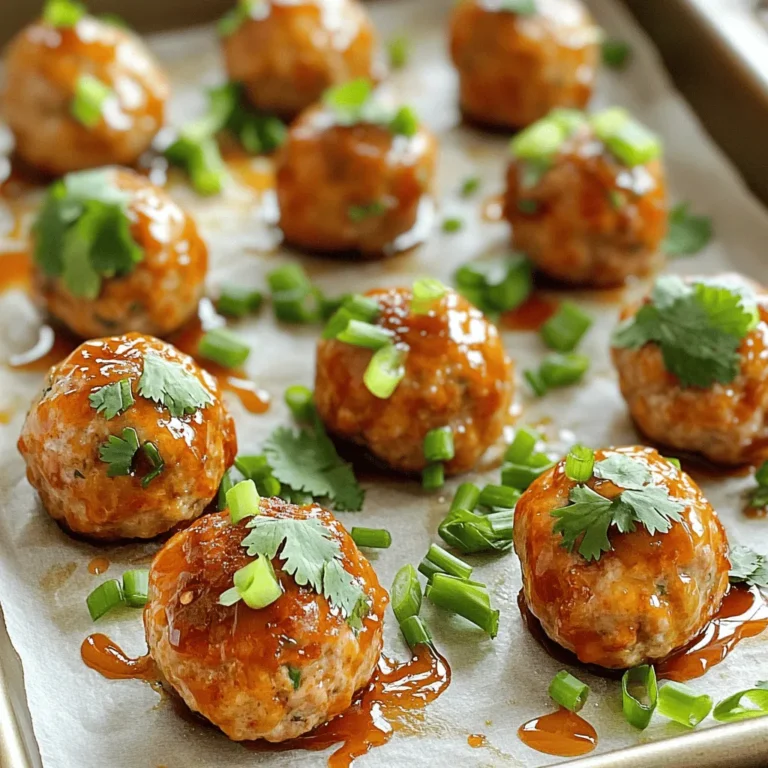 To make these meatballs, start by gathering your ingredients. In a large mixing bowl, combine: - 1 pound ground turkey - 1/2 cup breadcrumbs (preferably panko for extra crunch) - 1/4 cup freshly grated Parmesan cheese - 1 tablespoon chopped fresh cilantro - 2 green onions, finely chopped (white and green parts) - 1 large egg, lightly beaten - 2 cloves garlic, minced - 1 teaspoon fresh ginger, grated - 1/4 teaspoon red pepper flakes (adjust to taste) - Salt and pepper, to taste Using your hands or a spatula, mix everything until it's well combined. Be sure not to overmix; this keeps the meatballs tender. Mixing by hand helps to keep the turkey light and fluffy. Now it's time to shape the meatballs. With slightly damp hands, take small amounts of the turkey mixture. Roll them into balls about 1-inch in size. Place each meatball on a baking sheet lined with parchment paper. Leave space between each one; this helps them cook evenly. Preheat your oven to 400°F (200°C). While the oven heats, you can get the baking sheet ready. Bake the meatballs for about 20-25 minutes. Halfway through, carefully turn them for even cooking. You want them golden brown and cooked through. For the sauce, mix 1/2 cup sweet chili sauce with 1 tablespoon low-sodium soy sauce in a small bowl. This adds sweetness and a savory kick to the meatballs. After baking, brush half of the sauce over the meatballs. Once they are out of the oven, drizzle the rest of the sauce on top. For a nice visual, arrange the meatballs on a colorful platter. Garnish with lime wedges and fresh cilantro. This makes them look as good as they taste! You can even serve extra sauce on the side for dipping. For the full recipe, check out the detailed instructions to bring this delicious dish to life! To make your meatballs moist, use ground turkey with some fat. This helps keep them juicy. Make sure not to overmix the meatball mixture. Overmixing can make them tough. Form your meatballs gently, using damp hands to prevent sticking. When baking, space them out on the sheet. This allows heat to circulate and cook them evenly. For the perfect bake, preheat your oven to 400°F (200°C). Line your baking sheet with parchment paper. This reduces sticking and makes cleanup easy. Bake for 20-25 minutes, turning them halfway through. Look for a golden-brown color to know they're ready. If you need alternatives for breadcrumbs, try crushed cornflakes or ground oats. Both options work well and add texture. You can also use almond flour for a gluten-free choice. If you don’t have Parmesan cheese, nutritional yeast gives a similar flavor. For spice levels, red pepper flakes are adjustable. If you want it milder, use less. If you love heat, add more. Taste the mixture before baking to find your ideal heat level. Sweet chili turkey meatballs pair great with rice or a fresh salad. Steamed jasmine rice complements their sweet and savory taste. A crisp green salad adds freshness to your meal. For creative serving ideas, consider dipping sauces. Serve extra sweet chili sauce on the side for those who want it sweeter. You can also try a tangy soy sauce blend. Arrange the meatballs on a vibrant platter for a nice presentation. For a fun twist, garnish with lime wedges and fresh cilantro. This adds color and flavor! {{image_4}} You can give your sweet chili turkey meatballs a twist by adding Asian flavors. Try mixing in sesame oil and hoisin sauce. This combo adds a rich taste and aroma. Use about one tablespoon of each. The sesame oil gives a nutty flavor, while hoisin adds a sweet, tangy touch. This mix will bring your meatballs to a whole new level. If you're looking for a lighter dish, swap the ground turkey for ground chicken. You can also use turkey alternatives like lean beef or even plant-based meat. These options still keep the meatballs tasty. Just check that the ground meat has low fat. This way, you enjoy a healthier meal without losing flavor. Transform your meatballs into fun appetizers by making meatball skewers. Simply thread the cooked meatballs onto wooden or metal skewers. Add some colorful veggies, like bell peppers and cherry tomatoes. This makes for a great party treat. Serve them with extra sweet chili sauce for dipping. Your guests will love these easy-to-eat bites! For the complete recipe, check out the full recipe. To keep your sweet chili turkey meatballs fresh, store them in the fridge. Use an airtight container. This prevents odors and keeps them moist. They can last up to three days in the fridge. If you want to keep them longer, freeze the meatballs. Place them in a freezer-safe bag or container. Make sure to remove as much air as possible. This will help avoid freezer burn. Frozen meatballs can last up to three months. When you want to enjoy your leftovers, reheating is key. For the best texture, use the oven. Preheat your oven to 350°F (175°C). Place meatballs on a baking sheet and cover them with foil. Heat for about 15-20 minutes. This helps keep them juicy. You can also use a microwave, but it may make them a bit soggy. If you use the microwave, heat them in short bursts. Check often to avoid overcooking. In the fridge, sweet chili turkey meatballs last about three days. If stored properly in an airtight container, they stay fresh. In the freezer, they can last for up to three months. Always label your containers with the freeze date. This will help you keep track of how long they have been stored. Enjoy your meatballs within this time for the best taste and texture. For detailed cooking steps, check the Full Recipe. To keep turkey meatballs juicy, add moisture-rich ingredients. Ground turkey is lean, which can lead to dry meatballs. You can use breadcrumbs to help retain moisture. I prefer panko breadcrumbs for extra crunch. Adding grated Parmesan cheese also helps. It adds flavor and moisture. The egg acts as a binding agent that keeps them together. Yes, you can make these meatballs ahead of time! Prepare the mixture and form the meatballs. Place them on a tray and freeze them. Once frozen, transfer them to a sealed bag. This way, you can keep them for up to three months. When ready to cook, bake them straight from the freezer. Just add a few extra minutes to the cooking time. Sweet chili turkey meatballs taste great with various dipping sauces. You can serve them with extra sweet chili sauce. It enhances the dish's sweetness. Soy sauce mixed with a bit of lime adds a tangy kick. For a spicy twist, try sriracha or a spicy mayo. These sauces add fun flavors and make the meal more enjoyable. In this blog post, we explored how to make delicious sweet chili turkey meatballs. You learned about the key ingredients, from ground turkey to fresh herbs. I showed you how to mix, shape, and bake the meatballs perfectly. We also covered tips for moisture, ingredient swaps, and serving ideas. These meatballs are easy to prepare and fun to serve. Enjoy experimenting with flavors and make it your own! Happy cooking!