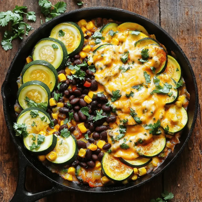 - 3 medium zucchinis, sliced into half-moons - 1 red bell pepper, diced - 1 yellow onion, diced - 1 can (15 oz) black beans, drained and rinsed - 1 cup corn kernels (fresh or frozen) - 1 teaspoon ground cumin - 1 teaspoon smoked paprika - 1 teaspoon chili powder - ½ teaspoon garlic powder - ¼ teaspoon cayenne pepper (optional, for heat) - 2 tablespoons olive oil - Salt and pepper to taste - Fresh cilantro, roughly chopped, for garnish - ½ cup shredded cheddar cheese (or a dairy-free alternative) Gather these ingredients to make a delicious Tex-Mex Zucchini Skillet. You can find the full recipe above. Each item plays a key role in building flavor. Zucchini adds great texture and absorbs spices well. The bell pepper and onion bring sweetness and depth. Black beans offer protein, while corn adds a touch of sweetness. The spices give a warm kick, with cumin and paprika standing out. Olive oil helps the veggies cook evenly. Salt and pepper enhance all flavors. Finally, cheese gives a rich, creamy finish. Enjoy cooking! - Heat olive oil in a large skillet over medium heat. - Sauté diced onion and red bell pepper for about 3-4 minutes. - Add sliced zucchini and cook for another 5 minutes, stirring often. - Incorporate rinsed black beans and corn into the skillet. - Add spices: cumin, smoked paprika, chili powder, garlic powder, and optional cayenne pepper. - Season with salt and pepper to taste, mixing well. - Cook the mixture for another 5-7 minutes to meld the flavors. - Sprinkle shredded cheese over the top and cover to melt. - Garnish with freshly chopped cilantro before serving. For the full recipe, check out the complete guide on making this Tex-Mex Zucchini Skillet. Enjoy! - Ensure olive oil is hot before adding vegetables. - Stir frequently to avoid sticking and ensure even cooking. These tips help your veggies cook just right. Hot oil makes veggies sizzle. Stirring often keeps them from burning. - Adjust spice levels according to your taste preferences. - Add lime juice for a zesty finish. You can make this dish mild or spicy. If you like heat, add more cayenne. Lime juice adds a fresh twist and brightens the whole dish. - Serve directly from the skillet for a rustic look. - Top with sliced avocado or serve with tortilla chips. Serving from the skillet gives a cozy feel. Sliced avocado adds creaminess. Tortilla chips add crunch and fun. For the full recipe, check out the details above! {{image_4}} You can change some ingredients in the Tex-Mex Zucchini Skillet. For a fun twist, try using different colored bell peppers. Green or yellow peppers add unique flavors and colors. You can also switch out black beans for pinto or kidney beans. This gives the dish a new taste and texture. Feel free to mix and match as you like! If you want a dairy-free version, use vegan cheese or skip the cheese entirely. This still gives you a tasty meal without the dairy. You can also cut back on fat by swapping olive oil for cooking spray. This way, you enjoy a lighter version without losing flavor. To make your meal heartier, serve the skillet with quinoa or rice. Both options add more filling goodness. You can also pair it with a fresh salad. This adds extra nutrition and a crisp contrast to the warm skillet. For more ideas, check out the Full Recipe to explore additional sides that work well with this dish! Store leftovers in an airtight container, refrigerated for up to 3 days. This helps keep flavors fresh. Make sure the container seals well to avoid any odors from mixing. You can freeze this dish. First, allow it to cool completely. Then, transfer it to freezer-safe bags. Squeeze out as much air as possible to prevent freezer burn. When you want to enjoy it again, remember to reheat thoroughly before serving to ensure the best taste and texture. To reheat, use a microwave or stovetop. If using the microwave, place it in a bowl and add a splash of water. This keeps the dish moist and prevents it from drying out. On the stovetop, heat it gently over low heat, stirring often. This way, you bring back that fresh Tex-Mex flavor. Enjoy your meal! - Prep Time: 10 min | Cook Time: 25 min - Yes, you can prepare it in advance and store it as directed. - Absolutely, it can be portioned and stored for convenient meals throughout the week. - Yes, other vegetables like bell peppers, squash, or eggplant can be used as well. - Great with tortilla chips, warm tortillas, or alongside rice/quinoa. You will love how easy this Tex-Mex Zucchini Skillet is to make. The recipe only takes 35 minutes total. By prepping ahead, you save time for busy days. Meal prep fans will enjoy storing this dish for quick lunches or dinners. If you want to switch up the veggies, feel free to experiment. Bell peppers and squash work great. You can also try eggplant for a different taste. When it comes to serving, this dish shines with tortilla chips. Warm tortillas are perfect too. If you want something hearty, serve it with rice or quinoa. Enjoy each bite of this flavorful meal! For the full recipe, check the earlier section. This blog post shared a simple and tasty Tex-Mex Zucchini Skillet recipe. We talked about the main ingredients, spices, and step-by-step cooking directions. I highlighted helpful tips, variations, and how to store leftovers. You can adjust flavors or change ingredients to fit your needs. This dish is perfect for meal prep or a quick dinner. Enjoy making and sharing this healthy meal!