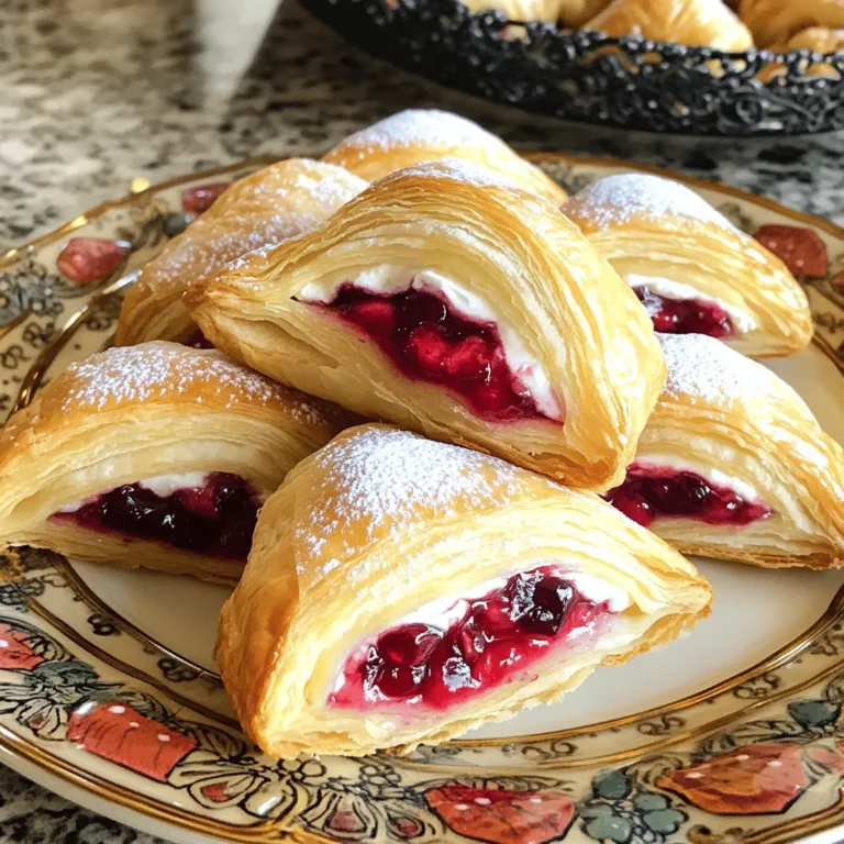 Let's dive into the delightful ingredients that make up the Cherry Cream Cheese Danish. Each component plays a key role in creating this sweet treat. - Puff pastry: This is the base of the danish. It adds a flaky and buttery texture that is hard to resist. I recommend using one sheet of puff pastry, thawed for ease of use. - Cream cheese mixture: This is where the magic begins. You need 8 oz of softened cream cheese, blended with 1/4 cup of granulated sugar and 1 teaspoon of pure vanilla extract. This mixture provides a creamy and sweet contrast to the tart cherries. - Cherry filling: For the fruity burst, use 1 cup of cherry pie filling. This adds a juicy sweetness that brings the danish to life. You can opt for homemade or store-bought cherry filling. - Optional flavor enhancements: To elevate the flavor, consider adding the zest of 1 lemon. This brightens the cream cheese mixture and adds a refreshing twist. I always love adding a touch of zest for extra flavor! These ingredients come together to create a tasty and simple treat. For the full recipe, check out the detailed instructions to bring this danish to your kitchen! - Preheat the oven: Start by setting your oven to 400°F (200°C). This ensures even baking and a crispy crust. - Prepare the baking sheet: Line a baking sheet with parchment paper. This helps prevent sticking and makes cleanup easy. - Techniques for rolling out puff pastry: Place the thawed puff pastry on a lightly floured surface. Use a rolling pin to roll it into a rectangle about 1/4 inch thick. Keep the dough even for best results. - How to cut into shapes: Use a sharp knife or pizza cutter to slice the pastry. You can cut it into two large rectangles or four smaller squares. Choose the size you prefer for serving. - Preparing the cream cheese filling: In a bowl, mix softened cream cheese, granulated sugar, and vanilla extract. If you like, add lemon zest for extra flavor. Beat until smooth and creamy. - Adding the cherry filling: Spoon cherry pie filling over the cream cheese mixture. Avoid overfilling to keep the pastries neat. - Sealing the danishes: Fold the corners of the pastry over the filling. Bring them toward the center to form a diamond shape. Use a fork to press down the edges. This seals in the filling. - Baking time and temperature: Place the danishes on the prepared baking sheet. Bake for 15-18 minutes. They should puff up and turn golden brown. - Cooling and dusting with powdered sugar: Once baked, let the danishes cool for a few minutes. Then, dust the tops with powdered sugar for a sweet finish. For all the details on making this delicious treat, check out the Full Recipe. - Overfilling pastries: It’s easy to get excited and add too much filling. This leads to messy danishes. Aim for a generous spoonful of cream cheese and a small scoop of cherry filling. Leave space around the edges for sealing. - Not sealing edges properly: Sealing the edges is key. If they’re not sealed, the filling will leak during baking. Use a fork to press down firmly on the edges after folding. - Recommended cream cheese brands: For the best taste, use high-quality cream cheese brands like Philadelphia or Organic Valley. These brands provide a creamy texture and rich flavor. Look for full-fat options for the best results. - Adding lemon zest for brightness: A bit of lemon zest adds a fresh taste. It cuts the richness of the cream cheese and enhances the overall flavor. Just one teaspoon can brighten your danish. - Drizzling icing: A simple icing can take your danish to the next level. Mix powdered sugar with a splash of milk until smooth. Drizzle this over the cooled danishes for a sweet touch. - Serving suggestions: Serve your danishes warm on a decorative plate. Pair them with coffee or tea to make a delightful snack. They also work well as a sweet breakfast treat. Remember, these tips can help you create a stunning and tasty Cherry Cream Cheese Danish. Follow the Full Recipe for a step-by-step guide! {{image_4}} You can easily switch up the flavor of your Cherry Cream Cheese Danish. Try different fruit fillings like: - Blueberries - Strawberries - Apples - Peaches Each fruit gives a unique taste, bringing new life to this treat. For cream cheese alternatives, consider using: - Mascarpone cheese for a richer flavor - Greek yogurt for a lighter option Adding spices or extracts can enhance the taste. Consider using: - Almond extract for a nutty note - Cinnamon for warmth - Nutmeg for a cozy touch If you need a gluten-free option, look for gluten-free puff pastry. Many stores offer great choices. For those who want a vegan version, try these cream cheese substitutes: - Cashew cream for a rich texture - Tofutti cream cheese for a similar taste These small changes let everyone enjoy this yummy Danish. You can find the Full Recipe to help you make these variations easily. After enjoying your cherry cream cheese danish, you may have some left. To keep them fresh, place them in an airtight container. Store the container in the fridge for up to three days. This helps maintain the flavor and texture. When it’s time to eat your leftover danishes, you want them to be crispy. Preheat your oven to 350°F (175°C). Place the danishes on a baking sheet. Heat them for about 5-10 minutes. This method gives you that fresh-baked taste again. You can also freeze danishes for later. If you want to freeze them before baking, assemble the danishes as you normally would. Place them on a baking sheet and freeze until solid. Once frozen, transfer them to a freezer bag. Seal the bag tightly, and they can last for up to three months. If you prefer freezing after baking, let the danishes cool completely. Then, wrap each one in plastic wrap. Place them in a freezer bag, and they will stay good for about three months. When you’re ready to enjoy, reheat them in the oven as mentioned above for the best result. Now you know how to store your cherry cream cheese danishes! For the full recipe, check above. Making Cherry Cream Cheese Danish takes about 40 minutes. You need 20 minutes for prep and 15-18 minutes for baking. To save time, gather all your ingredients before you start. This way, you move quickly and smoothly through the recipe. Yes, you can use homemade cherry filling! If you have fresh cherries, cook them down with sugar and a bit of lemon juice. For a faster option, use canned cherry filling. Both options taste great and work well with the cream cheese. Pair your danish with coffee or tea for a perfect match. Fresh fruit or a fruit salad adds a nice touch too. You could also serve it with whipped cream for a richer experience. Absolutely! Cherry Cream Cheese Danish is a tasty breakfast treat. It works well for brunch too. You can serve it at gatherings or enjoy it on a cozy morning at home. You can prepare the filling and pastry ahead of time. Just keep them in the fridge until you are ready to bake. This is especially handy for events or gatherings. You can also freeze them before baking for later use. In this article, we explored how to make Cherry Cream Cheese Danish from scratch. We covered ingredients, step-by-step instructions, and tips to perfect your danish. Remember to choose the right fillings and avoid common mistakes. Think about different flavors and dietary needs to make your recipe unique. With the right techniques, your danish can impress anyone. Enjoy baking, and don't forget to have fun with your creations!