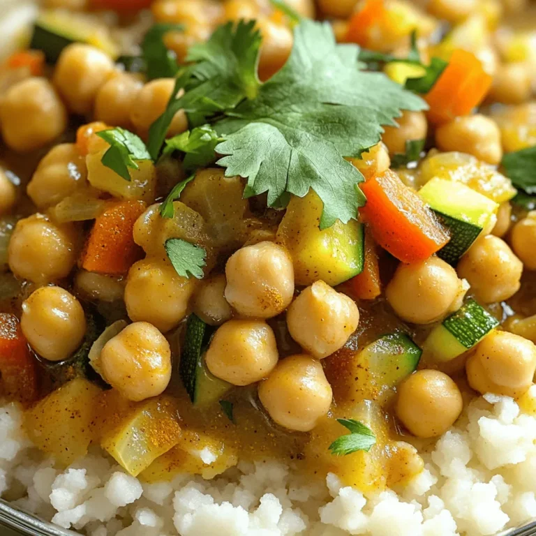 - 2 cans (15 oz each) chickpeas, well-drained and rinsed - 1 large onion, finely chopped - 3 cloves garlic, minced - 1 red bell pepper, diced - 2 medium carrots, diced - 1 zucchini, chopped into bite-sized pieces - 1 can (14 oz) diced tomatoes, undrained - 2 cups vegetable broth - 2 tablespoons tomato paste - 1 tablespoon ground cumin - 1 tablespoon ground coriander - 1 teaspoon ground cinnamon - 1 teaspoon smoked paprika - 1 teaspoon turmeric - 1/2 teaspoon cayenne pepper (adjust for your desired level of spiciness) - Salt and pepper to taste - 2 tablespoons olive oil - Fresh cilantro or parsley, chopped, for garnish - Cooked couscous or rice, for serving Using the right amounts of each ingredient matters. Measure carefully to ensure balance. Too much spice may overpower the dish. Too little can leave it bland. Stick to the recipe for a great outcome. Fresh ingredients make a big difference. Use ripe vegetables for the best flavor. Choose good-quality canned chickpeas; they should be firm and not mushy. Look for low-sodium vegetable broth to control salt levels. Fresh herbs add brightness, so pick them last for your garnish. For a richer taste, opt for extra virgin olive oil. This enhances the dish's overall flavor. Remember, quality matters! Check out the Full Recipe for more tips. Start by heating 2 tablespoons of olive oil in a large skillet over medium heat. Once hot, add 1 large onion, finely chopped. Sauté the onion for about 5 minutes. You want it to turn soft and fragrant. This step builds a great flavor base for your dish. Now, it's time to add more flavor. Toss in 3 cloves of minced garlic and 1 diced red bell pepper. Also, add 2 medium diced carrots and 1 chopped zucchini. Cook these for another 5 minutes, stirring often. You want the veggies to begin softening. This mix gives your dish a nice color and taste. Once the veggies are ready, carefully transfer them to your slow cooker. Add 2 cans of well-drained chickpeas and 1 can of undrained diced tomatoes. Pour in 2 cups of vegetable broth and 2 tablespoons of tomato paste. Stir all the ingredients well to combine. This ensures every bite is tasty. Next, it’s time to add the spices. Sprinkle in 1 tablespoon of ground cumin, 1 tablespoon of ground coriander, 1 teaspoon of ground cinnamon, 1 teaspoon of smoked paprika, and 1 teaspoon of turmeric. For a kick, add ½ teaspoon of cayenne pepper. Season with salt and pepper to taste. Mix everything together to spread the flavors evenly. Cover the slow cooker with its lid. Set it to low heat and let it cook for 6-8 hours. For a quicker meal, set it to high heat for 3-4 hours. The longer it cooks, the better the flavors blend. You want the chickpeas to be tender and delicious. After cooking, give the dish a good stir. Taste it, and if needed, adjust the seasoning with more salt or pepper. Serve the Moroccan chickpeas over warm cooked couscous or rice. Garnish with chopped fresh cilantro or parsley. This adds a pop of color and freshness. For the full recipe, check the detailed instructions above. To enhance flavor, I recommend using fresh spices. Fresh spices pack a bigger punch than old ones. Try toasting whole spices like cumin and coriander before adding them. This brings out their oils and aromas. You can also add a splash of lemon juice just before serving. It brightens the dish and balances the flavors nicely. One common mistake is not rinsing chickpeas. Canned chickpeas can have a salty film. Rinsing helps remove this and improves taste. Another mistake is overcooking. Keep an eye on cooking time. If you cook too long, the chickpeas might turn mushy. Sautéing vegetables adds depth to your dish. I like to sauté onions until they are soft and sweet. Adding garlic and peppers creates a great base. This step is key for rich flavor. Don’t skip it! Once you transfer everything to the slow cooker, the flavors meld beautifully. For the best results, always sauté before slow cooking. For more cooking tips, check out the Full Recipe for additional insights! {{image_4}} You can boost the protein in your Slow Cooker Moroccan Chickpeas by adding meat or tofu. For meat lovers, chicken or lamb works well. Cut the meat into small pieces and add it at the same time as the vegetables. This way, the meat cooks and soaks up all the rich flavors. If you're vegetarian or vegan, try using firm tofu. Cube it and add it in with the chickpeas. This adds a nice texture and makes the meal more filling. Adjusting the spice level is easy. If you like it hot, increase the cayenne pepper. Start with a small amount, then taste and add more as needed. You can also add fresh chilies for a different kick. On the other hand, if you prefer mild flavors, skip the cayenne altogether. You can still enjoy the warmth of spices like cumin and coriander without the heat. This recipe is already vegetarian and can easily be made vegan. Use vegetable broth instead of chicken broth, which is already in the recipe. If you want more depth, add a splash of soy sauce or a bit of miso paste. This will add a umami flavor that enhances the dish. Fresh herbs also brighten up the meal. You can use mint or parsley for a refreshing twist. For the full recipe, check out the link above. Once your Slow Cooker Moroccan Chickpeas cool, store them in an airtight container. They last about 4-5 days in the fridge. Make sure to let them cool completely before sealing. This helps keep the flavors fresh and avoids sogginess. If you want to save some for later, freezing works great! Portion the chickpeas into freezer-safe bags or containers. They can be frozen for 3-4 months. When you’re ready to eat, just thaw them overnight in the fridge. This keeps them tasty and easy to reheat. To reheat, you can use the stove or microwave. On the stove, add a splash of water and heat over low until warm. In the microwave, heat for 1-2 minutes, stirring halfway through. If the chickpeas seem dry, add a bit of broth or water for moisture. Enjoy your meal just like the first time! For the full recipe, check out the details above. You can serve Slow Cooker Moroccan Chickpeas with several delicious sides. Here are some great options: - Warm couscous - Fluffy rice - Quinoa - Flatbread - Fresh salad Each of these pairs well and adds extra flavor. Couscous absorbs the spices nicely, while rice offers a simple base. You can also add a dollop of yogurt for creaminess. To spice things up, you can use these tips: - Increase cayenne pepper in the recipe. - Add fresh chopped chili peppers. - Use spicy paprika instead of smoked paprika. - Top with hot sauce before serving. Adjust the spice to your taste. Enjoying the heat can make this dish even better! Yes, you can prepare this recipe in advance. Here’s how: - Chop all the vegetables and store them in the fridge. - Mix the spices together ahead of time. - Combine everything in the slow cooker the night before. Just set the slow cooker in the morning, and you’ll have a warm meal waiting for you! Yes, Slow Cooker Moroccan Chickpeas are quite healthy. They are packed with: - Protein from chickpeas - Fiber for digestion - Vitamins from the veggies This dish is low in fat and high in nutrients. It’s a fantastic choice for a balanced meal. Using leftovers can be fun! Here are some ideas: - Make a chickpea salad with fresh greens and dressing. - Blend into a soup for a creamy texture. - Stuff into pita bread with veggies for a sandwich. - Add to tacos for a flavorful twist. These ideas can keep your meals exciting and tasty throughout the week. Enjoy your Slow Cooker Moroccan Chickpeas! For the full recipe, check out the detailed instructions above. We covered the key ingredients and measurements needed for Slow Cooker Moroccan Chickpeas. You learned how to prepare your base, add vegetables, and adjust spices for amazing flavor. Remember to avoid common mistakes and enhance taste with sautéing. Explore variations with proteins or spice levels to fit your palate. Lastly, store and reheat leftovers properly for enjoyment later. Slow Cooker Moroccan Chickpeas offer abundant flavor and flexibility. Dive in and enjoy your tasty, healthy meal!