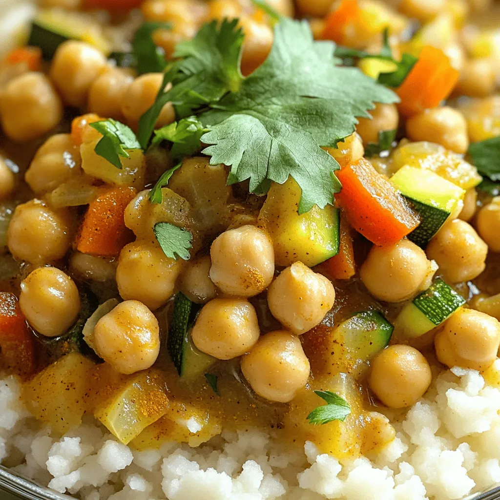 - 2 cans (15 oz each) chickpeas, well-drained and rinsed - 1 large onion, finely chopped - 3 cloves garlic, minced - 1 red bell pepper, diced - 2 medium carrots, diced - 1 zucchini, chopped into bite-sized pieces - 1 can (14 oz) diced tomatoes, undrained - 2 cups vegetable broth - 2 tablespoons tomato paste - 1 tablespoon ground cumin - 1 tablespoon ground coriander - 1 teaspoon ground cinnamon - 1 teaspoon smoked paprika - 1 teaspoon turmeric - 1/2 teaspoon cayenne pepper (adjust for your desired level of spiciness) - Salt and pepper to taste - 2 tablespoons olive oil - Fresh cilantro or parsley, chopped, for garnish - Cooked couscous or rice, for serving Using the right amounts of each ingredient matters. Measure carefully to ensure balance. Too much spice may overpower the dish. Too little can leave it bland. Stick to the recipe for a great outcome. Fresh ingredients make a big difference. Use ripe vegetables for the best flavor. Choose good-quality canned chickpeas; they should be firm and not mushy. Look for low-sodium vegetable broth to control salt levels. Fresh herbs add brightness, so pick them last for your garnish. For a richer taste, opt for extra virgin olive oil. This enhances the dish's overall flavor. Remember, quality matters! Check out the Full Recipe for more tips. Start by heating 2 tablespoons of olive oil in a large skillet over medium heat. Once hot, add 1 large onion, finely chopped. Sauté the onion for about 5 minutes. You want it to turn soft and fragrant. This step builds a great flavor base for your dish. Now, it's time to add more flavor. Toss in 3 cloves of minced garlic and 1 diced red bell pepper. Also, add 2 medium diced carrots and 1 chopped zucchini. Cook these for another 5 minutes, stirring often. You want the veggies to begin softening. This mix gives your dish a nice color and taste. Once the veggies are ready, carefully transfer them to your slow cooker. Add 2 cans of well-drained chickpeas and 1 can of undrained diced tomatoes. Pour in 2 cups of vegetable broth and 2 tablespoons of tomato paste. Stir all the ingredients well to combine. This ensures every bite is tasty. Next, it’s time to add the spices. Sprinkle in 1 tablespoon of ground cumin, 1 tablespoon of ground coriander, 1 teaspoon of ground cinnamon, 1 teaspoon of smoked paprika, and 1 teaspoon of turmeric. For a kick, add ½ teaspoon of cayenne pepper. Season with salt and pepper to taste. Mix everything together to spread the flavors evenly. Cover the slow cooker with its lid. Set it to low heat and let it cook for 6-8 hours. For a quicker meal, set it to high heat for 3-4 hours. The longer it cooks, the better the flavors blend. You want the chickpeas to be tender and delicious. After cooking, give the dish a good stir. Taste it, and if needed, adjust the seasoning with more salt or pepper. Serve the Moroccan chickpeas over warm cooked couscous or rice. Garnish with chopped fresh cilantro or parsley. This adds a pop of color and freshness. For the full recipe, check the detailed instructions above. To enhance flavor, I recommend using fresh spices. Fresh spices pack a bigger punch than old ones. Try toasting whole spices like cumin and coriander before adding them. This brings out their oils and aromas. You can also add a splash of lemon juice just before serving. It brightens the dish and balances the flavors nicely. One common mistake is not rinsing chickpeas. Canned chickpeas can have a salty film. Rinsing helps remove this and improves taste. Another mistake is overcooking. Keep an eye on cooking time. If you cook too long, the chickpeas might turn mushy. Sautéing vegetables adds depth to your dish. I like to sauté onions until they are soft and sweet. Adding garlic and peppers creates a great base. This step is key for rich flavor. Don’t skip it! Once you transfer everything to the slow cooker, the flavors meld beautifully. For the best results, always sauté before slow cooking. For more cooking tips, check out the Full Recipe for additional insights! {{image_4}} You can boost the protein in your Slow Cooker Moroccan Chickpeas by adding meat or tofu. For meat lovers, chicken or lamb works well. Cut the meat into small pieces and add it at the same time as the vegetables. This way, the meat cooks and soaks up all the rich flavors. If you're vegetarian or vegan, try using firm tofu. Cube it and add it in with the chickpeas. This adds a nice texture and makes the meal more filling. Adjusting the spice level is easy. If you like it hot, increase the cayenne pepper. Start with a small amount, then taste and add more as needed. You can also add fresh chilies for a different kick. On the other hand, if you prefer mild flavors, skip the cayenne altogether. You can still enjoy the warmth of spices like cumin and coriander without the heat. This recipe is already vegetarian and can easily be made vegan. Use vegetable broth instead of chicken broth, which is already in the recipe. If you want more depth, add a splash of soy sauce or a bit of miso paste. This will add a umami flavor that enhances the dish. Fresh herbs also brighten up the meal. You can use mint or parsley for a refreshing twist. For the full recipe, check out the link above. Once your Slow Cooker Moroccan Chickpeas cool, store them in an airtight container. They last about 4-5 days in the fridge. Make sure to let them cool completely before sealing. This helps keep the flavors fresh and avoids sogginess. If you want to save some for later, freezing works great! Portion the chickpeas into freezer-safe bags or containers. They can be frozen for 3-4 months. When you’re ready to eat, just thaw them overnight in the fridge. This keeps them tasty and easy to reheat. To reheat, you can use the stove or microwave. On the stove, add a splash of water and heat over low until warm. In the microwave, heat for 1-2 minutes, stirring halfway through. If the chickpeas seem dry, add a bit of broth or water for moisture. Enjoy your meal just like the first time! For the full recipe, check out the details above. You can serve Slow Cooker Moroccan Chickpeas with several delicious sides. Here are some great options: - Warm couscous - Fluffy rice - Quinoa - Flatbread - Fresh salad Each of these pairs well and adds extra flavor. Couscous absorbs the spices nicely, while rice offers a simple base. You can also add a dollop of yogurt for creaminess. To spice things up, you can use these tips: - Increase cayenne pepper in the recipe. - Add fresh chopped chili peppers. - Use spicy paprika instead of smoked paprika. - Top with hot sauce before serving. Adjust the spice to your taste. Enjoying the heat can make this dish even better! Yes, you can prepare this recipe in advance. Here’s how: - Chop all the vegetables and store them in the fridge. - Mix the spices together ahead of time. - Combine everything in the slow cooker the night before. Just set the slow cooker in the morning, and you’ll have a warm meal waiting for you! Yes, Slow Cooker Moroccan Chickpeas are quite healthy. They are packed with: - Protein from chickpeas - Fiber for digestion - Vitamins from the veggies This dish is low in fat and high in nutrients. It’s a fantastic choice for a balanced meal. Using leftovers can be fun! Here are some ideas: - Make a chickpea salad with fresh greens and dressing. - Blend into a soup for a creamy texture. - Stuff into pita bread with veggies for a sandwich. - Add to tacos for a flavorful twist. These ideas can keep your meals exciting and tasty throughout the week. Enjoy your Slow Cooker Moroccan Chickpeas! For the full recipe, check out the detailed instructions above. We covered the key ingredients and measurements needed for Slow Cooker Moroccan Chickpeas. You learned how to prepare your base, add vegetables, and adjust spices for amazing flavor. Remember to avoid common mistakes and enhance taste with sautéing. Explore variations with proteins or spice levels to fit your palate. Lastly, store and reheat leftovers properly for enjoyment later. Slow Cooker Moroccan Chickpeas offer abundant flavor and flexibility. Dive in and enjoy your tasty, healthy meal!
