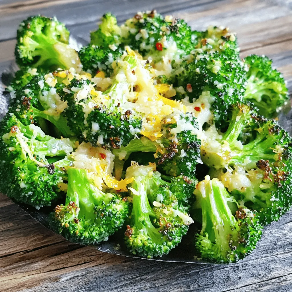 To start, you need fresh broccoli florets. One pound is perfect for this dish. Rinse and trim them well. Fresh garlic adds a bold taste. Use four cloves, finely minced, to pack in flavor. For spices, you will need three tablespoons of extra virgin olive oil. This oil gives the dish richness. Add one teaspoon of sea salt for balance. A half teaspoon of freshly ground black pepper gives warmth. If you like a kick, include a quarter teaspoon of crushed red pepper flakes. Want to take it up a notch? Try adding two tablespoons of finely grated Parmesan cheese. This gives a savory finish. Another option is to sprinkle more lemon zest on top before serving. This adds brightness and a fresh touch. You can find the full recipe [here](#). First, set your oven to 425°F (220°C). This temperature is key for roasting. A hot oven makes the broccoli crispy and tender. Preheating helps to lock in flavors too. In a large bowl, add the fresh broccoli florets. Then, mix in the minced garlic. Pour in the extra virgin olive oil, fresh lemon juice, and lemon zest. Add sea salt, black pepper, and crushed red pepper flakes if you want heat. Toss everything well. Make sure each floret is coated in the mixture. This step brings out the best flavor. Line a baking sheet with parchment paper for easy cleanup. Spread the broccoli mixture in a single layer. This helps it roast evenly. Place the sheet in the oven and roast for 20 to 25 minutes. Halfway through, use a spatula to toss the broccoli. Look for it to become tender and have crispy edges. If you like cheese, sprinkle on the grated Parmesan in the last 5 minutes. This adds a savory touch. When done, take it out and serve warm. Optionally, you can add more lemon zest on top. This brightens the dish and enhances the flavor. For the full recipe, check the details above. Enjoy your delicious Lemon Garlic Roasted Broccoli! To get the best roasted broccoli, start with a hot oven. I recommend 425°F (220°C). This high heat makes the broccoli tender and gives it crispy edges. Spread the florets on your baking sheet in a single layer. If they are crowded, they will steam instead of roast. Halfway through the cooking time, toss the broccoli gently. This helps it cook evenly and adds more crunch. Lemon and garlic shine in this dish. Use fresh garlic for a strong flavor. You can adjust the amount of garlic based on your taste. Adding crushed red pepper flakes brings extra heat. If you like cheese, sprinkle some grated Parmesan just before finishing. This adds a savory touch. Don’t forget to use the lemon zest; it brightens the dish. Serve your lemon garlic roasted broccoli hot. A colorful platter makes a big impact. Drizzle some extra olive oil or lemon juice on top. This adds shine and flavor. Pair it with lemon wedges for a zesty touch. This dish goes well with grilled meats, fish, or even pasta. It is a versatile side that complements many meals. Don't forget to check the full recipe for complete instructions. {{image_4}} You can boost the nutrition of your Lemon Garlic Roasted Broccoli. Try adding chickpeas for protein. They add a nice crunch too. Another option is to mix in nuts like almonds or walnuts. These add healthy fats and a satisfying texture. Toss in some cherry tomatoes for extra vitamins. They add a pop of color and sweetness. Each addition makes your dish even more nutritious. Feel free to experiment with different flavors. Instead of lemon, use lime for a twist. It gives a fresh taste that brightens the dish. You can also try balsamic vinegar for a rich, sweet flavor. Add smoked paprika for a hint of smokiness. For a simple yet tasty option, just use salt and pepper. Each change brings a new vibe to your roasted broccoli. If you want a vegan twist, skip the Parmesan cheese. Instead, sprinkle nutritional yeast on top. It gives a cheesy flavor without dairy. You can also add a splash of plant-based milk to the mix. This makes the broccoli creamy and delicious. For a richer taste, try tahini. It adds a nutty flavor that pairs well with garlic and lemon. These options keep your dish tasty and plant-friendly. You can find the full recipe to explore all these variations to your heart's content! Storing leftovers is easy. After cooking, let the broccoli cool down. Place it in an airtight container. This keeps it fresh for up to three days in the fridge. Reheating is simple. You can use the oven or a microwave. For the oven, heat to 350°F (175°C). Spread the broccoli on a baking sheet. Bake for about 10 minutes. If using a microwave, place the broccoli in a safe dish. Heat for one to two minutes or until warm. Freezing is a great option too. First, blanch the broccoli in boiling water for two minutes. Then, cool it quickly in ice water. Drain well and pack into freezer bags. Remove as much air as possible. Frozen broccoli lasts for about three months. When you want to use it, just cook straight from frozen. For the full recipe, check the section above. Enjoy your flavorful dish! You know roasted broccoli is done when it turns bright green and tender. The edges should be crispy and slightly browned. A fork should slide easily into the stem. This tells you it is ready to eat. If it looks dry or burnt, it may be overcooked. Roasting typically takes about 20-25 minutes, so keep an eye on it. Yes, you can use frozen broccoli. However, fresh broccoli gives the best taste and texture. Frozen broccoli may become soggy when roasted. If you use frozen, make sure to thaw it first and pat it dry. This step helps it roast better. Try to keep it in a single layer on your baking sheet for even cooking. Lemon Garlic Roasted Broccoli pairs well with many dishes. You can serve it with grilled chicken for protein. It also complements salmon or shrimp nicely. If you want a meatless option, try it with quinoa or brown rice. Adding a side of whole-grain bread can round out the meal. You can also mix it with pasta for a hearty dish. You can find the full recipe for Zesty Lemon Garlic Roasted Broccoli above. It includes detailed steps and ingredients to make this tasty side dish. In this post, we explored how to make tasty Lemon Garlic Roasted Broccoli. We covered key ingredients like fresh broccoli, garlic, and spices to boost flavor. The step-by-step guide included preheating the oven and roasting techniques. I shared tips to perfect your dish and variations for health and taste. Plus, we looked at how to store and reheat your leftovers. Try this recipe to enjoy a healthy side that’s quick to make and delicious.