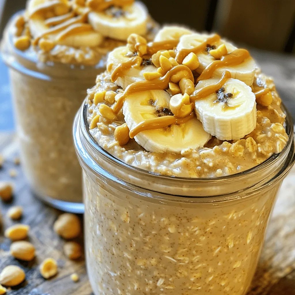 - 1 cup rolled oats - 2 cups almond milk (or preferred milk variety) - 2 ripe bananas, thoroughly mashed - 1/4 cup natural peanut butter These ingredients are the base of your Peanut Butter Banana Overnight Oats. The rolled oats give you great texture. The almond milk adds creaminess without dairy. Ripe bananas bring natural sweetness and flavor. Peanut butter packs in protein and a rich taste. - 2 tablespoons chia seeds - 2 tablespoons honey or maple syrup (to taste) - 1 teaspoon vanilla extract - A pinch of salt These add-ins can elevate your oats. Chia seeds boost fiber and omega-3s. Honey or maple syrup can sweeten to your liking. Vanilla extract gives a lovely aroma. A pinch of salt enhances all the flavors. - Sliced bananas - Chopped peanuts Garnishes make your dish visually appealing. Sliced bananas add freshness and color. Chopped peanuts bring a nice crunch. They both make the oats even more delicious. For the full recipe, check out the Peanut Butter Banana Bliss Overnight Oats 🥜. - Start by mixing 1 cup of rolled oats with 2 cups of almond milk. - Stir well until the oats soak up the milk. - Next, add 2 ripe bananas that you have mashed. - Blend in 1/4 cup of natural peanut butter. - Now it's time to add some fun! Toss in 2 tablespoons of chia seeds. - Drizzle in 2 tablespoons of honey or maple syrup for sweetness. - Add 1 teaspoon of vanilla extract and a pinch of salt. - Mix everything until it looks smooth and even. - Carefully pour this tasty mix into two jars or bowls. - Seal them tightly or cover with plastic wrap. - Place them in the fridge overnight. You can also chill them for at least 4 hours. - This step helps the oats soften and soak up flavors. For the full recipe, make sure to follow the details closely for a delicious start to your day! For smooth and creamy overnight oats, adjust the milk to your taste. If you want a thicker mix, use less milk. If you prefer it thinner, add a splash more. Before serving, always give the oats a good stir. This helps mix all the flavors, making each bite delicious. Serve your oats in clear jars. This way, the colorful layers look great. Drizzle extra peanut butter on top for a tasty touch. Add a slice of banana and some chopped peanuts to make it pop visually. This simple step makes the meal feel special. Get creative with your oats! Add nuts, seeds, or spices to boost flavor. A sprinkle of cinnamon or a few walnuts can change everything. You can also swap sweeteners or milk. Try coconut milk or agave nectar for a new twist. These options let you customize your oats to match your mood. Check out the Full Recipe for more ideas! {{image_4}} You can switch up your milk choice for these oats. Almond milk is a great start. It adds a nutty flavor and keeps it creamy. You could also use soy milk for a thicker texture. Coconut milk gives it a tropical twist and rich taste. Experimenting with different milks can surprise your taste buds! When it comes to sweeteners, you have options. Maple syrup is a lovely choice if you want a rich, warm flavor. Honey works well too, bringing natural sweetness and a hint of floral notes. If you want to try something different, agave nectar adds sweetness without overpowering. Stevia is another great alternative if you want to cut down on sugar. Fruits are a fun way to add flavor to your oats. Berries like strawberries or blueberries bring a burst of flavor and color. You can slice apples for a crunchy bite. Dried fruits like raisins or cranberries can sweeten things up too. Mixing in seeds like sunflower or pumpkin adds a nice crunch and extra nutrition. The options are endless, so get creative! Store your peanut butter banana overnight oats in the fridge. This keeps them fresh and tasty. I recommend eating them within 3 to 5 days. This way, you enjoy the best flavor and texture. Making a larger batch works great for busy mornings. You can prepare enough for the week. Simply jar them in separate containers. This makes for easy grab-and-go meals. You can even add different toppings each day. You can freeze your oats if you want to save them for later. Just place the jars in the freezer before they chill. When ready to eat, thaw them overnight in the fridge. To enjoy, simply reheat in the microwave. Add a splash of milk to restore creaminess. Make sure to follow the Full Recipe for perfect results! Peanut butter banana overnight oats can last for up to five days in the fridge. For optimal freshness, eat them within three days. Store them in airtight containers. This keeps them tasty and prevents odors from other foods in the fridge. Yes, you can use quick oats, but the texture will be different. Quick oats cook faster and become softer. Rolled oats keep their shape better and give a chewier bite. If you prefer a smoother texture, go for quick oats. If you enjoy a hearty feel, stick with rolled oats. Yes, you can make these oats vegan easily. Use almond milk or any plant-based milk instead of regular milk. Replace honey with maple syrup or agave nectar for sweetness. These swaps keep the oats delicious while fitting a vegan diet. You can easily modify the sweetness to your taste. Start with the suggested amount of honey or maple syrup. After mixing, taste the oats. If you want it sweeter, add more syrup or honey. You can also use mashed bananas for natural sweetness. Adjust until it’s just right for you! Enjoying Peanut Butter Banana Overnight Oats is simple and fun. We covered key ingredients, step-by-step instructions, and tips for the best taste. You saw ways to customize your oats with different fruits and sweeteners. Remember, you can adjust the thickness and sweetness to your liking. Store them well for quick breakfast options. With a bit of creativity, these oats can become your go-to meal. Embrace the flavors and enjoy your healthy start!