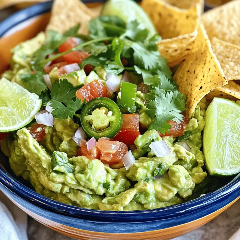 To make a delicious classic guacamole, gather these key ingredients: - 3 ripe avocados - 1 medium tomato, diced - 1 small onion, finely chopped - 1 jalapeño, minced (seeds removed for a milder flavor) - 3 tablespoons fresh cilantro, chopped - 1 lime, juiced - Salt, to taste - 1/4 teaspoon garlic powder (optional) - Freshly ground black pepper, to taste Using fresh ingredients makes your guacamole taste better. Ripe avocados are creamy and add a rich texture. Fresh lime juice brightens the flavor and keeps the dip vibrant. When you use fresh herbs, like cilantro, they add aroma and depth. Fresh tomatoes add color and sweetness. The key is to select the best when shopping. This will ensure your guacamole is fresh and flavorful. You can swap ingredients if you need to. Here are some ideas: - Avocados: If you cannot find ripe avocados, try using store-bought guacamole for a quick fix. - Tomatoes: Canned tomatoes work in a pinch, but fresh tastes best. - Onions: Green onions can replace regular onions for a milder taste. - Jalapeños: If you want less heat, use bell peppers instead. - Cilantro: You can use parsley if you dislike cilantro. - Lime Juice: Apple cider vinegar is a good alternative for a tangy flavor. Feel free to mix and match! The goal is to make a guacamole you enjoy, so be creative. For the full recipe, visit Full Recipe. Making classic guacamole is quick and easy. You will need only a few fresh ingredients. This recipe takes about 10 minutes from start to finish. Grab your avocados, a bowl, and a fork. Let's get started! 1. Slice and Scoop: Take the ripe avocados and cut them in half. Remove the pits with care. Use a spoon to scoop out the green flesh into a medium mixing bowl. 2. Mash It Up: Grab a fork or a potato masher. Mash the avocado until you reach your desired smoothness. You can keep it chunky for a heartier dip or smooth for a velvety texture. 3. Add Fresh Ingredients: Dice the tomato and finely chop the onion. Mince the jalapeño after removing the seeds for less heat. Toss them into the bowl with the mashed avocado. Don’t forget the chopped cilantro! 4. Squeeze the Lime: Cut the lime in half and squeeze the juice over the mix. This adds a fresh flavor and helps the avocado stay green. 5. Season It Right: Sprinkle in salt, garlic powder (if you like), and a dash of black pepper. Mix gently to combine all the flavors. 6. Taste and Adjust: Give your guacamole a taste. Add more salt or lime juice if needed. 7. Serve or Store: Serve the guacamole right away for the best taste. If you need to store it, cover it tightly with plastic wrap. Press the wrap right on the surface to keep it fresh. Texture is key to great guacamole. If you love bites of avocado, mash it less. If you prefer creaminess, mash it more. Experiment to find your favorite style. Remember, each texture offers a unique taste experience. Enjoy your fresh and flavorful guacamole! For the full recipe, check out the ingredients and steps listed above. Choosing ripe avocados is key for great guacamole. Look for avocados that feel slightly soft when you press them. If they feel hard, they need more time to ripen. A dark green or almost black skin often means they are ripe. You can also check the small stem. If it comes off easily and the area underneath is green, your avocado is ready. Guacamole can brown quickly due to air. To keep it fresh, cover it tightly with plastic wrap. Press the wrap directly onto the surface of the guacamole. You can also add lime juice on top to slow down browning. If you want to store it in the fridge, use an airtight container. This way, your guac stays green and tasty for longer. Want to boost your guacamole flavor? Try adding some garlic powder or cumin. These spices add a warm, rich taste. If you like heat, mix in more jalapeño or even a dash of hot sauce. For a twist, consider diced mango or pineapple for sweetness. You can also experiment with different herbs like mint or basil. These little changes can make your guacamole stand out. {{image_4}} If you love heat, you can spice up your guacamole. Adding more jalapeños is an easy choice. You can also try serrano peppers for a different flavor. For a smoky touch, mix in some chipotle peppers. This adds both spice and depth. Use caution when adding spices; you can always add more, but you can't take it out. Want to make your guacamole stand out? Try adding unique ingredients. Here are a few ideas: - Mango: Adds sweetness and a tropical twist. - Pineapple: Offers a fresh, fruity flavor. - Roasted garlic: Gives a rich, savory note. - Feta cheese: Adds creaminess and a salty kick. These ingredients can change the whole taste of your guacamole. Experiment until you find your favorite mix! Guacamole is naturally vegan and gluten-free, so it fits many diets. You don't need to change much to make it work for everyone. Just be sure to use fresh, safe ingredients. If you're serving guests, let them know what’s in it. This way, everyone can enjoy the dish without worry. For those who want a creamier guacamole, try adding vegan sour cream. It keeps the dish plant-based while adding a rich texture. You can find the full recipe for classic guacamole in the earlier sections. Enjoy making it your own! To keep your guacamole fresh, cover it tightly. Press plastic wrap directly on the surface. This helps keep air out and slows browning. You can also store it in an airtight container. Make sure the lid fits snugly to prevent air from getting in. Guacamole is best fresh, but you can revive it. If it turns brown, stir in more lime juice. This will brighten the color and flavor. You can also add a bit of fresh cilantro or chopped onion. If it's too thick, mix in a little water or olive oil. Guacamole lasts 1 to 3 days in the fridge. Check for browning; this is normal. If it smells sour or has an off taste, it's time to toss it. Always trust your senses. If you’re unsure, it’s safer to throw it away. Check out the Full Recipe for more tips on making classic guacamole! You can still make tasty guacamole without lime. Use lemon juice instead. It adds nice zing and helps keep the avocado fresh. You can also skip the citrus if you prefer a milder taste. Just mix the mashed avocado with your other ingredients. Add salt to taste for flavor. If you want a bit of tang, try adding a splash of vinegar. Yes, you can use frozen avocados for guacamole. Just thaw them in the fridge or at room temperature. Frozen avocados work well if you need a quick option. When you mash them, they may be a bit softer. This can make your guacamole creamy and smooth. If you enjoy a chunky texture, add fresh ingredients like diced tomatoes or onions to balance it out. Serve guacamole in a colorful bowl to make it stand out. Top it with extra chopped cilantro for a fresh look. Pair it with crispy tortilla chips for the perfect dip. You can also serve it with veggie sticks for a healthy twist. If you want to impress guests, add lime wedges on the side. This lets everyone squeeze extra lime juice on their guacamole. Check out the Full Recipe for more serving ideas! This guide covered how to make classic guacamole. We discussed ingredients, methods, and tips for freshness. Remember, using ripe avocados and fresh flavors makes a big difference. Explore unique variations to find your perfect mix. Store your guacamole wisely to keep it fresh longer. With these steps and tricks, you can impress everyone with your guacamole skills. Enjoy the flavors and have fun. Your guacamole journey starts now!