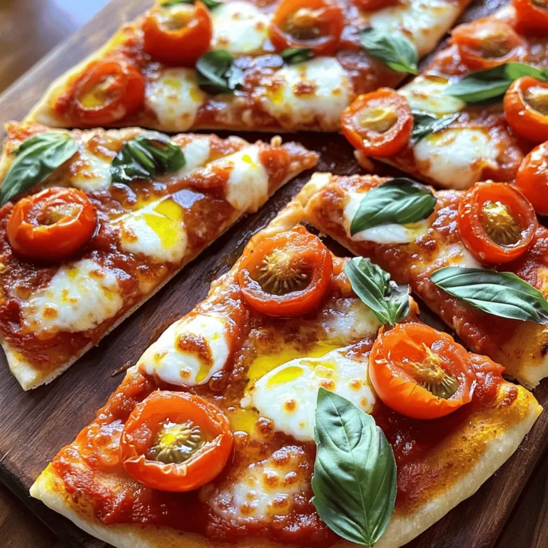 - 1 large flatbread or pizza base - 1 cup marinara sauce - 2 cups fresh mozzarella cheese, sliced into rounds - 1 cup cherry tomatoes, halved - 1/4 cup fresh basil leaves, torn When making Margherita Flatbread Pizza, quality matters. Start with a large flatbread. You can buy it or make your own. The flatbread acts as a base, holding all the tasty toppings. Next, spread a cup of marinara sauce. This sauce adds a rich and tangy flavor. Using fresh mozzarella cheese is key. I recommend two cups, sliced into rounds. The cheese melts beautifully and adds creaminess. Cherry tomatoes bring a burst of sweetness. Halve them and scatter them on top. Lastly, fresh basil leaves give a lovely aroma and taste. Use about a quarter cup, torn for a rustic look. - 2 tablespoons extra virgin olive oil - 1 teaspoon dried oregano - Salt and freshly ground black pepper to taste Seasoning elevates the pizza. Use two tablespoons of extra virgin olive oil. It adds richness and enhances the flavors. A teaspoon of dried oregano gives an Italian touch. Be sure to season with salt and freshly ground black pepper. This will balance the flavors and enhance every bite. For the full recipe, check out the detailed steps to create this delightful dish! First, preheat your oven to 450°F (232°C). This heat makes the crust crispy. Next, grab a baking sheet. You can use parchment paper for easy cleanup. If you have a pizza stone, use that for a great bake. Now, let’s build your pizza! Start by spreading a layer of marinara sauce on the flatbread. Use a spoon or spatula to cover it evenly. Leave about a half-inch border for the crust. Next, lay down the slices of fresh mozzarella cheese. Place them close together for a cheesy, melty top. After that, scatter the halved cherry tomatoes on top. This adds a nice pop of color and taste. It’s time to add flavor! Drizzle olive oil over the top of the pizza. Then, sprinkle dried oregano, salt, and black pepper to taste. This adds depth to your dish. Place the flatbread in the preheated oven. Bake for about 10-12 minutes. Watch for the cheese to melt and bubble. The edges should be crisp and golden. Once done, take it out. Scatter torn fresh basil leaves over the hot pizza. The heat will release their aroma. Let it cool for about 2 minutes before slicing. Enjoy your Margherita Flatbread Pizza! For more details, check the Full Recipe. To get the best bake, set your oven to 450°F (232°C). This high heat helps make the crust crispy. After about 10-12 minutes, check if your pizza is done. Look for melted cheese that is bubbly and slightly golden. The edges of the flatbread should be crisp, too. If it’s not ready, give it another minute or two. Using fresh ingredients makes a big difference. Fresh mozzarella and basil bring bright flavors. Dried oregano gives a nice touch, but fresh herbs are worth the effort. You can also add other toppings. Consider mushrooms, bell peppers, or olives for extra taste. Just remember not to overload the pizza, so it bakes evenly. The Full Recipe provides a great base to start from and get creative. {{image_4}} You can change the flatbread base for a twist. Here are two great options: - Cauliflower flatbread: This option is gluten-free and healthy. It adds a nice flavor. You can find or make it at home. It works well with the toppings of Margherita pizza. - Whole grain options: Using whole grain flatbread boosts fiber. It adds a nutty taste. This is a great choice if you want to keep it hearty and wholesome. You can personalize your Margherita flatbread pizza with tasty extras. Here are some ideas: - Adding vegetables: Slice bell peppers, mushrooms, or spinach. These add color and nutrition. They blend well with the cheese and sauce. - Different cheese selections: While fresh mozzarella is classic, try other cheeses. Goat cheese or feta can add a tangy kick. Parmesan can give it a salty depth. Experimenting with cheese can surprise your taste buds. For the full recipe, check out the details above. Enjoy making this simple yet flavorful delight! To keep your leftover Margherita flatbread pizza fresh, store it properly. First, let the pizza cool down to room temperature. Then, wrap slices in plastic wrap or foil. Place them in an airtight container. This helps keep the flavors intact. Store the container in the fridge for up to three days. If you want to keep it longer, you can freeze it. Wrap each slice in plastic wrap, then place them in a freezer-safe bag. Frozen pizza can last for up to three months. When you're ready to enjoy leftover pizza, reheating it correctly is key. The best method is using an oven. Preheat your oven to 375°F (190°C). Place the pizza on a baking sheet. Heat for about 10 minutes or until it's warm. This helps keep the crust crispy. You can also use a skillet. Heat the skillet over medium heat, add the pizza, and cover it. This method keeps the crust nice and crunchy while warming the cheese. Avoid using a microwave, as it makes the pizza soggy. Enjoy your delicious Margherita flatbread pizza again! To make flatbread, you need just a few simple ingredients. Here’s an easy flatbread recipe: - 2 cups all-purpose flour - 1 teaspoon salt - 3/4 cup water - 1 tablespoon olive oil 1. In a bowl, mix the flour and salt. 2. Slowly add water and olive oil. 3. Knead the dough for about 5 minutes. 4. Let it rest for 10 minutes. 5. Roll it out into a flat circle. 6. Cook the flatbread on a hot skillet for 2-3 minutes on each side. This flatbread will give you a great base for your Margherita Flatbread Pizza. Yes, you can use store-bought marinara sauce. It saves time and is easy to find. Here are some pros and cons: Pros: - Quick and convenient - Consistent flavor - No cooking required Cons: - May have added sugars or preservatives - Flavor might not be as fresh - Less control over seasoning If you choose store-bought, look for high-quality brands to enhance your pizza's taste. You can make your Margherita Flatbread Pizza unique. Here are some fun ideas: - Add more veggies like bell peppers or spinach. - Try different cheeses like goat cheese or feta. - Sprinkle red pepper flakes for some heat. - Use different herbs like thyme or rosemary. Feel free to get creative! The Full Recipe gives you a great base, but you can make it your own. Making Margherita flatbread pizza is simple and fun. You start with fresh ingredients like mozzarella and cherry tomatoes, then layer them on a flatbread. Season it well and bake until golden. Remember, using quality ingredients makes a big difference. Try different bases and toppings to keep it interesting. Store leftovers properly to enjoy later. With these tips, you can create a delicious pizza that satisfies everyone. Now, go and make your own tasty Margherita flatbread pizza!