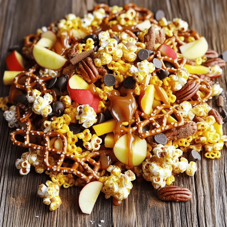 To make a delightful Caramel Apple Snack Mix, you need key ingredients. Here’s what you will require: - 2 cups apple-flavored cereal (like Apple Jacks) - 1 cup mini pretzels - 1 cup caramel popcorn - 1 cup dried apples, coarsely chopped - 1 cup pecans, coarsely chopped - 1/2 cup chocolate chips (milk or dark) - 1/4 cup caramel sauce (store-bought or homemade) - 1 teaspoon ground cinnamon - 1/4 teaspoon sea salt These ingredients combine to create a sweet and crunchy mix. Each component adds a unique taste and texture. The apple-flavored cereal gives a fruity crunch. Pretzels add a salty bite, while caramel popcorn offers sweetness. Dried apples enhance the fruitiness. Pecan nuts add a nutty flavor, and chocolate chips provide extra richness. When choosing ingredients, some brands stand out for their quality. For apple-flavored cereal, I recommend using Apple Jacks. They have the right balance of sweetness and crunch. For pretzels, look for Snyder's or Rold Gold. Their mini pretzels work well in this mix. For caramel popcorn, try Garrett Popcorn Shops or Orville Redenbacher's. Both brands offer tasty options. For dried apples, consider buying from brands like O Organics or Trader Joe's. Their apples are chewy and flavorful. Finally, for chocolate chips, Ghirardelli and Nestlé Toll House are excellent choices. You can easily adapt the recipe for allergies or preferences. If you have nut allergies, simply leave out the pecans. You can substitute sunflower seeds or pumpkin seeds for extra crunch. Gluten-free pretzels are available for those with gluten sensitivities. If you prefer a different cereal, use corn flakes or rice cereal. For a dairy-free version, choose dairy-free chocolate chips and a vegan caramel sauce. This way, everyone can enjoy the snack mix without worries. To make this tasty snack, gather all your ingredients first. Start with a large mixing bowl. Add the apple-flavored cereal, mini pretzels, caramel popcorn, dried apples, and chopped pecans. Stir well to mix everything evenly. In another small bowl, whisk together the caramel sauce, ground cinnamon, and sea salt. Mix until it is smooth. Drizzle this caramel mixture over your snack mix. Fold the ingredients together gently. Ensure every piece gets some caramel goodness. If you want to add chocolate chips, do this last. This helps them keep their shape. Spread the mix on a baking sheet lined with parchment paper. Let it cool for about 15 minutes. This helps the caramel set and binds the mix. Once cooled, break the mix into clusters. You can eat it right away or store it in an airtight container for later. To get the best texture, use fresh ingredients. Ensure your dried apples are chewy, not hard. If they are too dry, soak them in warm water for a few minutes. Drain them before mixing. For extra crunch, toast the pecans lightly in a pan before using. This adds a lovely nutty flavor. Adjust the cinnamon to your taste. If you love spice, add a bit more. When drizzling the caramel sauce, do it slowly. This ensures even coverage and avoids clumping. 1. Combine Ingredients: Picture a big bowl filled with colorful cereal, pretzels, and popcorn. 2. Mixing Caramel Sauce: Imagine a small bowl with a smooth, shiny caramel mixture. 3. Drizzle Over Mix: Visualize caramel flowing over the mix, coating everything. 4. Cooling on Baking Sheet: See a baking sheet spread with the mix, ready to cool. 5. Breaking Into Clusters: Think of pulling apart sweet, sticky clusters, ready to enjoy. For the full recipe, you can refer back to the main article. Enjoy making this fun snack! To keep your snack mix fresh, store it in an airtight container. This helps to prevent moisture from ruining the crunchy texture. You can keep it at room temperature for up to a week. If you want it to last longer, try freezing it. Just make sure to thaw it before you eat. When serving your caramel apple snack mix, use a clear bowl. This way, everyone can see the colorful layers. For parties, consider making individual bags or cups. They are fun and easy to grab. You can also sprinkle extra cinnamon on top for added flavor. You can make this snack mix even better by adding more goodies. Try including mini marshmallows for a chewy bite. You could also toss in some coconut flakes for a tropical twist. If you like spice, a pinch of nutmeg or ginger can add warmth. Get creative and make it your own! {{image_4}} You can change up your Caramel Apple Snack Mix to fit your taste. Try adding: - 1 cup of mini marshmallows - 1 cup of butterscotch chips - 1 cup of raisins or dried cranberries - 1 cup of sunflower seeds These mix-ins add new flavors and textures. You can experiment and find your favorite blend. You can make this snack mix for any season. For fall, add pumpkin spice or candy corn. For winter, try adding peppermint bits or white chocolate. In spring, you can include pastel-colored chocolate eggs. During summer, mix in fresh berries or coconut flakes. This makes it fun for every holiday or gathering. Want to lighten up your snack mix? Here are some tips: - Use whole grain cereal for more fiber. - Swap chocolate chips for dark chocolate or yogurt-covered pieces. - Replace caramel sauce with a homemade date paste for less sugar. - Add more dried fruit and nuts for healthy fats and energy. These changes help you enjoy the mix without guilt. You can still have fun and tasty treats! For the full recipe, check the details above. Store your Caramel Apple Snack Mix in an airtight container. This keeps it fresh and crunchy. You can use glass jars, plastic containers, or resealable bags. Make sure to seal it tightly. If you live in a humid area, consider using a desiccant packet in the container. This helps prevent moisture. When stored correctly, your snack mix lasts about two weeks. If you keep it in the fridge, it can last a little longer. The cool temperature slows down spoilage. However, for the best taste, eat it within a week. You want to enjoy that crunchiness and flavor! Look for signs of spoilage in your snack mix. If it feels soft or soggy, it’s time to toss it. Check for any off smells or strange colors. If the nuts or dried apples look discolored, that’s another sign. Trust your senses—if it doesn’t smell or taste right, don’t eat it. Keeping an eye on these details ensures you enjoy your mix safely. To make homemade caramel, you need sugar, butter, and cream. Start by melting one cup of sugar in a pan over medium heat. Stir it until it becomes liquid and golden. Then, add half a cup of butter. Mix until it melts. Next, pour in half a cup of cream. Stir until smooth. Let it cool before using. This caramel adds a fresh taste to your mix. Yes, you can use different nuts or cereals. Almonds, walnuts, or cashews work well. They add crunch and flavor. For cereals, try honey nut Cheerios or cinnamon toast crunch. Each choice brings a new twist to your Caramel Apple Snack Mix. You can find pre-made Caramel Apple Snack Mix at many grocery stores. Look in the snack aisle or the section with trail mixes. Online, check websites like Amazon or specialty food sites. They often have great options ready for you. For parties, serve the snack mix in small bowls or cups. You can also use festive bags tied with ribbons. This makes it easy for guests to grab a treat. Pair it with apple cider or a hot drink for a cozy touch. To customize for dietary needs, consider nut-free or gluten-free options. Swap nuts for sunflower seeds and choose gluten-free cereal. For a vegan version, use dairy-free caramel and chocolate. These tweaks ensure everyone can enjoy this tasty snack mix. Caramel Apple Snack Mix is easy and fun to make. We covered the key ingredients, step-by-step instructions, and tips for perfect flavor. Don't forget about storage and some tasty variations to keep it fresh. Feel free to get creative with the mix-ins based on what you love. This snack is perfect for sharing or enjoying at home. Try making it your own and customize it for any occasion!