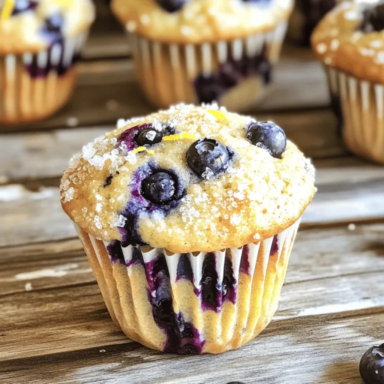 To make blueberry lemon yogurt muffins, gather these fresh and simple ingredients: - 1 cup plain Greek yogurt - 2 large eggs - 1/2 cup granulated sugar - 1/4 cup vegetable oil - Zest of 1 lemon - 2 tablespoons fresh lemon juice - 1 1/2 cups all-purpose flour - 1 teaspoon baking powder - 1/2 teaspoon baking soda - 1/4 teaspoon salt - 1 cup fresh blueberries - Optional: 1 tablespoon coarse sugar for topping When measuring ingredients, use a liquid measuring cup for yogurt and oil. Use dry measuring cups for flour and sugar. For accuracy, level off the flour with a straight edge. This ensures your muffins rise well and have the right texture. If you don’t have Greek yogurt, you can use regular yogurt. It will work well, but the muffins may be slightly less rich. For a dairy-free option, try coconut yogurt. You can also swap vegetable oil with melted butter or applesauce for a different flavor. If you want a sweeter muffin, consider adding an extra tablespoon of sugar. Start by preheating your oven to 375°F (190°C). This step is key for even baking. Prepare a 12-cup muffin tin by lining it with paper muffin liners or greasing it lightly. This makes it easy to remove the muffins later. In a large bowl, mix together 1 cup of plain Greek yogurt, 2 large eggs, 1/2 cup of granulated sugar, and 1/4 cup of vegetable oil. Add the zest of 1 lemon and 2 tablespoons of fresh lemon juice. Whisk until smooth. This creamy base adds flavor and moisture. In another bowl, mix 1 1/2 cups of all-purpose flour, 1 teaspoon of baking powder, 1/2 teaspoon of baking soda, and 1/4 teaspoon of salt. Whisk these dry ingredients well. This helps them mix evenly into the batter. Now, gently fold the dry mix into the wet mixture using a spatula. Stir until just combined. It’s okay if a few lumps remain; overmixing makes muffins tough. Then, fold in 1 cup of fresh blueberries, ensuring they are spread throughout without breaking. Spoon the batter into the prepared muffin cups. Fill each cup about two-thirds full. If you want, sprinkle a bit of coarse sugar on top for a crunchy finish. Put the muffin tin in the oven. Bake the muffins for 18 to 20 minutes. They are done when a toothpick comes out clean or with a few moist crumbs. Once baked, take the muffins out of the oven. Let them cool in the tin for about 5 minutes. After that, move them to a wire rack to cool completely. This helps keep them fluffy. For the full recipe, refer back to the ingredients and instructions above. Enjoy your delicious muffins! Overmixing can ruin your muffins. It makes them dense and tough. To avoid this, mix until the batter is just combined. Some lumps are okay. Fold in the blueberries gently. This keeps them whole and juicy. For a soft, fluffy muffin, use room temperature ingredients. Cold yogurt or eggs can lead to uneven mixing. Also, be sure to use fresh baking powder and soda. They help the muffins rise nicely. Lastly, don’t skip the cooling step. Muffins need air to stay light. Want to boost the flavor? Try adding a pinch of cinnamon or nutmeg. These spices pair well with lemon and blueberry. You can also mix in some chopped nuts for a crunchy bite. For a twist, replace half the yogurt with sour cream. It adds richness and tang. Check the Full Recipe for exact steps! {{image_4}} You can switch out blueberries for other fruits. Raspberries, strawberries, or blackberries work great. Each fruit adds its own flavor. For instance, raspberries bring a tartness that contrasts with the sweet yogurt. Just remember to keep the fruit fresh and cut any large pieces smaller. This ensures even baking. If you want gluten-free muffins, it's easy to adapt. You can replace all-purpose flour with a gluten-free blend. Many blends work well in baking. Look for one that includes xanthan gum. This helps bind the muffins and keeps them fluffy. You might need a bit more liquid, too, so keep an eye on the batter's texture. To make these muffins vegan, replace yogurt and eggs. Use plant-based yogurt, like almond or coconut. For eggs, a flaxseed or chia seed mix works well. Just mix one tablespoon of ground seeds with three tablespoons of water. Let it sit for a few minutes until it thickens. This mix helps bind the muffins just like eggs do. You can find the full recipe here for detailed steps. To keep your blueberry lemon yogurt muffins fresh, store them in an airtight container. Place parchment paper between layers to avoid sticking. You can keep them at room temperature for up to three days. If you want them to last longer, refrigerate them for up to a week. Just remember to let them cool completely before storing. Freezing is a great way to save muffins for later. First, cool them down completely. Then, wrap each muffin tightly in plastic wrap. Place them in a freezer-safe bag or container. They can stay in the freezer for up to three months. When you’re ready to enjoy them, just take out what you need. To reheat your muffins, you can use the microwave or the oven. If using the microwave, heat each muffin for about 20-30 seconds. For the oven, preheat it to 350°F (175°C) and warm them for about 10 minutes. This will help bring back their soft texture. Enjoy them warm for the best taste! For the full recipe, check out the details earlier in the article. To make Blueberry Lemon Yogurt Muffins, follow these steps: 1. Preheat your oven to 375°F (190°C). 2. Mix 1 cup of plain Greek yogurt, 2 large eggs, 1/2 cup of sugar, 1/4 cup of vegetable oil, lemon zest, and lemon juice in a bowl. 3. In another bowl, whisk 1 1/2 cups of flour, 1 teaspoon of baking powder, 1/2 teaspoon of baking soda, and 1/4 teaspoon of salt. 4. Combine the wet and dry ingredients gently. 5. Fold in 1 cup of fresh blueberries. 6. Spoon the batter into muffin cups and bake for 18-20 minutes. 7. Let them cool before serving. For the full recipe, check the earlier section. These muffins are a tasty treat with balanced nutrition. Each muffin has about: - Calories: 150 - Protein: 4g - Carbohydrates: 24g - Fat: 5g - Fiber: 1g - Sugar: 8g This keeps them light yet satisfying, perfect for breakfast or snacks. Yes, you can use frozen blueberries. Just add them straight from the freezer. Do not thaw them first. This helps keep your muffins bright and fresh. The texture might change slightly, but the taste remains great. These muffins last for about 3-4 days at room temperature. Keep them in an airtight container. If you want them to last longer, you can freeze them for up to 3 months. Just thaw them at room temperature when ready to eat. Absolutely! You can add nuts like walnuts or pecans for crunch. Chocolate chips also work great for a sweet touch. Just fold in about 1/2 cup of your choice right after adding the blueberries. This adds a fun twist to your muffins! This blog post covered all you need to know about Blueberry Lemon Yogurt Muffins. We discussed ingredients, measurements, and substitutions. You learned the step-by-step process for preparation, baking, and cooling. I shared tips to prevent overmixing and enhance flavor. We explored variations, including gluten-free and vegan options. Lastly, I provided storage and reheating tips. Now you can bake with confidence. Enjoy delicious muffins fresh from your oven!