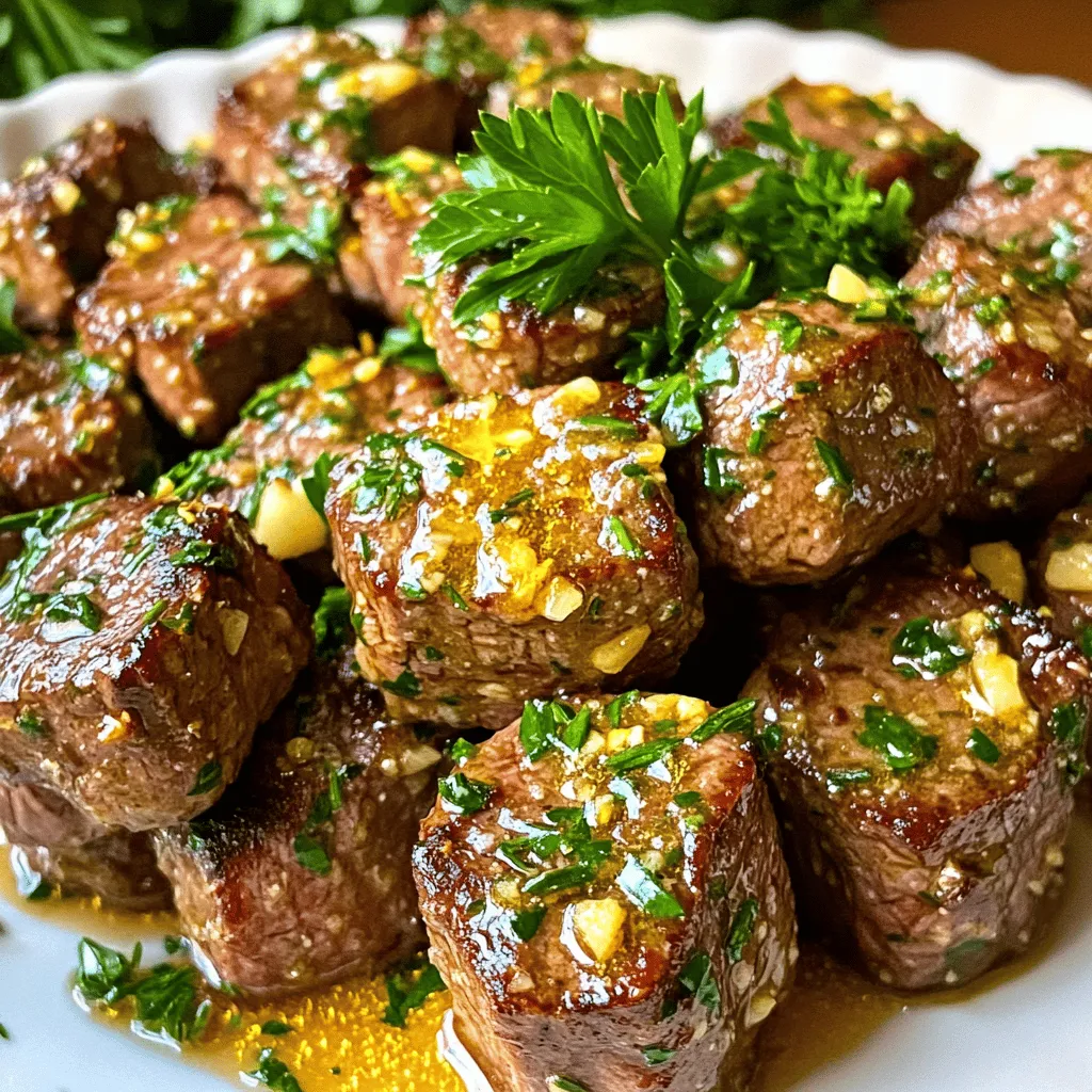 To make Garlic Butter Steak Bites, you need some key items. Here’s what you will need: - 1 lb (450g) steak (such as sirloin or ribeye), cut into 1-inch cubes - 4 tablespoons unsalted butter - 4 cloves garlic, minced - 1 tablespoon fresh rosemary, finely chopped (or 1 teaspoon dried rosemary) - 1 tablespoon fresh thyme leaves (or 1 teaspoon dried thyme) - Salt and pepper, to taste - 1 tablespoon olive oil - Fresh parsley, chopped, for garnishing These ingredients create a rich, buttery flavor that makes each bite so tasty. While the main ingredients are fantastic, you can add a few extra items for even more taste. Consider these options: - 1 tablespoon of Worcestershire sauce for depth - A splash of balsamic vinegar for a hint of sweetness - Red pepper flakes for some heat These optional items can really enhance the flavor of your steak bites. Feel free to mix and match based on what you like! Choosing the right steak is crucial for great results. Here are some recommended cuts: - Sirloin: This cut is lean and has nice flavor. - Ribeye: Ribeye is juicy and very tender. It has great marbling. - Filet Mignon: This cut is super tender and perfect for a fancy dinner. Using these cuts will help you achieve the best taste and texture in your Garlic Butter Steak Bites. You can find the full recipe to guide you through the cooking process. To start, you need to prepare your steak bites. Cut 1 pound of steak into 1-inch cubes. I like using sirloin or ribeye for their great taste. Season the cubes generously with salt and pepper. Make sure each piece is coated well to enhance the flavor. This step is crucial for tasty steak bites. Next, heat a large skillet over medium-high heat. Add 1 tablespoon of olive oil and wait until it's hot and shimmering. Once ready, add the seasoned steak bites in a single layer. Avoid overcrowding the pan; this helps to get a nice sear. Cook the bites for about 2-3 minutes on each side. You want them to be golden-brown and cooked to your liking. I recommend medium rare for the best taste and tenderness. When done, remove the steak bites from the skillet and place them on a plate. Cover them loosely with aluminum foil to keep them warm. This will help them stay juicy while you make the garlic butter sauce. In the same skillet, lower the heat to medium and add 4 tablespoons of unsalted butter. Let it melt completely. Once melted, add 4 cloves of minced garlic, 1 tablespoon of chopped rosemary, and 1 tablespoon of fresh thyme. Stir the mix for 1-2 minutes until you can smell the great aroma. Be careful not to burn the garlic; it should be lightly golden. Now, return the steak bites to the skillet. Toss them gently in the garlic butter sauce. Ensure each piece gets well-coated. This adds tons of flavor and makes the steak bites even better. Finally, transfer everything to a serving platter. Drizzle any extra garlic butter over the top for an amazing finish. Garnish with chopped parsley for a fresh look. For the full recipe, check the earlier section. Enjoy your delicious garlic butter steak bites! To get the perfect steak doneness, you need to know your cuts. For steak bites, I suggest medium rare. This gives you a tender and juicy bite. Use a meat thermometer to check. Aim for 130°F (54°C) for medium rare. Remember, the steak will cook a bit more after you take it off the heat. To help gauge doneness without a thermometer, use the touch test. Press the center of the steak. If it feels soft, it’s rare. If it feels firm, it’s well done. Find the sweet spot between those two. For great flavor, season your steak well. Use salt and pepper before cooking. This helps bring out the meat's natural taste. You can also marinate the steak for more flavor. A simple mix of olive oil, garlic, and herbs works wonders. When cooking, add the garlic and herbs to the butter. This will release their flavors into the sauce. Toss the cooked steak bites in this garlic butter right after cooking. It coats them in rich flavor. A large skillet is your best friend for this recipe. Non-stick or cast iron works well. Make sure it’s hot before adding the steak. This helps achieve a nice sear. A good pair of tongs is also important. They help you flip the steak bites without losing juices. Finally, a sharp knife is key for slicing your steak into even cubes. This ensures even cooking and a great look on the plate. For the full recipe, refer to the previous section. Enjoy making these garlic butter steak bites! {{image_4}} You can change the flavor of garlic butter steak bites with different seasonings. Try adding a pinch of smoked paprika for a slight kick. If you love heat, sprinkle in some cayenne pepper. You may also use fresh herbs like basil or oregano. Each of these options will add a unique twist to your dish. Feel free to mix and match to find your favorite blend. Besides pan-searing, you can cook these steak bites on a grill or in an air fryer. Grilling adds a nice smoky flavor. Heat your grill to medium-high, then cook the bites for about 2-3 minutes per side. For air frying, preheat your air fryer to 400°F (200°C). Cook them for around 8-10 minutes, shaking the basket halfway through for even cooking. Both methods offer a tasty alternative to the stovetop. While sirloin and ribeye work well, you can use other cuts too. Flank steak gives a great flavor when cooked right. Tenderloin is another option, offering a buttery texture. For a leaner choice, consider using top round. Each cut has its own taste and texture, so don't hesitate to experiment and find what you love best. For the full recipe, check out the instructions and enjoy making these garlic butter steak bites! To store leftover garlic butter steak bites, let them cool first. Place the steak bites in an airtight container. You can keep them in the fridge for up to three days. Make sure to cover them to keep moisture in. This helps keep the flavors fresh. When you’re ready to enjoy them again, reheating is key. Use a skillet over low heat. This warms them gently, keeping the steak juicy. Add a little butter or olive oil to enhance the flavor. Stir often to heat evenly. You can also microwave them, but be careful not to overcook. Heat in short bursts, checking often for doneness. If you want to store them longer, freezing is a great option. Place the cooled steak bites in a freezer-safe bag or container. Remove as much air as possible to avoid freezer burn. They can last up to three months in the freezer. When you’re ready to eat, thaw them in the fridge overnight. For a quick option, use the microwave on the defrost setting. Once thawed, reheat them as mentioned above. This keeps them tasty and tender. Enjoy your delicious garlic butter steak bites anytime! For the full recipe, check out the main article. Garlic butter steak bites last about 3 to 4 days in the fridge. Store them in an airtight container. It's best to keep them separate from any sides. This way, they stay fresh longer. When you are ready to eat them, just reheat them gently on the stove or in the microwave. Yes, you can use different meats. Chicken, pork, or even shrimp work well. Just adjust the cooking time. Chicken should be cooked until it reaches 165°F (75°C). Pork should be cooked until it reaches 145°F (63°C). Shrimp only needs a few minutes until they turn pink and opaque. Garlic butter steak bites pair well with many sides. Here are some great options: - Creamy mashed potatoes - Crispy roasted vegetables - Fresh garden salad - Garlic bread - Rice pilaf These sides balance the rich flavors of the steak bites and make your meal complete. Check out the Full Recipe for more ideas on how to serve these delicious bites! In this article, we explored the ingredients and steps for making garlic butter steak bites. We discussed essential and optional ingredients, cooking methods, and tips for perfect doneness. Remember, good seasoning and the right cut of steak make a big difference. Try different variations and methods to find what you love best. Store leftovers properly and enjoy them later. With these tips, you can make tasty meals that impress your family and friends! Happy cooking!