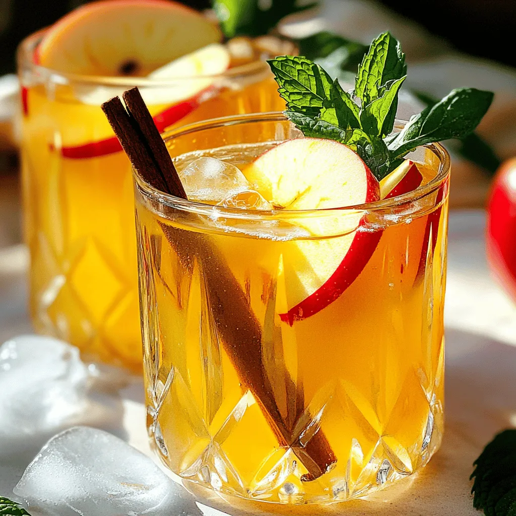 To make a sparkling apple cider mocktail, you need a few key ingredients. Here’s what you should gather: - 2 cups of crisp apple cider - 1 cup of effervescent sparkling water - 1 tablespoon of freshly squeezed lemon juice - 1/2 teaspoon of aromatic ground cinnamon These main ingredients give your drink its fresh and tangy flavor. Apple cider brings sweetness, while the sparkling water adds a fun fizz. If you like your drink sweeter, consider adding one of these options: - 1 tablespoon of honey - 1 tablespoon of agave syrup Both sweeteners mix well and enhance the apple flavor. You can adjust the amount based on your taste. Not everyone wants their mocktail sweet, so feel free to skip this step if you prefer a more tart drink. Garnishes make your mocktail look beautiful and add extra flavor. Here are my favorite choices: - Thin apple slices - Cinnamon sticks - Fresh mint leaves These garnishes not only look nice but also add a delightful aroma. When serving, take a moment to arrange them on each glass. It makes every sip feel special. Check out the Full Recipe for more details on preparation! Start by pouring 2 cups of crisp apple cider into a large pitcher. Next, add 1 tablespoon of freshly squeezed lemon juice. This will add a nice tang. Then, sprinkle in 1/2 teaspoon of aromatic ground cinnamon. Use a wooden spoon to gently stir the mixture until everything is well combined. This step creates a base full of flavor, making your mocktail truly special. If you like sweetness, now is the time to add 1 tablespoon of honey or agave syrup. Stir again until the sweetener dissolves fully. This will enhance the cider's natural sweetness and balance the tangy lemon. Finally, when it's time to serve, pour in 1 cup of effervescent sparkling water. Be gentle to keep the bubbles intact. Stir just once to mix without losing that fizzy goodness. Prepare four glasses by filling each with ice cubes. This keeps the drink cool and refreshing. Pour the sparkling apple cider mixture over the ice in each glass. For that beautiful touch, garnish each glass with thin apple slices, a cinnamon stick, and fresh mint leaves. This step not only looks great but also adds extra aroma and flavor with every sip. Enjoy your sparkling apple cider mocktail! Full Recipe can guide you through the process. To get the best fizz, use chilled sparkling water. Cold water keeps the bubbles longer. Add the sparkling water last. Stir gently to keep the fizz alive. If you mix too hard, you lose that sparkle. You can change the flavor with different fruits. Try adding orange juice for a citrus twist. Pomegranate juice also adds a fun color and taste. For extra spice, you can add more cinnamon or even some ginger. These tweaks keep your drink exciting and fresh. Presentation matters for a great mocktail. Use clear glasses to show off the drink's colors. Add ice cubes for a frosty look. Slice apples thin for garnish and place them on the rim. A cinnamon stick adds a nice touch and a pleasant smell. Mint leaves give it a pop of color and fresh flavor. These details make your mocktail not just tasty but also beautiful. For the full recipe, check out the Sparkling Apple Cider Mocktail . {{image_4}} You can easily switch up the flavors in your sparkling apple cider mocktail. For fall, try adding pumpkin spice or nutmeg to bring warmth. In spring, add a splash of orange juice for a zesty kick. Summer is perfect for fresh berries, like strawberries or raspberries, to give a fruity twist. In winter, experiment with pomegranate juice to add a festive flair. Fruit-infused mocktails are a fun way to enhance your drink. Add slices of fresh fruits like oranges, lemons, or limes for a bright touch. You can also toss in some berries or even diced peaches for sweetness. If you want a tropical vibe, why not add pineapple or mango? Let the fruits sit in the cider for a few minutes before serving. This allows the flavors to blend beautifully. If you're hosting adults, you can make a simple alcoholic version. Just add a splash of vodka or gin to each glass. It gives your drink a fun twist while still keeping the apple flavors front and center. You could also try adding a splash of champagne for a bubbly treat. Remember, this keeps the spirit of the mocktail while adding a little kick for your adult guests. For the full recipe, check out the details above. If you have leftover sparkling apple cider mocktail, store it in the fridge. Use an airtight container to keep it fresh. Drink it within two days for the best taste. The bubbles will fade over time, so enjoy it soon! To keep your mocktail fresh, follow these tips: - Keep it cool: Store the mocktail in the coldest part of your fridge. - Limit exposure: Pour only what you need into glasses. This helps keep the rest fizzy. - Avoid mixing: Don’t mix in the sparkling water until you’re ready to serve. This keeps the fizz alive. You can reuse the apple slices and mint leaves from the mocktail. Just rinse them well and store them in the fridge. They can add flavor to your next drink or freshen up a salad. You can also use the leftover apple cider in other recipes, like baked goods or marinades. Yes, you can prepare the apple cider mixture ahead of time. Mix the apple cider, lemon juice, and cinnamon in a pitcher. Keep it in the fridge until you’re ready to serve. Just add the sparkling water right before serving. This keeps the fizz fresh and bubbly. If you don’t have apple cider, try using unsweetened apple juice. It works well, too. For a unique twist, use pear juice or a mix of fruit juices. These options give you a different flavor but still taste great. Yes! You can skip the honey or agave syrup entirely. The apple cider is naturally sweet. If you want a bit more sweetness without sugar, use a sugar-free sweetener. Just add a small amount until you like the taste. Sparkling apple cider mocktails are fun and easy to make. We explored the main ingredients, suggested sweeteners, and tasty garnishes. I shared step-by-step instructions for mixing, serving, and adding your personal touch. I also provided tips for great fizz and flavor. You can try different seasonal flavors or fruit-infused styles too. Remember to store your leftovers properly to keep them fresh. By following these steps, you'll impress your guests with delicious mocktails every time. Enjoy your creations and get creative with your ingredients!