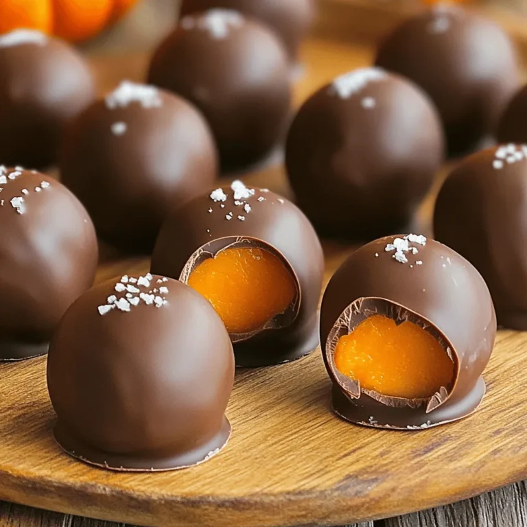 - 1 cup pumpkin puree - 1 ½ cups crushed graham crackers - ½ teaspoon pumpkin spice - ½ cup powdered sugar - 1 teaspoon vanilla extract - 8 oz dark chocolate - 1 tablespoon coconut oil - Flaky sea salt To create chocolate covered pumpkin truffles, you need simple yet flavorful ingredients. Start with pumpkin puree, either canned or homemade. This is the base for your truffles. Next, grab crushed graham crackers. They give the truffles a unique texture and sweetness. Pumpkin spice adds warmth and flavor. You can adjust the amount if you want a stronger taste. Powdered sugar sweetens the mixture, making each bite a delight. Vanilla extract rounds out the flavor profile beautifully. For the chocolate coating, use dark chocolate. It contrasts nicely with the sweetness of the truffles. Adding coconut oil to the chocolate helps it melt smoothly. Finally, a sprinkle of flaky sea salt on top enhances the flavor, making each truffle even more irresistible. - Mixing bowl - Spoon or spatula - Measuring cups and spoons - Parchment paper - Baking sheet - Double boiler or microwave-safe bowl You will need a few tools to make these truffles. A mixing bowl is essential for combining your ingredients. A spoon or spatula helps you mix everything well. Measuring cups and spoons ensure that your ingredients are precise. Parchment paper is key for lining your baking sheet. It keeps the truffles from sticking. You also need a baking sheet to hold the truffles while they chill. Finally, a double boiler or a microwave-safe bowl helps melt the chocolate evenly. With these ingredients and tools, you're ready to create chocolate covered pumpkin truffles that everyone will love. For the complete recipe, check out the Full Recipe link. Start by mixing the pumpkin puree with the dry ingredients. In a large bowl, add: - 1 cup pumpkin puree - 1 ½ cups crushed graham crackers - ½ teaspoon pumpkin spice - ½ cup powdered sugar - 1 teaspoon vanilla extract Use a spatula or wooden spoon to blend these together. Mix until you have a smooth, dough-like consistency. The mixture should be firm enough to hold its shape. Next, it’s time to shape the truffles. With clean hands, scoop out tablespoon-sized portions. Roll each portion into a ball, about 1 inch in diameter. Place the balls on a parchment-lined baking sheet. Make sure to space them apart. This helps them keep their shape. After shaping, cover the baking sheet with plastic wrap and chill in the fridge for about 30 minutes. While the truffles chill, let’s melt the chocolate. You can use a double boiler or the microwave. If you choose the double boiler, place a heatproof bowl over a pot of simmering water. Stir the chocolate and coconut oil together until smooth. If using the microwave, heat in 20-second bursts, stirring in between. Make sure the chocolate is silky before dipping. Once the truffles are chilled, it’s time to coat them. Dip each ball into the melted chocolate. Make sure it’s fully covered. Use a fork to lift it out, letting the excess chocolate drip back into the bowl. Place the coated truffles back on the parchment-lined sheet. While the chocolate is still wet, sprinkle a pinch of flaky sea salt on each truffle. This adds a burst of flavor that balances the sweetness. Let the truffles sit at room temperature until the chocolate sets. You can speed up this process by placing them in the fridge for about 15-20 minutes. Now, your delicious chocolate-covered pumpkin truffles are ready to enjoy. You can find the full recipe above for more details on each step. Chilling the truffles is key. It helps them hold their shape better when you dip them. After you roll the truffles, place them in the fridge for about 30 minutes. This step makes a big difference in texture. To roll smooth truffles, make sure your hands are clean and dry. Use a light touch as you form the balls. If your mixture is sticky, wet your hands slightly. This helps shape them without making a mess. Melting chocolate can be tricky. To melt chocolate evenly, I recommend using a double boiler. Fill a pot with a bit of water, then place a heatproof bowl on top. Stir the chocolate as it melts. This method prevents burning. If you want a nice shine, add a tablespoon of coconut oil to the chocolate. It will make your truffles look glossy and appealing. Get creative when it comes to serving. You can sprinkle a little cinnamon on top for extra flavor. Pumpkin seeds also add a nice crunch and look great on a dessert table. These truffles pair well with coffee or a spiced chai. Consider serving them at your next fall gathering or holiday party. They will surely impress your guests! For the full recipe, check the main section. {{image_4}} You can easily change the taste of your truffles. Try adding almond extract for a nutty twist. A bit of orange zest will give your truffles a fresh, fruity kick. You can also swap out the pumpkin spice for cinnamon or nutmeg. Each spice brings a new flavor to your truffles. If you need gluten-free options, look for gluten-free graham crackers. Many brands offer these, and they work just as well. For those who prefer dairy-free treats, use dairy-free chocolate for the coating. There are great dairy-free chocolate chips available that melt nicely. Want to make your truffles extra special? Roll them in crushed nuts like pecans or walnuts. This adds a nice crunch. You can also use colorful sprinkles for a fun look. If dark chocolate isn’t your thing, try coating the truffles in white chocolate instead. It adds a sweet, creamy flavor that pairs well with pumpkin. For the full recipe, check out the [Full Recipe]. To keep your chocolate covered pumpkin truffles fresh, store them in the fridge. The cool temperature helps maintain their texture and flavor. Place the truffles in an airtight container to prevent them from drying out. This way, they can stay yummy for up to one week. If you want to enjoy them longer, try to avoid leaving them out at room temperature for too long. If you want to save some truffles for later, freezing is a great option. First, place the truffles on a baking sheet, making sure they don’t touch. Freeze them for about an hour until they are firm. Once frozen, transfer the truffles to a freezer-safe bag or container. They can last for up to three months in the freezer. When you’re ready to enjoy them, simply take out the number of truffles you want. Let them thaw in the fridge for a few hours or at room temperature for about 30 minutes. Avoid using heat to thaw, as this can ruin their texture. Now they're ready to be devoured! Chocolate covered pumpkin truffles can last about one week in the fridge. Store them in an airtight container to keep them fresh. After a week, check for signs of spoilage, such as a change in smell or texture. If they feel sticky or smell off, it's best to toss them. Yes, you can easily make these truffles vegan! Use dairy-free chocolate instead of dark chocolate. Swap the coconut oil for a plant-based butter or more coconut oil. This keeps the rich flavor while making it suitable for a vegan diet. These truffles shine at holiday gatherings and parties. They also make great gifts for friends and family. Their festive look and delicious taste fit well with autumn themes. Serve them during Halloween, Thanksgiving, or any cozy get-together. Yes, you can find chocolate covered pumpkin truffles at many bakeries. Look for local shops that specialize in gourmet treats. Some popular brands also offer these truffles online. You can enjoy them without all the fuss of making them at home. For a homemade touch, check out the Full Recipe for a delightful DIY version! Creating chocolate covered pumpkin truffles is simple and fun. We covered key ingredients like pumpkin puree, graham crackers, and dark chocolate. You learned tools needed, step-by-step instructions, and tips for easy truffle-making. We also looked at flavors, variations, storage, and common questions. These truffles make a perfect treat for any occasion. Enjoy making these delightful bites and share them with friends! You’ll impress everyone with your tasty skills.
