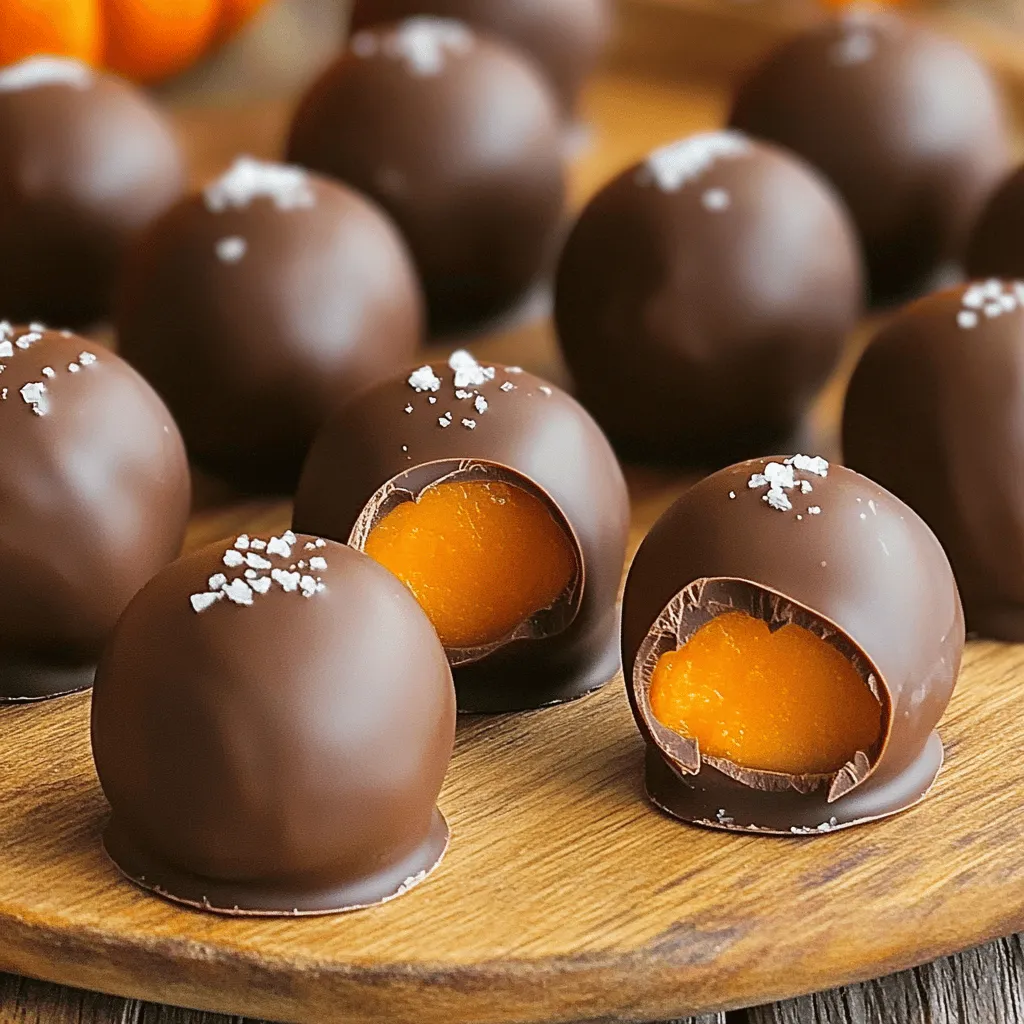 - 1 cup pumpkin puree - 1 ½ cups crushed graham crackers - ½ teaspoon pumpkin spice - ½ cup powdered sugar - 1 teaspoon vanilla extract - 8 oz dark chocolate - 1 tablespoon coconut oil - Flaky sea salt To create chocolate covered pumpkin truffles, you need simple yet flavorful ingredients. Start with pumpkin puree, either canned or homemade. This is the base for your truffles. Next, grab crushed graham crackers. They give the truffles a unique texture and sweetness. Pumpkin spice adds warmth and flavor. You can adjust the amount if you want a stronger taste. Powdered sugar sweetens the mixture, making each bite a delight. Vanilla extract rounds out the flavor profile beautifully. For the chocolate coating, use dark chocolate. It contrasts nicely with the sweetness of the truffles. Adding coconut oil to the chocolate helps it melt smoothly. Finally, a sprinkle of flaky sea salt on top enhances the flavor, making each truffle even more irresistible. - Mixing bowl - Spoon or spatula - Measuring cups and spoons - Parchment paper - Baking sheet - Double boiler or microwave-safe bowl You will need a few tools to make these truffles. A mixing bowl is essential for combining your ingredients. A spoon or spatula helps you mix everything well. Measuring cups and spoons ensure that your ingredients are precise. Parchment paper is key for lining your baking sheet. It keeps the truffles from sticking. You also need a baking sheet to hold the truffles while they chill. Finally, a double boiler or a microwave-safe bowl helps melt the chocolate evenly. With these ingredients and tools, you're ready to create chocolate covered pumpkin truffles that everyone will love. For the complete recipe, check out the Full Recipe link. Start by mixing the pumpkin puree with the dry ingredients. In a large bowl, add: - 1 cup pumpkin puree - 1 ½ cups crushed graham crackers - ½ teaspoon pumpkin spice - ½ cup powdered sugar - 1 teaspoon vanilla extract Use a spatula or wooden spoon to blend these together. Mix until you have a smooth, dough-like consistency. The mixture should be firm enough to hold its shape. Next, it’s time to shape the truffles. With clean hands, scoop out tablespoon-sized portions. Roll each portion into a ball, about 1 inch in diameter. Place the balls on a parchment-lined baking sheet. Make sure to space them apart. This helps them keep their shape. After shaping, cover the baking sheet with plastic wrap and chill in the fridge for about 30 minutes. While the truffles chill, let’s melt the chocolate. You can use a double boiler or the microwave. If you choose the double boiler, place a heatproof bowl over a pot of simmering water. Stir the chocolate and coconut oil together until smooth. If using the microwave, heat in 20-second bursts, stirring in between. Make sure the chocolate is silky before dipping. Once the truffles are chilled, it’s time to coat them. Dip each ball into the melted chocolate. Make sure it’s fully covered. Use a fork to lift it out, letting the excess chocolate drip back into the bowl. Place the coated truffles back on the parchment-lined sheet. While the chocolate is still wet, sprinkle a pinch of flaky sea salt on each truffle. This adds a burst of flavor that balances the sweetness. Let the truffles sit at room temperature until the chocolate sets. You can speed up this process by placing them in the fridge for about 15-20 minutes. Now, your delicious chocolate-covered pumpkin truffles are ready to enjoy. You can find the full recipe above for more details on each step. Chilling the truffles is key. It helps them hold their shape better when you dip them. After you roll the truffles, place them in the fridge for about 30 minutes. This step makes a big difference in texture. To roll smooth truffles, make sure your hands are clean and dry. Use a light touch as you form the balls. If your mixture is sticky, wet your hands slightly. This helps shape them without making a mess. Melting chocolate can be tricky. To melt chocolate evenly, I recommend using a double boiler. Fill a pot with a bit of water, then place a heatproof bowl on top. Stir the chocolate as it melts. This method prevents burning. If you want a nice shine, add a tablespoon of coconut oil to the chocolate. It will make your truffles look glossy and appealing. Get creative when it comes to serving. You can sprinkle a little cinnamon on top for extra flavor. Pumpkin seeds also add a nice crunch and look great on a dessert table. These truffles pair well with coffee or a spiced chai. Consider serving them at your next fall gathering or holiday party. They will surely impress your guests! For the full recipe, check the main section. {{image_4}} You can easily change the taste of your truffles. Try adding almond extract for a nutty twist. A bit of orange zest will give your truffles a fresh, fruity kick. You can also swap out the pumpkin spice for cinnamon or nutmeg. Each spice brings a new flavor to your truffles. If you need gluten-free options, look for gluten-free graham crackers. Many brands offer these, and they work just as well. For those who prefer dairy-free treats, use dairy-free chocolate for the coating. There are great dairy-free chocolate chips available that melt nicely. Want to make your truffles extra special? Roll them in crushed nuts like pecans or walnuts. This adds a nice crunch. You can also use colorful sprinkles for a fun look. If dark chocolate isn’t your thing, try coating the truffles in white chocolate instead. It adds a sweet, creamy flavor that pairs well with pumpkin. For the full recipe, check out the [Full Recipe]. To keep your chocolate covered pumpkin truffles fresh, store them in the fridge. The cool temperature helps maintain their texture and flavor. Place the truffles in an airtight container to prevent them from drying out. This way, they can stay yummy for up to one week. If you want to enjoy them longer, try to avoid leaving them out at room temperature for too long. If you want to save some truffles for later, freezing is a great option. First, place the truffles on a baking sheet, making sure they don’t touch. Freeze them for about an hour until they are firm. Once frozen, transfer the truffles to a freezer-safe bag or container. They can last for up to three months in the freezer. When you’re ready to enjoy them, simply take out the number of truffles you want. Let them thaw in the fridge for a few hours or at room temperature for about 30 minutes. Avoid using heat to thaw, as this can ruin their texture. Now they're ready to be devoured! Chocolate covered pumpkin truffles can last about one week in the fridge. Store them in an airtight container to keep them fresh. After a week, check for signs of spoilage, such as a change in smell or texture. If they feel sticky or smell off, it's best to toss them. Yes, you can easily make these truffles vegan! Use dairy-free chocolate instead of dark chocolate. Swap the coconut oil for a plant-based butter or more coconut oil. This keeps the rich flavor while making it suitable for a vegan diet. These truffles shine at holiday gatherings and parties. They also make great gifts for friends and family. Their festive look and delicious taste fit well with autumn themes. Serve them during Halloween, Thanksgiving, or any cozy get-together. Yes, you can find chocolate covered pumpkin truffles at many bakeries. Look for local shops that specialize in gourmet treats. Some popular brands also offer these truffles online. You can enjoy them without all the fuss of making them at home. For a homemade touch, check out the Full Recipe for a delightful DIY version! Creating chocolate covered pumpkin truffles is simple and fun. We covered key ingredients like pumpkin puree, graham crackers, and dark chocolate. You learned tools needed, step-by-step instructions, and tips for easy truffle-making. We also looked at flavors, variations, storage, and common questions. These truffles make a perfect treat for any occasion. Enjoy making these delightful bites and share them with friends! You’ll impress everyone with your tasty skills.