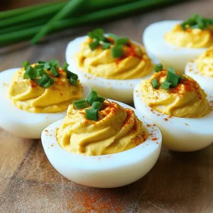 - 6 large eggs - 3 tablespoons mayonnaise - 1 teaspoon Dijon mustard - 1 teaspoon apple cider vinegar Classic deviled eggs start with large eggs. The eggs should be fresh for the best taste. You can boil them easily on the stove. The yolks become the base of the filling. Mayonnaise adds creaminess and flavor. I love using Dijon mustard for a slight tang. Apple cider vinegar brings brightness to the mix. - Salt and freshly ground black pepper - 1/4 teaspoon smoked paprika, plus more for garnish - 1 tablespoon fresh chives, finely chopped - 1 tablespoon dill pickles, finely diced Seasoning is key to great deviled eggs. Use salt and freshly ground black pepper to taste. Smoked paprika gives a lovely color and adds a smoky flavor. Fresh chives add a touch of onion flavor and color. Diced dill pickles give a nice crunch and tang. Try to balance all these flavors for the best result. For the full recipe, check out the details above. - Boiling Method: Start with 6 large eggs. Place them in a medium pot and cover with cold water. Set the pot over medium-high heat and bring it to a rolling boil. - Resting Period: Once boiling, cover the pot and remove it from heat. Let the eggs sit in the hot water for 12 minutes. This method makes the yolks creamy. - Cooling Process: After 12 minutes, move the eggs to an ice water bowl. Let them cool for about 5 minutes. This stops cooking and helps with peeling. - Peeling Tips: Tap each egg on a flat surface. Roll it gently to crack the shell. Peel under running water to help remove stubborn bits. - Mixing Ingredients: Slice each peeled egg in half lengthwise. Place the yolks in a bowl and set the whites aside. - Achieving the Right Consistency: Use a fork to mash the yolks. Add 3 tablespoons of mayonnaise, 1 teaspoon of Dijon mustard, and 1 teaspoon of apple cider vinegar. Season with salt, pepper, and 1/4 teaspoon of smoked paprika. Stir well until creamy. - Filling the Egg Whites: Spoon or pipe the yolk mixture into the egg whites. For a fancy touch, use a piping bag with a star tip. - Garnishing Tips: Dust the tops with smoked paprika and sprinkle with chopped chives. This adds color and flavor. You can find the full recipe and more tips in the [Full Recipe]. Enjoy your delicious deviled eggs! To get the best texture, balance your ingredients for creaminess. Use enough mayonnaise. It adds richness. The Dijon mustard gives a nice zing. Apple cider vinegar adds acidity, which brightens up the flavor. If the mixture is too thick, just add a little more mayo. Adjusting seasoning is key. Start with salt and pepper. Taste as you mix. Everyone has different preferences. Make it just right for you. A little smoked paprika adds depth. Plating can elevate your deviled eggs. Use a decorative platter to catch the eye. You can also arrange them in a circle. This makes a beautiful display. Add fresh greens or microgreens for color. Using decorative garnishes makes them stand out. A sprinkle of smoked paprika gives a pop. You might also use chives or tiny pickles on top. These touches make each bite more fun. One common mistake is overcooking the eggs. This leads to a greenish ring around the yolk. Follow the cooking times closely. It’s key to get creamy yolks. Inadequate cooling can also ruin your eggs. After cooking, plunge them into ice water. This stops the cooking right away. It also helps make peeling easier. A good peel means a better final look. For the full recipe, refer to the section above. {{image_4}} Deviled eggs are a blank canvas. You can add many flavors to make them unique. Here are two fun ideas: - Spicy Deviled Eggs with Sriracha: Mix in a bit of Sriracha for heat. Start with a teaspoon and adjust to taste. This will give your eggs a nice kick. - Herb-Infused Variations: Add fresh herbs like basil or parsley. They bring a fresh taste to the creamy filling. Use about 1 tablespoon of finely chopped herbs. If you want to adapt the recipe, there are simple swaps: - Low-Fat Alternatives: You can use Greek yogurt instead of mayonnaise. This adds creaminess without the extra fat. It also adds a tangy flavor. - Vegan Versions: For a vegan option, try using mashed avocado. It gives a rich taste and color. You can also use vegan mayo for a similar creamy texture. Different regions have their tasty takes on deviled eggs: - Deviled Eggs with Bacon: Add crispy bacon bits for a smoky flavor. This twist is popular in many Southern kitchens. Just mix in about 2 tablespoons of cooked bacon. - Mediterranean Deviled Eggs: Try adding feta cheese and olives. This gives a salty and savory taste. Use about 1/4 cup of crumbled feta for a creamy bite. Feel free to experiment with these ideas. You can make your classic deviled eggs special and fun. For the main recipe, check out the Full Recipe. To keep your deviled eggs fresh, place them in an airtight container. Use a layer of plastic wrap or foil to cover them. This helps to lock in moisture and flavor. Store them in the fridge right away. - Refrigeration Tips: Keep deviled eggs in the coldest part of the fridge. Avoid the door, as it has fluctuating temperatures. - How Long They Last: Leftover deviled eggs stay good for about 2 to 3 days. If you notice any changes in smell or texture, it's best to toss them. You may wonder if you can freeze deviled eggs. The answer is, it’s not the best idea. Freezing can change the texture of both the egg whites and the filling. - Can You Freeze Them?: If you must freeze them, separate the filling from the whites. This keeps the texture better. - Best Practices for Freezing: Place the filling in a freezer-safe bag. Store the egg whites in a separate container. Use them within a month for the best taste. When you want to enjoy your deviled egg leftovers, keep it simple. You can reheat them gently. - Ideal Methods for Enjoying Leftovers: The best way is to let them sit at room temperature for about 15 minutes. This brings back some of their original flavor. You can also use a microwave for a few seconds, but be careful not to overheat. Enjoy your deviled eggs with a fresh twist! To hard boil eggs well, start with fresh eggs. Place them in a pot and cover with cold water. Bring the water to a boil over medium-high heat. Once boiling, cover the pot and turn off the heat. Let the eggs sit for 12 minutes. This method gives you tender, creamy yolks without the green ring. Yes, you can prepare deviled eggs in advance. Make the filling and store it in the fridge. Fill the egg whites just before serving for the best taste and look. This keeps the eggs fresh and ready to impress your guests. If you want to skip mayonnaise, use Greek yogurt or avocado. Both options add creaminess and flavor. You can also try silken tofu for a vegan choice. Adjust the seasoning to match your taste. Green yolks happen when eggs are overcooked. The heat causes a reaction between the yolk and the white. To prevent this, follow the cooking method I shared. You'll enjoy vibrant yellow yolks every time. Deviled eggs are simple but delicious. You learn the key ingredients and steps needed. We covered cooking, mixing, and garnishing. I shared tips for texture and plating along with common mistakes to avoid. You can also try fun variations for every taste. Store leftovers properly to enjoy later. With this guide, you can make perfect deviled eggs every time. Start cooking and impress your friends with your skills!