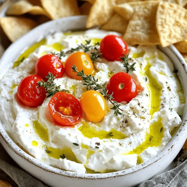 To make whipped feta dip, you need some key ingredients: - 1 cup crumbled feta cheese - 1/2 cup softened cream cheese - 1/4 cup creamy Greek yogurt - 2 tablespoons extra virgin olive oil - 1 tablespoon fresh lemon juice - 2 cloves garlic, minced finely - 1 teaspoon fresh thyme leaves (or 1/2 teaspoon dried thyme) - Salt and black pepper to taste These ingredients create a smooth and creamy base. The feta gives it a salty taste. The cream cheese and yogurt add richness. Olive oil adds a nice touch of flavor. Lemon juice brightens the dip, while garlic and thyme add depth. Toppings can elevate your dip and add color. Here are some great options: - Halved cherry tomatoes - Pitted olives - A sprinkle of fresh herbs Adding these toppings not only enhances the taste but also makes your dip look beautiful. Fresh herbs like parsley or basil pair well with feta's flavor. You can customize this dip with some easy swaps. If you want a lighter dip, use low-fat cream cheese or yogurt. For a vegan version, try using cashew cream instead of cream cheese. You can also use fresh herbs like oregano or dill in place of thyme. These changes let you enjoy the dip while fitting your taste or dietary needs. For the full recipe, you can refer to the recipe section above. Start by gathering your cheese ingredients. You need crumbled feta, cream cheese, and Greek yogurt. In a large bowl, mix them together. Make sure the cream cheese is soft. This helps it blend well. Use a spatula to combine them first. This step makes blending easier later. Next, grab your electric mixer or food processor. Blend the cheese mixture on medium speed. This should take about 2-3 minutes. You want it to be smooth and creamy. If you see lumps, keep blending. The goal is to make it fluffy. After blending, add olive oil, lemon juice, minced garlic, and thyme. Sprinkle in some salt and pepper. Blend again until everything is mixed well. Taste your dip and adjust seasoning if needed. When ready, transfer it to a nice bowl. Make a small well in the center and drizzle olive oil. For a pretty touch, add halved cherry tomatoes, olives, or fresh herbs on top. Serve it with pita chips or fresh veggies. Enjoy this creamy delight! For the full recipe, check out the Whipped Feta Delight Dip. To get the best texture, start with room-temperature cream cheese. It mixes better. Use a mixer or food processor for a smooth finish. Blend the cheeses for 2-3 minutes. This gives you a light and fluffy dip. If you want it creamier, add more yogurt or olive oil. The key to great flavor lies in your seasonings. Fresh garlic adds a strong kick. I love using fresh thyme. It brings a nice herbal touch. A squeeze of lemon juice brightens the dip. Taste as you go; adjust salt and pepper to your liking. If you want a little heat, add a pinch of red pepper flakes. Serve your whipped feta dip with crispy pita chips. Fresh veggies like carrots and cucumbers are great too. For a fun twist, use crusty bread. Garnish with cherry tomatoes or olives for color. This adds a nice pop to your dish. Explore different serving bowls to make it look fancy. You can find the Full Recipe above for more details. {{image_4}} To create a Mediterranean twist, add sun-dried tomatoes and black olives. These ingredients bring a burst of flavor that pairs perfectly with feta. You might also include fresh basil or mint for a refreshing note. Serve this dip with warm pita bread or crunchy veggies for a delightful snack. If you love heat, consider adding red pepper flakes or diced jalapeños. This will give your dip a fiery kick. You can also mix in a splash of hot sauce for an extra layer of flavor. Try serving with spicy tortilla chips or crispy celery sticks for a fun twist. For a vegan version, swap the feta and cream cheese for silken tofu and nutritional yeast. Blend them together with olive oil and lemon juice. This mix creates a creamy base that tastes great. Add your favorite herbs and spices for added flavor. Serve with fresh veggies for a healthy snack. Explore the [Full Recipe] to make your own whipped feta dip and customize it with these variations! To store whipped feta dip, place it in an airtight container. This keeps moisture out and flavors in. Make sure to press plastic wrap directly onto the dip before sealing the container. This extra layer helps prevent air from changing the dip's taste. You can enjoy whipped feta dip cold or warm. If you prefer it warm, gently heat it in the microwave. Start with 15 seconds, stir, and then heat in short bursts. Be careful not to overheat; you want it creamy, not hot. Whipped feta dip lasts about 4 to 5 days in the fridge. Check for any off odors or mold before using it. If it smells sour or looks different, toss it out. Freshness is key for this tasty dip! The best way to serve whipped feta dip is with a variety of dippers. I love using crispy pita chips, fresh veggies, or crusty bread. You can also pair it with crackers for added crunch. Place the dip in a nice bowl and drizzle some olive oil on top. Add colorful toppings like cherry tomatoes or olives for a pop of color. This makes the dip look great and taste even better. Yes, you can make whipped feta dip ahead of time. It stays fresh in the fridge for up to three days. Just store it in an airtight container. When you’re ready to serve, give it a quick stir. This keeps it creamy and smooth. If it thickens, add a little olive oil or yogurt to loosen it up. This way, you save time when guests arrive. If your dip is too salty, don't worry. You can fix it! Add a little more cream cheese or Greek yogurt to balance the salt. Blend it well to mix. You can also add a splash of lemon juice. This brings freshness and brightens the flavor. If you’re in a pinch, a pinch of sugar can help too. Taste as you go, so you get the flavor just right. We explored all about whipped feta dip, from essential ingredients to fun variations. You learned how to create a creamy dip that impresses friends. Remember, you can customize toppings and even make vegan options. Proper storage keeps your dip fresh and tasty. With these tips, whipping up this dish is easy and fun. Enjoy sharing your whipped feta dip at your next gathering. Trust me, it’s a crowd-pleaser!
