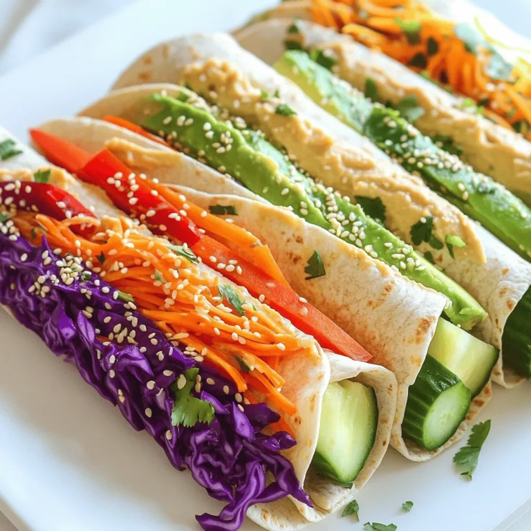 To make delicious Rainbow Veggie Wraps, gather these fresh ingredients: - 4 large whole wheat tortillas - 1 cup of your favorite hummus - 1 cup shredded carrots - 1 cup red bell pepper, thinly sliced - 1 cup cucumbers, julienned - 1 cup purple cabbage, shredded - 1 ripe avocado, sliced - 1 cup fresh spinach leaves - 2 tablespoons sesame seeds (optional) - Salt and pepper to taste - Fresh herbs like cilantro or basil for garnish (optional) Each ingredient brings unique flavors and colors to your wraps. Whole wheat tortillas provide a healthy base. Hummus adds creaminess and taste. Shredded carrots offer crunch and sweetness. Red bell pepper adds vibrant color and a mild flavor. Cucumbers bring a refreshing crunch, while purple cabbage adds a nice texture. Avocado gives a creamy richness. Fresh spinach leaves add nutrition and color. You can sprinkle sesame seeds for extra crunch. Optional toppings like fresh herbs enhance the taste and look of your wraps. A pinch of salt and pepper brings all the flavors together. For the full recipe, check out the entire section. Start by washing all your vegetables. This keeps them fresh and clean. First, rinse the cucumbers, carrots, red bell pepper, purple cabbage, and spinach under cold water. Pat them dry with a clean towel. Next, slice the cucumbers into thin sticks. Shred the carrots and purple cabbage using a grater. For the red bell pepper, cut it into thin slices. Lastly, slice the ripe avocado carefully to avoid any bruising. When you are ready to spread the hummus, take a large spoonful. Place it in the center of each tortilla. Use the back of the spoon to spread it evenly. Leave about an inch of space from the edges. This helps to fill the wrap without making a mess. Now it's time to build your wrap. Start by laying a handful of fresh spinach leaves in the center of each tortilla. Next, add a layer of shredded carrots, followed by the red bell pepper slices. Then, place the cucumber sticks, shredded cabbage, and avocado slices on top. Lightly sprinkle salt and pepper over the veggies to boost their flavor. If you like, add some sesame seeds for a crunchy texture. To roll your wrap, begin at one end. Tuck the filling tightly as you roll towards the other end. Be sure to fold in the sides as you go. This helps keep all the tasty fillings secure. Once you have rolled all the wraps, grab a sharp knife. Cut each wrap in half diagonally. This shows off the bright, colorful layers inside. Now, arrange your cut wraps on a serving platter. If you want, sprinkle some fresh herbs like cilantro or basil on top for a lovely touch. Try this full recipe to enjoy a fresh and flavorful meal! You can swap or add veggies based on what you have. Here are some ideas: - Use zucchini or yellow squash for a different taste. - Try radishes for a crunchy bite. - Sweet potato adds natural sweetness when roasted. - Bell pepper colors can change based on what’s fresh. For spreads, think outside the box: - Guacamole gives a creamy touch. - Tzatziki adds a fresh, tangy flavor. - Try a spicy hummus for a kick. Make your wraps look great for any gathering. Cut them into smaller pieces for easy sharing. Arrange them on a colorful plate. You can also use a large platter and create a rainbow effect with the veggies. Add fresh herbs on top for a pop of color. Pair your wraps with tasty dips: - A simple yogurt sauce works well. - Try a spicy salsa for heat. - Peanut sauce can add a nice twist. For a fun touch, serve the wraps with toothpicks. This makes them easier to grab and enjoy. For the full recipe, check out the Rainbow Veggie Wraps section. {{image_4}} You can make these rainbow veggie wraps even more exciting. Adding protein boosts flavor and fills you up. Grilled chicken, shrimp, or tofu works great. Just slice them thin and layer them in the wrap. You can also mix in herbs and spices. Fresh cilantro or basil adds a tasty kick. Want a bit of heat? Add sliced jalapeños or a dash of hot sauce. For a zesty touch, try a sprinkle of lemon juice or a bit of garlic powder. These small changes can turn a simple wrap into a flavor explosion. These wraps are easy to adjust for different diets. If you need gluten-free options, use gluten-free tortillas. Many brands offer great taste without gluten. For a vegan version, skip the chicken or shrimp. The fresh veggies and hummus keep it tasty and filling. If you want lower calories or low-carb options, swap the tortilla for lettuce leaves. This keeps the wraps light and fresh. You can also reduce the hummus or use a low-calorie spread. These tweaks help you enjoy the wraps while sticking to your goals. For the complete recipe, check out the [Full Recipe]. To keep your Rainbow Veggie Wraps fresh, store them in a sealed container. Wrap each one in parchment paper or plastic wrap. This helps prevent them from drying out. If you make wraps in advance, place a paper towel in the container. This will absorb excess moisture and keep them crisp. If you want to meal-prep, assemble the ingredients without rolling them. Store the veggies and hummus separately. When ready to eat, just spread the hummus and roll. This keeps everything fresh and tasty. You can keep your wraps in the fridge for about three days. After that, they may start to lose their crunch and flavor. Check for any signs of spoilage like a sour smell or slimy texture. If you see these signs, it's best to throw them away. Enjoy your wraps while they are still fresh for the best taste! To make your Rainbow Veggie Wraps more filling, you can add proteins or grains. Here are some suggestions: - Grilled chicken for a meaty option - Tofu or tempeh for a plant-based choice - Quinoa or brown rice for hearty grains - Chickpeas or black beans for extra fiber These ingredients not only add bulk but also enhance the flavor and nutrition. Yes! You can prepare Rainbow Veggie Wraps ahead of time. Here are some tips to make it easy: - Prep all your veggies a day before. Store them in airtight containers to keep them fresh. - Spread hummus on the tortillas and stack them in the fridge. Just add the veggies when you’re ready to eat. - Roll the wraps tightly and wrap them in plastic for easy storage. This way, you can enjoy your wraps without much hassle. Rainbow Veggie Wraps pair well with various sides and drinks. Here are some ideas: - Fresh fruit salad for a sweet touch - Crispy sweet potato fries for a fun crunch - A light soup, like tomato or vegetable, to warm up your meal - Sparkling water or herbal tea for a refreshing drink These options complement the flavors of the wraps and make for a balanced meal. These rainbow veggie wraps are easy and fun to make. We covered the key ingredients, their preparation, and how to assemble each wrap. I shared tips on ingredient swaps and how to make your wraps look great. You can also try different flavors and adapt the recipe for various diets. When stored correctly, these wraps stay fresh and tasty. Now, get creative and enjoy making these vibrant, healthy meals!