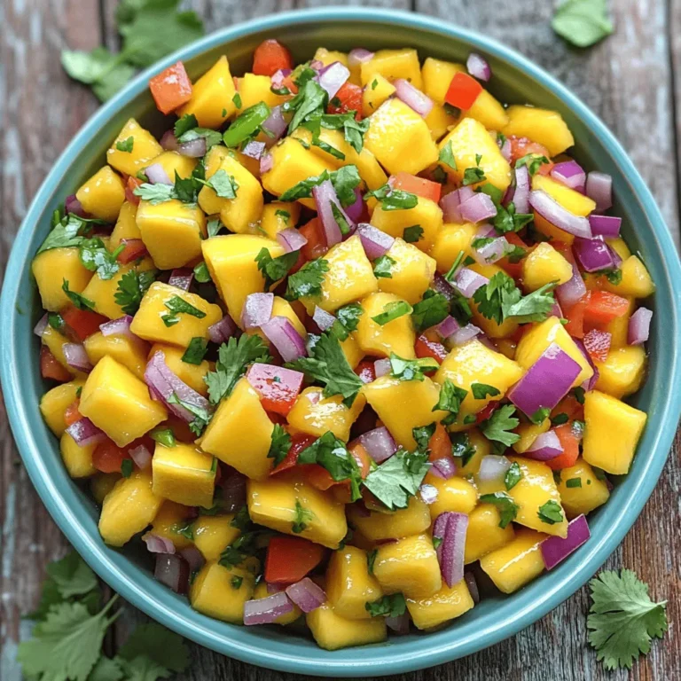 - 2 ripe mangos, peeled and diced - 1 small red onion, finely chopped - 1 red bell pepper, diced - 1 jalapeño pepper, seeded and minced - 2 tablespoons freshly squeezed lime juice - 1 tablespoon honey or agave syrup - 1/4 cup fresh cilantro, finely chopped - Salt and freshly cracked black pepper to taste A serving of spicy mango salsa has about: - Calories: 70 - Fat: 0.5g - Protein: 1g - Carbohydrates: 18g - Fiber: 2g Mangos are rich in vitamins A and C. They support skin health and boost your immune system. Red bell peppers add vitamin C and antioxidants. Jalapeños provide capsaicin, which can help with metabolism. Fresh cilantro is good for digestion and adds flavor without calories. Together, these ingredients make your salsa not just tasty, but also healthy! To make your spicy mango salsa, start by gathering your ingredients. In a medium bowl, combine the diced mangos, red onion, and bell pepper. Use a spatula to mix gently. This helps keep the salsa fresh and colorful. Next, add the minced jalapeño pepper. If you want less heat, start with a small amount. You can always add more later. Drizzle the lime juice over the mixture. Then, add honey or agave syrup. Mix lightly to coat everything without mashing the mangos. Now, fold in the chopped cilantro. Season your salsa with salt and freshly cracked black pepper. Be sure not to overmix; you want that nice salsa texture! Let the salsa rest at room temperature for about 15 minutes. This step helps all the flavors blend well. You can serve the salsa chilled or at room temperature. It goes great with tortilla chips or as a topping for grilled fish or chicken. You can adjust the spice level by adding more or less jalapeño. Start small if you're unsure. The resting time is also key. Letting the salsa sit allows the flavors to mix. This extra time makes a big difference in taste! For a better idea of the process, I recommend watching a video demonstration. Seeing the steps can help you feel more confident in making your salsa. You can find useful videos online that show the exact mixing and serving techniques. Spicy mango salsa shines with many dishes. It pairs well with crispy tortilla chips. The crunch complements the fresh salsa nicely. You can also serve it with grilled fish or chicken. The salsa adds a sweet and spicy kick to these proteins. For a great presentation, use a colorful bowl. Garnish with lime wedges and extra cilantro leaves. This makes the dish look fresh and inviting. If you have dietary needs, you can swap some ingredients. Use green onions instead of red onion for a milder taste. If you're avoiding sugar, skip the honey or agave syrup. For a sweeter salsa, add more mango or a touch of pineapple. To spice it up, include more jalapeño or add a dash of hot sauce. Adjusting the salsa to your taste makes it perfect for you. Choosing ripe mangos is key to great flavor. Look for mangos that feel slightly soft when you squeeze them. Their skin should have a rich color, usually yellow or red. To enhance the flavor, let the salsa rest at room temperature. This allows the ingredients to meld together. A little lime juice brightens the taste and balances the sweetness. Enjoy this fresh and zesty salsa with your favorite meals! {{image_4}} You can easily change your spicy mango salsa by adding other fruits. Pineapple adds a nice tartness. Kiwi gives it a sweet twist. Both fruits blend well with mango. You can also add avocado for creaminess. The smooth texture balances the salsa's heat. Try using different herbs in your salsa. Mint brings a fresh taste. Basil offers a sweet hint. Both herbs can change the flavor profile. You can also play with different chilies. Mild poblanos work for less heat, while serranos add more kick. Adjust the spice to fit your taste! Seasons can inspire new salsa ideas. In the fall, try adding pumpkin and warming spices like cinnamon. This gives your salsa a cozy vibe. Winter is perfect for citrus fruits like oranges or grapefruits. They add a bright flavor that warms up any dish. Each season brings a new twist to your salsa! For more ideas, check out the Full Recipe for spicy mango salsa. To keep your spicy mango salsa fresh, store it in an airtight container. Glass or plastic containers work well. Make sure to seal it tight to avoid air exposure. Place the container in the fridge right after serving. This helps maintain its vibrant taste and texture. Your spicy mango salsa will last about 3 to 5 days in the fridge. Keep an eye out for signs of spoilage. If the colors fade or it develops a sour smell, it’s time to toss it. Mold is another clear sign that it’s no longer safe to eat. Yes, you can freeze mango salsa! Just use a freezer-safe container or a resealable bag. Leave some space for expansion as it freezes. When you’re ready to enjoy it again, thaw it in the fridge overnight. To serve, mix it well; the flavors will still be bright and delicious! To adjust the spice, start with less jalapeño. You can always add more later. If you want it milder, remove the seeds and membranes. For more heat, add diced jalapeño or even a serrano pepper. You can also mix in a pinch of cayenne pepper for a kick. Remember to taste as you go! Yes, you can make spicy mango salsa ahead of time! Prepare it up to 24 hours in advance. Store it in an airtight container in the fridge. This helps the flavors meld together. Just give it a quick stir before serving. Freshness is key, so try to eat it within a couple of days. Spicy mango salsa fits many dishes. Here are some great pairings: - Grilled chicken or fish - Tacos or burritos - Rice bowls - Crispy tortilla chips - Quesadillas This salsa adds a fresh burst of flavor to any meal. Yes, spicy mango salsa is healthy! It is low in calories and full of nutrients. Mangos are rich in vitamins A and C. They also provide fiber. Peppers add antioxidants and boost your metabolism. This salsa is a great way to enjoy fresh ingredients while keeping your meals light and tasty. This spicy mango salsa is fresh, easy to make, and full of flavor. You learned about the key ingredients, their health benefits, and how to prepare the salsa step-by-step. Remember to adjust spice levels and pair it with your favorite dishes for the best taste. You can also get creative with variations or try out different storage methods to keep it fresh. Enjoy making your salsa, and have fun exploring all the tasty options!