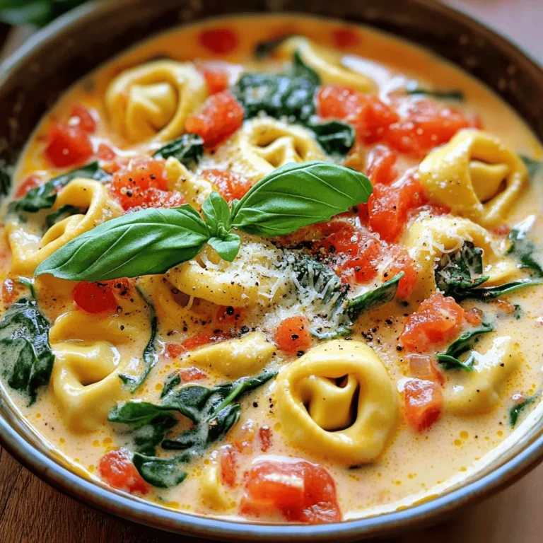 For this creamy dish, you will need: - 2 cups cheese tortellini (fresh or frozen) - 1 can (14 oz) diced tomatoes, including juices - 2 cups vegetable broth - 1 cup heavy cream (or coconut cream) - 1 cup fresh spinach, roughly chopped - 1/2 cup freshly grated Parmesan cheese (plus extra for serving) - 2 cloves garlic, minced finely - 1 teaspoon dried basil (or 1 tablespoon fresh basil, chopped finely) - 1 teaspoon onion powder - Salt and pepper to taste - 1 tablespoon extra virgin olive oil - Fresh basil leaves for garnish You can add your own twist to this dish! Here are some ideas: - Cherry tomatoes for extra sweetness - Red pepper flakes for heat - Mushrooms, sautéed for an earthy flavor - Zucchini, diced for added texture - A splash of lemon juice for brightness You don’t need much to make this dish. Here’s what you’ll need: - A large pot or deep skillet - A spatula for stirring - A cutting board and knife for chopping - Measuring cups and spoons for precise amounts These simple ingredients and tools will help you create a delightful meal. Enjoy the process as you bring this creamy tomato basil tortellini to life! For the full recipe, check out the details above! First, gather your ingredients. Keep them nearby for easy access. Heat a large pot over medium heat. Add one tablespoon of extra virgin olive oil. Once the oil is hot, toss in two cloves of minced garlic. Sauté the garlic for 1-2 minutes. Stir it often so it doesn’t burn. You want it to smell great and turn golden. Next, open your can of diced tomatoes. Pour the tomatoes, with their juices, into the pot. Then, add two cups of vegetable broth. Use a spatula to mix everything well. The flavors need to blend together. Now, let’s bring the mixture to a gentle boil. Increase the heat until you see bubbles. Once boiling, add two cups of cheese tortellini. Stir gently to coat them in the sauce. Reduce the heat to a simmer. Cook for 5-7 minutes, stirring occasionally. The tortellini should be tender and cooked through. After the tortellini are done, lower the heat. Mix in one cup of heavy cream or coconut cream. Add one cup of chopped spinach and half a cup of grated Parmesan cheese. Don’t forget one teaspoon of dried basil and one teaspoon of onion powder. Stir everything until well combined. The spinach will wilt nicely. Let the sauce simmer for 2-3 more minutes. Stir occasionally to avoid sticking. The sauce should thicken slightly. Now, taste it. Add salt and pepper as needed. Once done, remove the pot from the heat. Let it rest for a couple of minutes. This helps the flavors meld together. For serving, use shallow bowls. Top with extra Parmesan cheese and fresh basil leaves. Enjoy the creamy tortellini with a slice of crusty bread on the side. For the complete recipe, check out the Full Recipe for One-Pot Creamy Tomato Basil Tortellini. To get that smooth, creamy texture, use heavy cream. You can also try coconut cream for a lighter taste. When you add the cream, lower the heat. This helps the cream blend well without curdling. Stir it in slowly to keep everything mixed. Garnishes can make your dish look great and taste better. I suggest using fresh basil leaves on top. They add color and a nice aroma. Grated Parmesan cheese is a must for extra flavor. A drizzle of olive oil can also enhance the look and taste. Want to save time? Use pre-made cheese tortellini. This cuts down your cooking time. You can also chop your spinach and garlic ahead of time. Keep them in the fridge for quick use. If you want to make this dish even faster, prepare the sauce while the tortellini cook. This way, you’ll have a meal ready in no time. For the full recipe, check out the detailed instructions above. {{image_4}} You can easily make this dish vegetarian. Simply use vegetable broth and heavy cream. For a vegan version, switch to coconut cream. Make sure to choose vegan tortellini. You can find many brands that offer plant-based options. This way, you still enjoy rich flavors without animal products. Adding more veggies like mushrooms or bell peppers can boost nutrition and taste. If you want extra protein, consider adding cooked chicken or sausage. You can also use shrimp for a seafood twist. Just add your choice of protein when cooking the tortellini. This adds flavor and makes the dish more filling. For a plant-based option, add chickpeas or lentils. They blend well and enhance the creamy sauce. Feel free to switch up the sauce for a new taste. Try adding pesto for a fresh twist. A splash of balsamic vinegar can add depth. If you want heat, toss in some red pepper flakes. For a different flavor, experiment with herbs like oregano or thyme. These changes can create a unique dish every time you make it. You can explore countless flavor profiles while still enjoying the creamy base of this recipe. For the full recipe, check out the instructions provided above. After enjoying your One-Pot Creamy Tomato Basil Tortellini, store any leftovers in an airtight container. Make sure the dish cools down before sealing it. Store it in the fridge for up to three days. Keeping it tightly sealed helps prevent it from absorbing other odors in the fridge. When you’re ready to enjoy the leftovers, reheat them gently. Place the tortellini in a saucepan over low heat. Add a splash of vegetable broth or cream to help thin the sauce. Stir often to avoid sticking. Heat until warm, about five to seven minutes. You can also use a microwave. Transfer the tortellini to a microwave-safe bowl. Heat in short bursts, about 30 seconds each, stirring in between. You can freeze this dish if you want to save it for later. Allow the tortellini to cool completely. Then, place it in a freezer-safe container or bag. Be sure to remove as much air as possible to avoid freezer burn. It can last up to three months in the freezer. To thaw, move it to the fridge overnight. Reheat as described above for the best taste and texture. Enjoy your delicious meal anytime! Yes, you can use frozen tortellini in this recipe. Just add it directly to the pot without thawing. Frozen tortellini cooks well in the creamy sauce. It saves time and gives you a delicious meal. To make this dish gluten-free, use gluten-free tortellini. Many brands offer great options made from rice or other gluten-free grains. Check the package for cooking instructions, as they may differ from regular tortellini. You can substitute heavy cream with coconut cream for a lighter option. This gives a nice flavor and keeps it creamy. Almond milk or soy milk can also work, but they may not be as rich. In this article, we explored how to make a creamy tomato basil tortellini. You learned about key ingredients, equipment needed, and step-by-step instructions for cooking. We also shared helpful tips for achieving the perfect creaminess and offered variations to suit different tastes. Storing and reheating tips ensure you can enjoy leftovers. Now you’re ready to create a delicious dish that satisfies everyone. With a little creativity, you can make it your own! Enjoy your cooking journey!